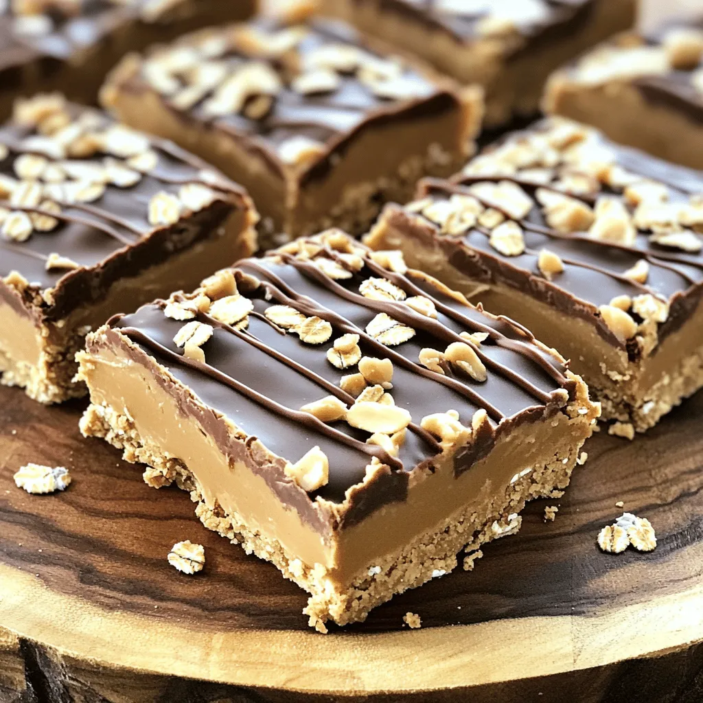 - 1 cup creamy peanut butter - 1 cup rolled oats - 1/2 cup honey or maple syrup - 1/2 cup graham cracker crumbs - 1/4 cup chocolate chips (dark or milk chocolate) - 1/4 teaspoon vanilla extract - Pinch of salt To make no-bake peanut butter bars, you need a few key ingredients. Each one plays an important role in the texture and flavor. The creamy peanut butter gives a rich taste. Rolled oats add a chewy texture. Honey adds sweetness and binds everything together. Graham cracker crumbs give a nice crunch. Chocolate chips add that sweet touch, making the bars even more enjoyable. The vanilla and salt balance the flavors. If you don't have honey, you can use agave or brown sugar. They work great as sweeteners, too. For a different flavor, swap creamy peanut butter for almond or cashew butter. This change can add a fun twist! If you need gluten-free options, look for gluten-free graham crackers. This way, everyone can enjoy these tasty bars. For the full recipe, visit the cooking section. 1. Start by placing 1 cup of creamy peanut butter and 1/2 cup of honey (or maple syrup) in a large bowl. Mix these two well using a sturdy spatula. I like to blend until it is smooth and creamy. 2. Next, add 1 cup of rolled oats, 1/2 cup of graham cracker crumbs, 1/4 teaspoon of vanilla extract, and a pinch of salt. Stir everything together. You want it to look like a sticky dough. 3. Now it’s time to fold in 1/4 cup of chocolate chips. Gently mix them into the dough. This way, they stay whole and add nice bites of chocolate. 1. Grab an 8x8 inch square baking pan. Line it with parchment paper. Make sure to leave some paper hanging over the sides. This will help you lift the bars out later. 2. Pour the peanut butter mixture into the pan. Use the back of your spatula to press it down. You want a compact layer that holds together well. 1. Put the pan in the fridge. Let it chill for at least 1 hour. This helps the bars set up nicely. 2. When they are ready, take the pan out of the fridge. Use the parchment paper to lift the whole block out. Place it on a cutting board and slice it into squares or rectangles. For a great treat, store any leftovers in an airtight container. They stay fresh in the fridge for up to a week. Enjoy your no-bake peanut butter bars! To get the best no-bake peanut butter bars, start with a compact mixture. A firm mix helps the bars hold their shape well. Press the mixture firmly into the pan. This step makes a big difference. For optimal results, chill the bars in the fridge for at least an hour. This helps them set properly and enhances their texture. Make your bars look great by drizzling melted chocolate on top. This adds a rich flavor and a nice finish. You can also add toppings like chopped nuts, shredded coconut, or a sprinkle of sea salt. These extras not only make your bars pretty but also add a fun crunch. One mistake is overmixing the ingredients. This can make the bars too soft. Mix just enough to combine everything. Another common error is not chilling the bars long enough. If you don’t chill them enough, they might not hold together when you cut them. Make sure to allow the full chilling time for the best results. {{image_4}} You can easily change the taste of your no-bake peanut butter bars. Adding spices like cinnamon or nutmeg can give a warm flavor. Just a pinch can brighten the taste. You can also try using extracts like almond or coconut. A few drops will add a nice twist to the bars. Get creative with these flavors to make them your own! If you want vegan no-bake peanut butter bars, swap honey for maple syrup. This keeps the bars plant-based and still tasty. You can also add protein powder for a boost. This option is great if you need more energy or want to refuel after a workout. Just mix in your favorite protein powder with the other ingredients. Seasonal flavors can make your bars special for holidays. In fall, add pumpkin spice for a cozy taste. In winter, a hint of peppermint can make the bars festive. Adjust your mix-ins to match the season. These small changes can bring new life to your no-bake peanut butter bars and make them fun for any occasion! For the full recipe, check out the full recipe section. To keep your no-bake peanut butter bars fresh, store them in an airtight container. This helps prevent moisture and keeps them tasty. I recommend placing a piece of parchment paper between layers to avoid sticking. You should refrigerate them for best results. The cool air helps maintain their texture and flavor. If you want to save some bars for later, freezing is a great choice. First, cut the bars into squares. Then, wrap each one in plastic wrap. Place them in a freezer bag or container. This method will help keep them fresh for up to three months. When you're ready to eat a bar, take it out and let it thaw at room temperature for about 15 to 30 minutes. You can also thaw them overnight in the fridge. These bars can last about one week in the fridge. Look for signs of spoilage. If you see any mold or if they smell off, it's best to throw them away. Fresh bars should have a nice peanut butter aroma and a firm texture. Enjoy your delicious no-bake peanut butter bars while they are at their best! To make no-bake peanut butter bars, you start by mixing peanut butter and honey in a bowl. Next, stir in rolled oats, graham cracker crumbs, and a pinch of salt. Mix until it forms a sticky dough. Then, fold in chocolate chips for sweetness. Press the mixture into a lined pan and chill it in the fridge for one hour. After chilling, cut into bars and enjoy! For a detailed recipe, check the Full Recipe. Yes, you can use natural peanut butter. It has a different texture and taste. Natural peanut butter is thicker and may need more mixing. It can also make the bars a bit crumbly. If you prefer a creamier texture, stick with creamy peanut butter. The flavor will be rich and delicious either way! These bars need to chill for at least one hour. This cooling time helps them set properly. If you chill them longer, they will hold their shape even better. If you want them firmer, leave them in the fridge for two hours. Just make sure to slice them after chilling, so they stay fresh. You can add many fun mix-ins to customize your bars! Try adding chopped nuts for crunch. Dried fruit like raisins or cranberries adds sweetness. You can even include seeds like chia or sunflower seeds for extra nutrition. For a chocolate boost, add cocoa powder or more chocolate chips. The options are endless! These no-bake peanut butter bars are tasty and easy to make. You learned about key ingredients and step-by-step instructions. We also explored substitutions to fit your needs, tips for the best texture, and ways to make the bars unique for any season or diet. Remember to store your bars properly for freshness. With these simple guidelines, you can enjoy delicious bars anytime. Get creative, have fun, and enjoy your tasty treat!