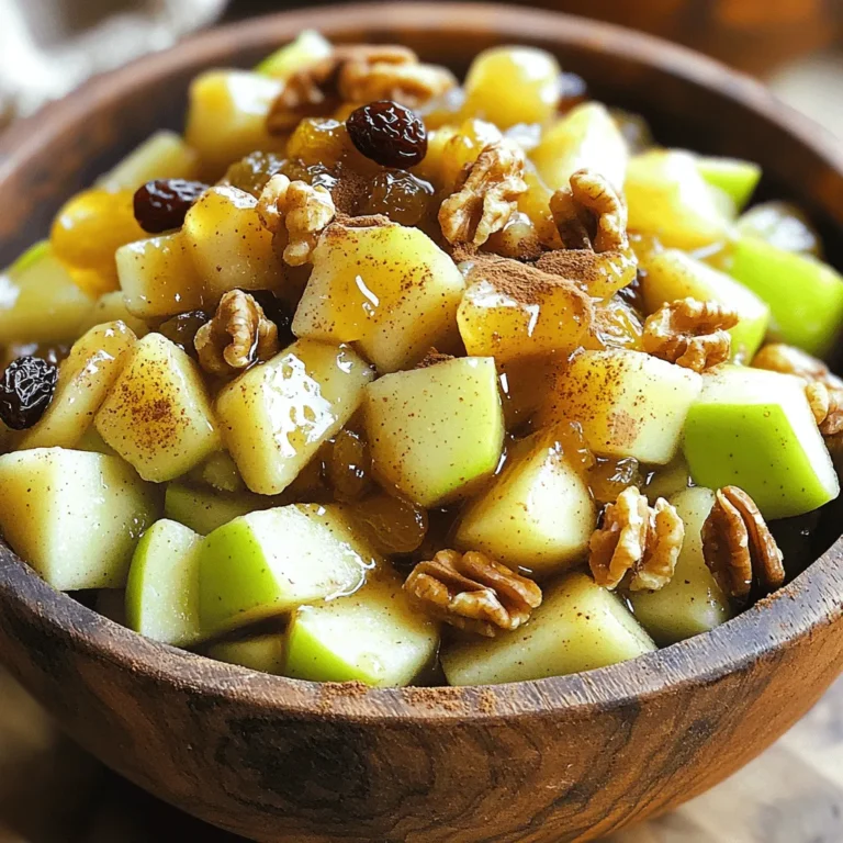 - 3 medium apples, peeled, cored, and diced into small cubes - 1 cup walnuts, finely chopped to enhance texture - 1 teaspoon ground cinnamon for warmth - 1/2 cup grape juice (preferably 100% juice for a natural flavor) - 2 tablespoons honey (or agave syrup for a vegan alternative) - 1/4 cup raisins for sweetness and chew - 1 tablespoon fresh lemon juice for brightness To make Passover charoset with grape juice, I focus on using fresh and quality ingredients. Apples are the star here. I love using sweet and crisp varieties like Fuji or Honeycrisp. They bring great flavor and texture. Walnuts give a nice crunch and a bit of richness. Ground cinnamon adds warmth and depth. Grape juice not only sweetens but also ties all the flavors together. - For a vegan option, swap honey for agave syrup. - If nuts are a concern, replace walnuts with sunflower seeds. I enjoy adapting recipes to fit different needs. If you want a vegan charoset, agave syrup works well in place of honey. If you want a nut-free version, sunflower seeds give a similar crunch without the allergens. - Choose firm apples that are not bruised. - Look for grape juice that is 100% juice without added sugars. When selecting apples, feel them in your hand. They should feel firm and solid. For grape juice, read the label. Aim for juices that are pure and natural. This choice enhances the taste of your charoset. For the full recipe, check the details above. Enjoy your cooking! - Dicing Apples and Chopping Walnuts Start by peeling, coring, and dicing three medium apples into small cubes. Use a sharp knife for safety and precision. Next, finely chop one cup of walnuts. This adds a nice crunch to your charoset. Make sure the apples and walnuts are mixed well in a large bowl. - Mixing Cinnamon with Apples and Walnuts Now, sprinkle one teaspoon of ground cinnamon over the apple and walnut mix. Toss everything gently to coat the pieces evenly. The scent of cinnamon will make your kitchen smell warm and inviting. - Whisking Ingredients Together In a small bowl, whisk together half a cup of grape juice, two tablespoons of honey (or agave syrup), and one tablespoon of fresh lemon juice. Make sure the mixture is smooth and well-blended. This juice mix will bring sweetness and tang to the charoset. - Tossing Mixture for Even Coating Carefully pour the grape juice mixture over the apple-walnut blend. Stir gently until everything is well coated. This ensures that each bite is full of flavor. Next, add a quarter cup of raisins to the mix. Give it another gentle stir to evenly distribute the raisins. - Serving Suggestions Cover the bowl with plastic wrap or a lid and place it in the refrigerator. Let it chill for at least one hour. This helps the flavors meld beautifully. For serving, transfer the charoset to a decorative platter or individual bowls. A light sprinkle of cinnamon on top adds visual appeal. You can find the full recipe [here]. To make the best charoset, chill it for at least one hour. This time helps the flavors mix well. The longer it sits, the better it tastes. If you have time, chill it overnight for even more flavor. For flavor enhancements, try adding spices. A pinch of nutmeg adds warmth. You can also mix in a splash of orange juice for a citrus twist. This makes your charoset unique and exciting. When serving, aim for a beautiful look. Place the charoset in a nice bowl. For eye appeal, sprinkle extra cinnamon on top. You can also add whole walnuts or a few raisins for color. These simple touches make your dish stand out. One common mistake is overmixing the ingredients. Mixing too much can turn the apples mushy. Instead, mix gently to keep the cubes intact. This keeps the texture fresh and enjoyable. Another mistake is using the wrong apple varieties. For charoset, use sweet apples like Honeycrisp or Fuji. Avoid tart apples, as they can spoil the flavor balance. Choosing the right apples makes a big difference in taste. {{image_4}} When I think of Passover charoset, I picture the classic blend of apples and nuts. The traditional recipe sticks to simple flavors. It uses just apples, walnuts, and a touch of cinnamon. This mix brings a sweet and nutty taste that feels like home. Modern takes on charoset can be more creative. You can add dried fruits like apricots or figs for a twist. Some people also like to mix in spices like nutmeg or ginger. These small changes can make your charoset unique, while still honoring its roots. If you need a gluten-free charoset, you're in luck! All the main ingredients are naturally gluten-free. Just double-check your walnuts and any additional ingredients for cross-contamination. For vegan options, swap honey with agave syrup. This keeps the sweetness without using animal products. If you want a low-sugar version, use less honey or agave. You can rely more on the natural sweetness of the apples and grapes. Charoset varies across cultures. For example, in Sephardic traditions, you may find charoset made with dates and red wine. This adds a rich, deep flavor. In Ashkenazi traditions, the apple and walnut combo is more common. You can also explore different styles, like adding pomegranate seeds for a fresh taste. Each variation tells a story of its own, connecting us to our heritage. So, feel free to experiment and find what speaks to you! For the full recipe, check out my Passover Charoset Delight. To keep your charoset fresh, refrigerate it right after making it. Place it in an airtight container. This helps keep the flavors strong and the texture nice. If you have leftovers, they will stay tasty in the fridge for several days. You can also freeze charoset if you want to save it for later. Use a freezer-safe container and leave some space at the top. This allows it to expand as it freezes. Just remember to thaw it in the fridge before serving. Charoset lasts about 3 to 5 days in the fridge. If you freeze it, it can last for about 3 months. Always check for any off smells or changes in texture before eating. This way, you can enjoy it at its best. When reheating charoset, do it gently. Use the microwave or a small pot. Heat it on low to keep it fresh. Stir it often to warm it evenly. You want to avoid cooking it too much. This helps maintain the great taste and texture you love. Passover Charoset is a sweet and chunky mix. It usually includes fruits, nuts, and wine or juice. This dish represents the mortar used by the Jewish people when they built in Egypt. It is an important part of the Passover Seder. During the Seder, we eat charoset to remember the hard work of our ancestors. The flavors remind us of the sweetness of freedom and the hope for a bright future. Yes, you can make Passover Charoset ahead of time. It is best to prepare it a day before. This allows the flavors to blend well. You should let it chill in the fridge for at least one hour. For best taste, the longer it sits, the better it becomes. Just cover it tightly to keep it fresh. Charoset pairs well with many foods. It goes nicely with matzah during Passover. You can also serve it with roasted meats or brisket. Some people like to add it to salads for a sweet crunch. Charoset's flavors balance well with savory dishes. Try it with cheese for a unique snack. This blog covered how to make Passover Charoset, from choosing the right ingredients to serving ideas. You learned about essential ingredients like apples and walnuts. I shared tips for easy substitutions and how to select quality items. You got step-by-step instructions, tricks for the best results, and variations to try. Proper storage and reheating tips help keep your Charoset fresh. Embrace this dish's significance and flavors. Enjoy making your own delicious Charoset this Passover!