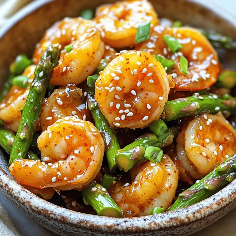 - Large shrimp (1 lb, peeled and deveined) - Fresh asparagus (1 bunch, trimmed and cut) - Sweet chili sauce (3 tablespoons) - Soy sauce (2 tablespoons) - Fresh lime juice (1 tablespoon) - Extra virgin olive oil (2 tablespoons) - Garlic (2 cloves, minced) - Fresh ginger (1 teaspoon, grated) - Salt and pepper (to taste) For this sweet chili shrimp with asparagus recipe, I focus on fresh, vibrant ingredients. First, choose large shrimp. They work well with the sauce and cook quickly. Next, fresh asparagus gives a nice crunch and color. Trim the ends to ensure they cook evenly. The marinade is the star of the dish. Sweet chili sauce adds a nice balance of heat and sweetness. Mix it with soy sauce for saltiness and lime juice for a bright kick. It’s simple but packs a punch. Extra virgin olive oil helps cook the shrimp and asparagus without burning. Garlic and ginger add layers of flavor that elevate the dish. Finally, season with salt and pepper to enhance everything. You can find the full recipe linked above to guide you through each step. Enjoy creating this flavorful delight! Whisk together sweet chili sauce, soy sauce, lime juice, garlic, and ginger. This mix will be full of flavor. It brings a nice balance of sweet and savory to the shrimp. Make sure it is well combined so each bite tastes great. Coat shrimp in the marinade and let sit for 15-20 minutes. This step is key for flavor. The shrimp soak up the marinade, making them tasty. You can use this time to prepare your asparagus. Sauté asparagus until tender-crisp, then season. Heat two tablespoons of extra virgin olive oil in a skillet. Add the asparagus and stir for about 3-4 minutes. The bright green color means they are cooked just right. Season lightly with salt and pepper to enhance their taste. Add marinated shrimp to the skillet, cooking until pink and opaque. Move the asparagus to one side of the skillet. Place shrimp in the center and cook for 2-3 minutes on each side. The shrimp will turn pink and opaque, showing they are ready. Pour remaining marinade over shrimp and asparagus, simmering to thicken. Let everything cook together for a minute. This allows the flavors to meld. The sauce will thicken slightly, coating both the shrimp and asparagus nicely. Garnish with sesame seeds and green onions before serving. This adds a nice crunch and fresh flavor. The dish will look bright and inviting. You can serve it on a large platter to showcase its colorful appeal. For the full recipe, check out the detailed steps above. To make the best Sweet Chili Shrimp with Asparagus, start with fresh shrimp. Look for shrimp that are firm and have a clean smell. They should be peeled and deveined. This step is crucial for the best taste and texture. The shrimp's color should be bright, not dull. Cook the asparagus over high heat. This helps it keep its bright color and crunch. You want the asparagus to be tender but still crisp. Sauté it for just a few minutes. Stir it often to get even cooking. High heat is key to making this dish vibrant and appealing. Serve the dish right after cooking for the best flavor. The shrimp should be juicy and the asparagus crisp. For a fresh touch, add lime wedges on the side. The lime juice adds a nice zing and brightens the flavors. This dish shines when served hot and fresh. You can find the full recipe in the earlier section. {{image_4}} You can add more color and crunch by mixing in bell peppers or snap peas. These veggies pair well with shrimp and asparagus. They also bring extra vitamins and minerals to your meal. Slice bell peppers into strips or snap peas in half for easy cooking. Stir them in during the last few minutes of cooking. They will stay crisp and bright, making your dish even more appealing. If you like heat, try adding red pepper flakes or fresh chilies. These will boost the flavor and give your dish a kick. Start with a small amount; you can always add more. Mix the spice in with your marinade or sprinkle it onto the shrimp while they cook. Taste as you go to find your perfect heat level. You can swap shrimp for other proteins like chicken, tofu, or scallops. Chicken works well; just cut it into bite-sized pieces. Tofu is a great plant-based option and absorbs flavors nicely. If you choose scallops, they will cook fast, so watch them closely. Each protein brings its unique taste and texture, allowing you to enjoy this dish in different ways. Keep your sweet chili shrimp and asparagus in an airtight container. Store it in the fridge. It will last for up to 2 days. This way, you can enjoy the dish again without losing flavor. You can freeze the cooked shrimp and asparagus too. Make sure to place them in a freezer-safe container. They will stay fresh for up to 1 month. When you're ready to eat, just thaw them in the fridge overnight. To reheat, use a skillet over medium heat. This helps keep the texture nice. Stir gently until everything is warm. Enjoy your meal just as you did the first time! Yes, just ensure to thaw thoroughly before marinating. Frozen shrimp works well when you need a quick meal. Simply place them in the fridge overnight or run them under cold water. This way, they will absorb the marinade better. A mix of honey and sriracha can mimic the flavor. Adjust the amount based on your taste. The honey adds sweetness, while sriracha brings the heat. This blend can create a nice balance for your shrimp dish. Look for a pink and opaque color; they should curl into a “C” shape. Cooked shrimp are firm but not rubbery. If they are still gray or transparent, give them more time. This ensures they are safe to eat and taste great. This blog post covered a simple and tasty dish featuring shrimp and asparagus. You learned about key ingredients and how to marinate and cook them perfectly. I shared tips for the best texture and flavor, plus ways to customize the dish. Remember, fresh shrimp make a big difference, and you can experiment with added vegetables or proteins. Enjoy making this dish today! It's easy and rewarding.