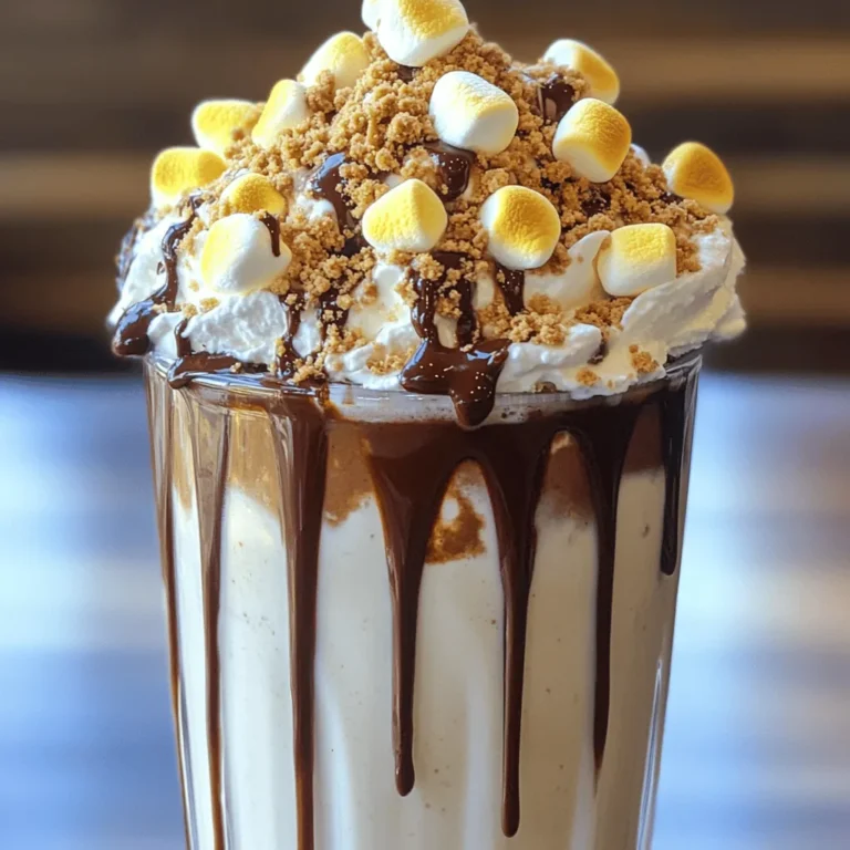 - 2 cups milk (or any plant-based milk alternative) - 1 cup vanilla ice cream - 1/4 cup hazelnut spread (such as Nutella) The foundation of this shake starts with milk. You can use any kind, whether it's whole, skim, or almond milk. Each option gives a different taste. Next, vanilla ice cream adds sweetness and creaminess. For that rich flavor, the hazelnut spread is key. It brings a lovely nutty taste that pairs perfectly with chocolate. - 1/4 cup chocolate syrup - 1/3 cup graham cracker crumbs - 1 cup mini marshmallows To elevate the shake, chocolate syrup is a must. It adds a deep, sweet chocolate flavor. Graham cracker crumbs bring that classic s’mores crunch, making the shake feel more like a treat. Mini marshmallows are not just for decoration; they melt in your mouth and give that s’mores experience. - Whipped cream for adorning the shake - Additional graham cracker pieces and mini marshmallows for garnish Garnishes make this shake special. Whipped cream creates a fluffy top that looks inviting. You can also add extra graham crackers and mini marshmallows on top. This adds a fun touch and makes the shake more visually appealing. For the full experience, check out the Full Recipe for step-by-step instructions. To start, gather your main ingredients. Pour 2 cups of milk into a blender. You can use any milk you like. Next, add 1 cup of vanilla ice cream. This makes the shake creamy and rich. Then, add 1/4 cup of hazelnut spread and 1/4 cup of chocolate syrup. Blend all these ingredients on high speed until smooth. The goal is a creamy texture that makes your taste buds dance. Once the shake base is blended, add half of your graham cracker crumbs, about 1/6 cup. Pulse the blender just a few times. This keeps the crumbs chunky, adding a nice crunch to your shake. Avoid over-blending, as you want to feel those bites of graham cracker when you sip. Now, pour your shake into large glasses. Leave some space at the top for toppings. Generously add whipped cream on each shake to create a tall, inviting peak. Sprinkle the remaining graham cracker crumbs on the whipped cream. This adds a lovely contrast and flavor. To get that toasted marshmallow vibe, use a kitchen torch to lightly toast mini marshmallows. Aim for a golden brown color without burning them. Place these toasted marshmallows on top of the whipped cream. For a fun touch, break extra graham crackers into pieces and arrange them next to the marshmallows. Finally, finish your shake with a drizzle of chocolate syrup to enhance flavor and visual appeal. The result is a beautiful, layered shake that looks as good as it tastes, ready to impress anyone who takes a sip. For the full recipe, check out the Hazelnut Chocolate S’mores Shake section. To make your Hazelnut Chocolate S’mores Shake even better, add some fun extras. Try mixing in a shot of espresso for a caffeine kick. You can also add a pinch of cinnamon or nutmeg for warmth. These spices bring a cozy feel that pairs well with chocolate and hazelnuts. If you want a nutty twist, consider adding almond extract. Just a drop will do! Serving is just as fun as making this shake. Use tall, clear glasses to show off those layers. Add stylish straws for a pop of color. You can even place the glasses on a wooden board for a rustic look. For a creative touch, sprinkle some extra graham cracker crumbs around the base of the glass. This adds a playful vibe. Don't forget to arrange a few mini marshmallows on the side! For the best shake, you'll need a high-speed blender. This ensures everything blends smoothly. A kitchen torch is great for toasting marshmallows, giving them that lovely char. If you don’t have a torch, you can use your oven’s broiler. Just keep an eye on them to avoid burning. Lastly, use quality glassware for serving. It makes your shake look even more tempting! {{image_4}} You can change the flavor of your Hazelnut Chocolate S’mores Shake with the seasons. For fall, try adding pumpkin spice. Just a pinch can give it a warm, cozy taste. In winter, peppermint can add a fresh kick. A few drops of peppermint extract will do the trick. You can also mix in fresh fruit. Bananas or strawberries work well. They add a nice sweetness. Blend them in for a fruity twist to your shake. If you need vegan or dairy-free options, you can easily adjust this recipe. Use almond milk or coconut milk instead of regular milk. For ice cream, try a coconut-based or almond milk ice cream. These swaps keep your shake creamy and delicious. For gluten-free options, look for gluten-free graham crackers. Many brands make tasty versions that work great in this shake. Get creative with flavors by using different nut spreads. Almond butter or cashew cream can add a unique taste. You can also try flavored syrups like caramel or maple for a new twist. For chocolate and marshmallows, use dark chocolate or white chocolate. These swaps can change the whole feel of your shake. You can even use fruit-flavored marshmallows for a fun surprise. Try these ideas to make your Hazelnut Chocolate S’mores Shake truly special. For the full recipe, check out the earlier section. To store leftover Hazelnut Chocolate S’mores Shake, pour it into a sealed container. This keeps the shake fresh. You can store it in the fridge for up to two days. Shake well before serving again. If you notice separation, just blend it again. The ingredients, like milk and ice cream, stay good for about a week when unopened. Yes, you can freeze the shake! Pour it into ice pop molds or a freezer-safe container. Make sure to leave some space at the top for expansion. Frozen Hazelnut Chocolate S’mores Shake makes great milkshake popsicles. Just let them thaw for a few minutes when you want to enjoy them. You can prep this shake in advance. Just blend the main ingredients and store them in the fridge. For the best flavor, make it up to one day ahead. Avoid adding toppings until you are ready to serve. This helps keep the marshmallows and graham crackers fresh. Yes, you can! For a lighter shake, use frozen bananas. They add creaminess without extra sugar. You can also try Greek yogurt. It gives the shake a rich texture while adding protein. Another great choice is coconut cream. It adds a nice, rich flavor. Just blend it with the milk and other ingredients as you would with ice cream. To thicken your Hazelnut Chocolate S’mores Shake, use less milk. Start with one cup and add more if needed. You can also blend in oats or chia seeds. Both will help thicken the shake naturally. If you want a richer shake, add more hazelnut spread. This will enhance the flavor and thickness. Just remember not to overdo it! You can get creative with the toppings! Instead of graham crackers, try crushed cookies or nuts for a different crunch. For marshmallows, use chocolate-covered ones for more flavor. You could also add fresh fruit like strawberries or bananas. Drizzle with caramel sauce for a sweet twist. These options can give your shake a unique touch! This blog post covered how to make a Hazelnut Chocolate S’mores Shake. We discussed the key ingredients, blending techniques, and tips for presentation. I shared variations for different tastes and dietary needs, along with storage advice for leftovers. You can create a fun and tasty shake for any occasion. Enjoy experimenting with flavors and garnishes to make it your own. Remember, the key is to have fun and indulge in every delicious sip!