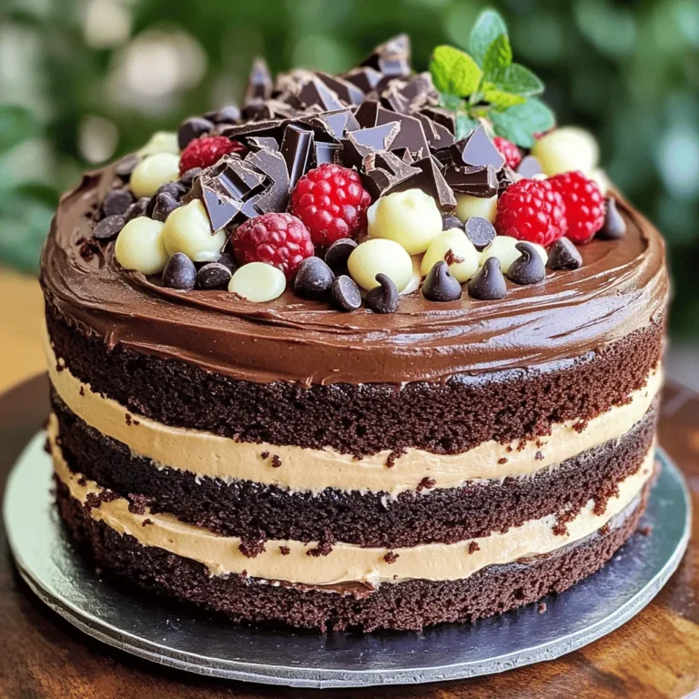 To make the perfect chocolate cake, gather these key items: - 2 cups all-purpose flour - 1 ¾ cups granulated sugar - ¾ cup unsweetened cocoa powder - 1 ½ teaspoons baking powder - 1 ½ teaspoons baking soda - 1 teaspoon salt - 2 large eggs, at room temperature - 1 cup whole milk, at room temperature - ½ cup vegetable oil - 2 teaspoons pure vanilla extract - 1 cup boiling water - 1 cup semi-sweet chocolate chips - ½ cup white chocolate chips - ½ cup dark chocolate chips You can also add some optional ingredients for a flavor boost. Try a splash of coffee or a hint of almond extract. These can enhance the rich taste of your cake. If you need dairy-free options, you can use almond milk or oat milk instead of whole milk. For a gluten-free cake, swap the all-purpose flour with a gluten-free blend. Just make sure it’s a 1:1 swap for the best results. To bake your cake, you will need: - Two 9-inch round cake pans - A large mixing bowl - A whisk or electric mixer - Measuring cups and spoons - A spatula for spreading batter For decoration, consider using a cake stand and an offset spatula. These will help you create a beautiful finish on your cake. Enjoy the process, and remember, the goal is to have fun while baking! 1. Start by mixing your dry ingredients. In a large bowl, combine: - 2 cups all-purpose flour - 1 ¾ cups granulated sugar - ¾ cup unsweetened cocoa powder - 1 ½ teaspoons baking powder - 1 ½ teaspoons baking soda - 1 teaspoon salt Use a whisk to blend these until even. This step is key for a smooth cake. 2. Next, add your wet ingredients. Pour in: - 2 large eggs, at room temperature - 1 cup whole milk, at room temperature - ½ cup vegetable oil - 2 teaspoons pure vanilla extract Beat on medium speed for 2 minutes. The batter should turn creamy and smooth. 3. Slowly stir in 1 cup of boiling water. The batter will look thin, and that’s okay! This helps keep the cake moist. 4. Finally, gently fold in: - 1 cup semi-sweet chocolate chips - ½ cup white chocolate chips - ½ cup dark chocolate chips This adds a rich chocolate flavor to every bite. 1. Preheat your oven to 350°F (175°C). Prepare two 9-inch round cake pans. Grease and flour them or line with parchment paper for easy removal. 2. Once your batter is ready, divide it evenly between the two pans. Smooth the tops if needed. 3. Bake in the preheated oven for 30-35 minutes. To check if they are done, insert a toothpick into the center. If it comes out clean, your cake is ready! 1. After baking, let the cakes cool in their pans for about 10 minutes. This helps them set properly. 2. Carefully transfer the cakes to a wire rack to cool completely. This step is important before frosting. 3. Once cool, your cakes will be ready for frosting. They will be soft and delicious, perfect for your favorite chocolate frosting. To keep your chocolate cake moist, focus on a few key techniques. Start with room temperature ingredients. This means eggs and milk should sit out for a bit before mixing. This helps the batter blend well. Another trick is to add boiling water to your batter. It might seem odd, but it adds moisture. The hot water makes the cocoa bloom, enhancing flavor. Keep an eye on baking time too. Overbaking can dry out your cake. Check it a few minutes early. You can easily boost flavor with simple additions. A splash of coffee enhances the chocolate taste. You could also add a tablespoon of instant espresso powder. This little trick deepens the flavor without being overpowering. Using instant pudding mix is another great idea. It gives the cake a richer taste and a softer texture. Just mix in a small box with the dry ingredients. It’s a simple way to turn a good cake into a great one. Choosing frosting is key for a chocolate cake. A rich chocolate buttercream pairs wonderfully. You can also try cream cheese frosting for a tangy twist. Both options add creaminess and balance the cake's sweetness. For decorating, think about layers and toppings. You can stack the cakes with frosting in between. Use chocolate shavings or fresh berries on top for a stunning finish. A sprinkle of sea salt can also enhance the sweet flavor. {{image_4}} You can take your chocolate cake to new heights by adding fruit or nuts. Try adding fresh raspberries or diced strawberries to the batter. These fruits add a nice tartness that pairs well with chocolate. Nuts like walnuts or pecans also add a great crunch. Just chop them up and fold them into the batter. Different types of chocolate can change your cake's flavor. Use dark chocolate for a richer taste. Semi-sweet chocolate gives a nice balance of sweet and bitter. You can even use white chocolate chips for a sweet surprise. Mix and match to find your favorite combo. Creating a multi-layered cake can make your dessert even more impressive. Bake three or four layers instead of two. Stack them high for a show-stopping effect. For fillings, consider using whipped cream or fruit preserves between layers. Chocolate ganache adds extra richness and keeps the layers moist. You can even use a layer of peanut butter or Nutella for a fun twist. You can easily convert this recipe to make cupcakes. Simply pour the batter into cupcake liners instead of cake pans. Fill each liner about two-thirds full. For baking time, check for doneness after 18 to 20 minutes. A toothpick inserted should come out clean. For presentation, top your cupcakes with swirls of chocolate frosting. Adding sprinkles or chocolate shavings makes them even more fun. You can also use fruit slices on top for a fresh look. You can find the full recipe to create these delightful treats here. To store a baked cake, let it cool completely. Place it in an airtight container. This keeps the cake fresh and moist. If you have leftovers, wrap individual slices in plastic wrap. This way, each piece stays tasty. You can freeze the cake for later use. First, wrap it tightly in plastic wrap. Then, place it in a freezer bag. This helps prevent freezer burn. When you are ready to eat it, take it out to thaw. Leave it at room temperature for a few hours for the best taste. To keep a frosted cake fresh, store it in a cool place. An airtight container works best. If the frosting has delicate toppings, cover them lightly with plastic wrap. This protects them from sticking. Always place a piece of wax paper under the cake to avoid mess. To enhance the flavor of your cake mix, start with these tips: - Use high-quality vanilla extract for a richer taste. - Add a pinch of salt to balance sweetness. - Mix in a bit of coffee or espresso powder to deepen the chocolate flavor. - Consider adding sour cream or yogurt for moistness and tang. These adjustments will make your cake mix taste like it came from a bakery. To help your cake rise well, follow these tips: - Ensure all ingredients are at room temperature, especially eggs and milk. - Don't skip the baking powder; it’s essential for lift. - Mix the batter just until combined; overmixing can lead to a dense cake. - Place your cake in a preheated oven right away for optimal rising. These steps will give your cake a lovely, fluffy texture. Yes, using milk instead of water can enhance your cake's texture and flavor. - Milk adds richness and moisture, making the cake softer. - Whole milk works best, but you can use any milk you have on hand. - If you choose non-dairy milk, the cake will still taste great, but the texture may vary slightly. This simple swap can elevate your cake mix to a new level. Proper storage keeps your cake fresh for days. - Store the cake in an airtight container at room temperature for up to three days. - If you frost the cake, place it in the fridge; it lasts about a week. - For longer storage, wrap the cake well and freeze it for up to three months. Thaw in the fridge overnight before serving for the best taste. This article walked you through the essential steps for baking a great cake. We covered ingredients, how to mix and bake your cake, and tips for keeping it moist. Plus, you learned about fun variations and storage tips. Baking is meant to be enjoyable. With the right tools and a few tricks, you can create delicious cakes to impress anyone. Now, it’s time for you to put your skills to the test. Happy baking!