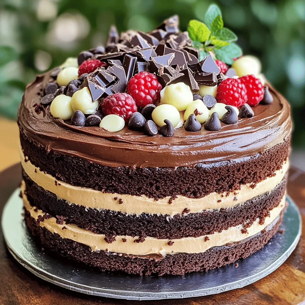 To make the perfect chocolate cake, gather these key items: - 2 cups all-purpose flour - 1 ¾ cups granulated sugar - ¾ cup unsweetened cocoa powder - 1 ½ teaspoons baking powder - 1 ½ teaspoons baking soda - 1 teaspoon salt - 2 large eggs, at room temperature - 1 cup whole milk, at room temperature - ½ cup vegetable oil - 2 teaspoons pure vanilla extract - 1 cup boiling water - 1 cup semi-sweet chocolate chips - ½ cup white chocolate chips - ½ cup dark chocolate chips You can also add some optional ingredients for a flavor boost. Try a splash of coffee or a hint of almond extract. These can enhance the rich taste of your cake. If you need dairy-free options, you can use almond milk or oat milk instead of whole milk. For a gluten-free cake, swap the all-purpose flour with a gluten-free blend. Just make sure it’s a 1:1 swap for the best results. To bake your cake, you will need: - Two 9-inch round cake pans - A large mixing bowl - A whisk or electric mixer - Measuring cups and spoons - A spatula for spreading batter For decoration, consider using a cake stand and an offset spatula. These will help you create a beautiful finish on your cake. Enjoy the process, and remember, the goal is to have fun while baking! 1. Start by mixing your dry ingredients. In a large bowl, combine: - 2 cups all-purpose flour - 1 ¾ cups granulated sugar - ¾ cup unsweetened cocoa powder - 1 ½ teaspoons baking powder - 1 ½ teaspoons baking soda - 1 teaspoon salt Use a whisk to blend these until even. This step is key for a smooth cake. 2. Next, add your wet ingredients. Pour in: - 2 large eggs, at room temperature - 1 cup whole milk, at room temperature - ½ cup vegetable oil - 2 teaspoons pure vanilla extract Beat on medium speed for 2 minutes. The batter should turn creamy and smooth. 3. Slowly stir in 1 cup of boiling water. The batter will look thin, and that’s okay! This helps keep the cake moist. 4. Finally, gently fold in: - 1 cup semi-sweet chocolate chips - ½ cup white chocolate chips - ½ cup dark chocolate chips This adds a rich chocolate flavor to every bite. 1. Preheat your oven to 350°F (175°C). Prepare two 9-inch round cake pans. Grease and flour them or line with parchment paper for easy removal. 2. Once your batter is ready, divide it evenly between the two pans. Smooth the tops if needed. 3. Bake in the preheated oven for 30-35 minutes. To check if they are done, insert a toothpick into the center. If it comes out clean, your cake is ready! 1. After baking, let the cakes cool in their pans for about 10 minutes. This helps them set properly. 2. Carefully transfer the cakes to a wire rack to cool completely. This step is important before frosting. 3. Once cool, your cakes will be ready for frosting. They will be soft and delicious, perfect for your favorite chocolate frosting. To keep your chocolate cake moist, focus on a few key techniques. Start with room temperature ingredients. This means eggs and milk should sit out for a bit before mixing. This helps the batter blend well. Another trick is to add boiling water to your batter. It might seem odd, but it adds moisture. The hot water makes the cocoa bloom, enhancing flavor. Keep an eye on baking time too. Overbaking can dry out your cake. Check it a few minutes early. You can easily boost flavor with simple additions. A splash of coffee enhances the chocolate taste. You could also add a tablespoon of instant espresso powder. This little trick deepens the flavor without being overpowering. Using instant pudding mix is another great idea. It gives the cake a richer taste and a softer texture. Just mix in a small box with the dry ingredients. It’s a simple way to turn a good cake into a great one. Choosing frosting is key for a chocolate cake. A rich chocolate buttercream pairs wonderfully. You can also try cream cheese frosting for a tangy twist. Both options add creaminess and balance the cake's sweetness. For decorating, think about layers and toppings. You can stack the cakes with frosting in between. Use chocolate shavings or fresh berries on top for a stunning finish. A sprinkle of sea salt can also enhance the sweet flavor. {{image_4}} You can take your chocolate cake to new heights by adding fruit or nuts. Try adding fresh raspberries or diced strawberries to the batter. These fruits add a nice tartness that pairs well with chocolate. Nuts like walnuts or pecans also add a great crunch. Just chop them up and fold them into the batter. Different types of chocolate can change your cake's flavor. Use dark chocolate for a richer taste. Semi-sweet chocolate gives a nice balance of sweet and bitter. You can even use white chocolate chips for a sweet surprise. Mix and match to find your favorite combo. Creating a multi-layered cake can make your dessert even more impressive. Bake three or four layers instead of two. Stack them high for a show-stopping effect. For fillings, consider using whipped cream or fruit preserves between layers. Chocolate ganache adds extra richness and keeps the layers moist. You can even use a layer of peanut butter or Nutella for a fun twist. You can easily convert this recipe to make cupcakes. Simply pour the batter into cupcake liners instead of cake pans. Fill each liner about two-thirds full. For baking time, check for doneness after 18 to 20 minutes. A toothpick inserted should come out clean. For presentation, top your cupcakes with swirls of chocolate frosting. Adding sprinkles or chocolate shavings makes them even more fun. You can also use fruit slices on top for a fresh look. You can find the full recipe to create these delightful treats here. To store a baked cake, let it cool completely. Place it in an airtight container. This keeps the cake fresh and moist. If you have leftovers, wrap individual slices in plastic wrap. This way, each piece stays tasty. You can freeze the cake for later use. First, wrap it tightly in plastic wrap. Then, place it in a freezer bag. This helps prevent freezer burn. When you are ready to eat it, take it out to thaw. Leave it at room temperature for a few hours for the best taste. To keep a frosted cake fresh, store it in a cool place. An airtight container works best. If the frosting has delicate toppings, cover them lightly with plastic wrap. This protects them from sticking. Always place a piece of wax paper under the cake to avoid mess. To enhance the flavor of your cake mix, start with these tips: - Use high-quality vanilla extract for a richer taste. - Add a pinch of salt to balance sweetness. - Mix in a bit of coffee or espresso powder to deepen the chocolate flavor. - Consider adding sour cream or yogurt for moistness and tang. These adjustments will make your cake mix taste like it came from a bakery. To help your cake rise well, follow these tips: - Ensure all ingredients are at room temperature, especially eggs and milk. - Don't skip the baking powder; it’s essential for lift. - Mix the batter just until combined; overmixing can lead to a dense cake. - Place your cake in a preheated oven right away for optimal rising. These steps will give your cake a lovely, fluffy texture. Yes, using milk instead of water can enhance your cake's texture and flavor. - Milk adds richness and moisture, making the cake softer. - Whole milk works best, but you can use any milk you have on hand. - If you choose non-dairy milk, the cake will still taste great, but the texture may vary slightly. This simple swap can elevate your cake mix to a new level. Proper storage keeps your cake fresh for days. - Store the cake in an airtight container at room temperature for up to three days. - If you frost the cake, place it in the fridge; it lasts about a week. - For longer storage, wrap the cake well and freeze it for up to three months. Thaw in the fridge overnight before serving for the best taste. This article walked you through the essential steps for baking a great cake. We covered ingredients, how to mix and bake your cake, and tips for keeping it moist. Plus, you learned about fun variations and storage tips. Baking is meant to be enjoyable. With the right tools and a few tricks, you can create delicious cakes to impress anyone. Now, it’s time for you to put your skills to the test. Happy baking!