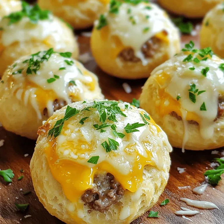 - 1 lb ground beef - 1 cup shredded cheddar cheese - 1/2 cup shredded mozzarella cheese - 1 package refrigerated biscuit dough (contains 8 biscuits) - 1 tablespoon garlic powder - 1 tablespoon Italian seasoning - 1/2 teaspoon salt - 1/2 teaspoon black pepper - 1/4 cup grated Parmesan cheese - Fresh parsley, finely chopped These ingredients create a tasty mix of flavors. The ground beef gives a hearty base, while the cheese adds creaminess. I love using cheddar and mozzarella for a gooey texture. The biscuit dough puffs up beautifully, making each bomb a treat. For seasoning, garlic powder and Italian seasoning bring a savory punch. The salt and black pepper enhance all the flavors. If you want a little extra flair, add grated Parmesan on top. Fresh parsley brightens the dish with color and taste. You can check the full recipe for more details on how to combine these ingredients into a delicious snack. - Preheat your oven to 375°F (190°C). - Prepare a baking sheet by lining it with parchment paper. This helps prevent sticking. - In a large bowl, combine 1 lb of ground beef, 1 cup of shredded cheddar cheese, and 1/2 cup of shredded mozzarella cheese. - Add 1 tablespoon of garlic powder, 1 tablespoon of Italian seasoning, and 1/2 teaspoon each of salt and black pepper. - Mix everything well until it is evenly blended. - Open the package of refrigerated biscuit dough, which has 8 biscuits. - Take one biscuit and flatten it to about 4 inches wide. - Spoon 1 to 2 tablespoons of the beef and cheese filling into the center of the biscuit. - Fold the edges over the filling and pinch to seal. Roll it into a ball shape. - Place the filled biscuits on the lined baking sheet. Leave space between them so they can expand. - In a small bowl, mix 2 tablespoons of melted butter with 1/4 cup of grated Parmesan cheese. - Use a brush to coat the tops of each biscuit bomb with this buttery mixture. - Bake in the preheated oven for 15 to 20 minutes. Watch for a golden brown color. - After baking, let the bombs cool slightly on the sheet. You can garnish them with chopped fresh parsley if you like. For the full recipe, check out the complete guide to making Garlic Parmesan Cheeseburger Bombs! When you make Garlic Parmesan Cheeseburger Bombs, keep an eye on the filling. Avoid overfilling the biscuits. If you add too much, they might burst open while baking. Aim for 1 to 2 tablespoons of filling for each biscuit. This keeps them neat and tasty. Checking for doneness is also key. Look for a golden brown color on the biscuit dough. This means they are ready to eat. If they are still pale, give them a few more minutes in the oven. These bombs are best served warm. Pair them with your favorite dipping sauces. Ketchup is a classic choice. A zesty ranch dressing adds a nice twist. You can even serve them with spicy mustard for a kick. For a fun presentation, place the bombs on a colorful platter. Garnish with fresh parsley. This adds a pop of color and freshness. To save time, prepare your ingredients in advance. Chop your cheese and mix the spices before you start. This way, you can move faster when you assemble the bombs. Using shortcuts with pre-prepared products is another great idea. You can buy pre-shredded cheese or even pre-made biscuit dough. This cuts down on prep time and makes cooking easier. For the full recipe, check out the detailed instructions. {{image_4}} You can easily change the filling in these bombs. Try different cheese combinations for a fun twist. You might use pepper jack for heat or gouda for a smokier flavor. Adding diced vegetables like onions or peppers gives a nice crunch. You can also mix in spices like cumin or paprika for extra depth. Each adjustment makes your bombs unique and tasty. If you want to switch the dough, consider using puff pastry. Puff pastry gives a flaky, buttery texture that is simply delightful. You can also use gluten-free biscuit options if you have dietary needs. This keeps the dish inclusive and just as delicious. Each dough type offers a new way to enjoy these bombs. Don’t be afraid to get creative with flavors. Try adding spicy elements like jalapeños or hot sauce for a kick. BBQ sauce can bring a sweet tang. You could even experiment with international flavors, like adding taco seasoning or teriyaki sauce. This exploration allows you to enjoy these bombs in many ways. Check out the Full Recipe for more ideas. To keep your Garlic Parmesan Cheeseburger Bombs fresh, store them in an airtight container. This helps prevent drying out. I recommend using glass or plastic containers with tight-fitting lids. These work best for keeping flavors intact. To reheat these tasty bombs, the oven is your best friend. Preheat it to 350°F (175°C). Place the bombs on a baking sheet and heat for about 10 to 15 minutes. This method keeps the outside crispy. If you're in a hurry, the microwave works too. Just use short bursts of 30 seconds, checking often to avoid sogginess. Yes, you can freeze Cheeseburger Bombs! They freeze well and make a great snack later. Wrap each bomb tightly in plastic wrap, then place them in a freezer bag. This keeps them fresh for up to three months. When ready to eat, let them thaw overnight in the fridge before reheating. Serve these bombs warm on a platter. They look great when garnished with fresh parsley. You can also add a side of dipping sauces. Ketchup or ranch dressing works well. The warm, gooey cheese inside pairs perfectly with these sauces. Yes, you can prepare the filling a day before. Just store it in the fridge. When you are ready, fill the biscuit dough and bake. This makes for a quick and easy snack or meal. You can even freeze unbaked bombs. Just bake them straight from the freezer, adding a few extra minutes to the time. Some great options include: - Ketchup - Ranch dressing - BBQ sauce - Honey mustard These sauces add extra flavor and can make your bombs even more fun to eat. Yes, you can make vegetarian bombs. Use plant-based ground meat instead of beef. Add in some sautéed mushrooms and onions for a savory twist. Feel free to mix in your favorite cheeses and spices to enhance the flavor. This way, everyone can enjoy a tasty treat! Making Cheeseburger Bombs is simple and fun. You learned about key ingredients like ground beef, cheese, and biscuit dough. Mixing the filling with garlic powder and Italian seasoning adds flavor. Follow the steps to preheat, fill, and bake your bombs until golden brown. Remember, you can customize these treats in many ways. Try different cheeses or even veggies for your own twist. Store leftovers properly for tasty snacks later. Enjoy experimenting with flavors and sharing them with friends!