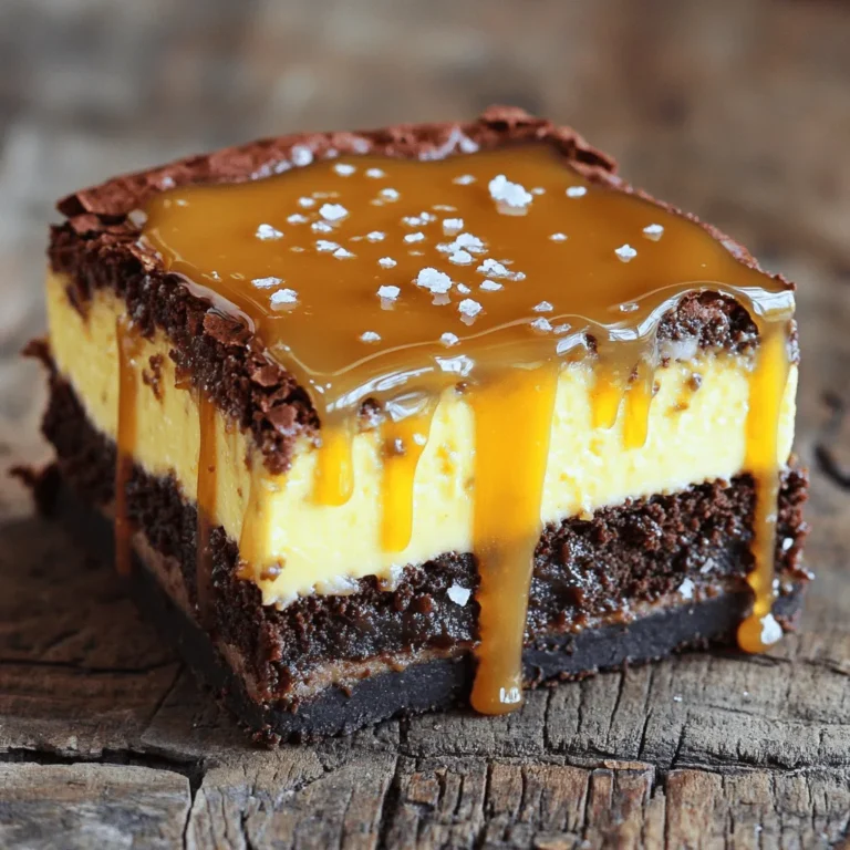 - 1 cup unsalted butter - 2 cups granulated sugar - 4 large eggs - 1 teaspoon vanilla extract - 1 cup all-purpose flour - 1 cup unsweetened cocoa powder - 1/2 teaspoon salt - 16 oz cream cheese, softened to room temperature - 1 cup granulated sugar - 3 large eggs - 1 teaspoon vanilla extract - 1/4 cup sour cream - 1/4 cup heavy cream - 1 cup granulated sugar - 6 tablespoons unsalted butter, cut into pieces - 1/2 cup heavy cream, at room temperature - A pinch of salt The brownie base gives this dessert its rich, chocolate flavor. The cream cheese layer adds a creamy texture. The caramel sauce is the sweet finish that ties everything together. You need to measure your ingredients carefully. Start with the brownie base. Melt the butter in a pan. Mix in sugar and eggs. Then add the vanilla, flour, cocoa, and salt. The batter should be thick and smooth. Next, the cheesecake layer needs cream cheese. Make sure it’s soft to mix well. Add sugar and eggs, then fold in sour cream and heavy cream. This will make the cheesecake rich and creamy. For the caramel sauce, heat sugar in a pan until it melts. Stir in butter and cream. Be careful, as it will bubble. A pinch of salt enhances the flavor. Check out the Full Recipe for a complete guide on how to bring these ingredients together into a delicious dessert. 1. Preheat your oven to 350°F (175°C). 2. Grease a 9-inch springform pan well. You can also use parchment paper for easy removal. 3. In a medium saucepan, melt 1 cup of unsalted butter over low heat. 4. Once melted, mix in 2 cups of granulated sugar until well blended. 5. Add 4 large eggs one at a time, mixing until smooth each time. 6. Stir in 1 teaspoon of vanilla extract. 7. Gradually add 1 cup of all-purpose flour, 1 cup of unsweetened cocoa powder, and 1/2 teaspoon of salt. Mix just until combined. 8. Pour the batter into the prepared pan, smoothing it out evenly. 9. Bake for 20-25 minutes. A toothpick should come out with a few moist crumbs. 10. Let the brownie layer cool completely in the pan. 1. In a large mixing bowl, beat 16 oz of softened cream cheese with 1 cup of sugar until smooth. 2. Add 3 large eggs one at a time, mixing well after each. 3. Fold in 1 teaspoon of vanilla extract, 1/4 cup of sour cream, and 1/4 cup of heavy cream. Mix until silky. 1. Pour the cheesecake batter over the cooled brownie base. 2. Use a spatula to smooth the top. 3. Lower the oven temperature to 325°F (160°C). 4. Bake for 50-60 minutes. The edges should set, but the center can jiggle. 5. Turn off the oven and crack the door open. Let the cheesecake cool there for an hour. 1. In a medium saucepan, add 1 cup of granulated sugar over medium heat. 2. Allow it to melt until it turns an amber color. Swirl the pan gently. 3. Once melted, remove from heat and quickly whisk in 6 tablespoons of unsalted butter. 4. Carefully add 1/2 cup of heavy cream. It will bubble up, so be cautious. 5. Mix in a pinch of salt and set the caramel sauce aside to cool. 1. Once the cheesecake cools to room temperature, pour the caramel sauce over the top. 2. Spread it evenly with a spatula. 3. Cover and refrigerate for at least 4 hours or overnight. 4. To serve, release the sides of the springform pan and remove it. 5. Slice the cheesecake and drizzle with any leftover caramel if you like. You can dive deeper into this delightful dessert by checking the Full Recipe. To make the perfect brownie base, avoid overmixing the batter. Mixing too much can lead to a cake-like texture. Stir just until the flour disappears. Keep an eye on baking times, as they can vary. Check them at 20 minutes for moist, fudgy brownies. A toothpick should come out with a few moist crumbs, not wet batter. For extra fudginess, use a higher cocoa powder ratio and add an extra egg yolk. Use room temperature ingredients for the cheesecake layer. This helps achieve a smooth texture. Cold cream cheese can form lumps that are hard to mix out. To prevent cracks, bake the cheesecake in a water bath. This creates a gentle heat that reduces temperature changes. After baking, let the cheesecake cool gradually in the oven. Cracking often happens with sudden temperature shifts. Making caramel can be tricky. A common issue is sugar crystallizing if stirred too soon. Melt the sugar undisturbed until it turns amber. If it gets too sweet, add a pinch of salt for balance. If your caramel is too thick, you can adjust it. Adding a splash of water or cream helps achieve the right pourable consistency. For serving, you can microwave any leftover caramel. Just heat it in short bursts and stir until smooth. {{image_4}} You can make your cheesecake even better by adding flavors. Here are some fun ideas: - Chocolate Chips or Chunks: Mix chocolate chips into the cheesecake layer for a rich surprise. - Infuse Flavors: Try adding coffee or orange zest for a fresh twist. It adds depth and brightness. - Swirl Techniques: Create a pretty marble effect by swirling caramel or chocolate sauce through the cheesecake batter. If you want to change up the brownie base, consider these options: - Gluten-Free Brownies: Use gluten-free flour or almond flour for a tasty alternative. There are many great recipes online. - Vegan Substitutions: You can swap eggs for flaxseed meal or applesauce. This keeps the brownies moist and delicious. - Adjusting Sweetness: For a less sweet brownie, cut down on sugar without losing flavor. This helps balance the richness of the cheesecake. Toppings can make your dessert shine. Here are some ideas: - Nuts or Sea Salt: Add chopped nuts or sprinkle sea salt on top for crunch and flavor. This contrast enhances the taste. - Whipped Cream Ideas: Top each slice with whipped cream for a light and airy touch. You might even add a bit of caramel to the cream. - Fruit Pairings: Fresh berries or sliced bananas make great garnishes. They add color and a refreshing taste. Feel free to explore these variations to make your caramel brownie cheesecake uniquely yours! For the complete process, check the Full Recipe. To keep your caramel brownie cheesecake fresh, store it in the fridge. Use an airtight container or cover it tightly with plastic wrap. This prevents the cheesecake from drying out or absorbing other smells. Your cheesecake can stay fresh for about 5 to 7 days. If you want to save some for later, you can freeze it! First, cut the cheesecake into slices. Wrap each slice in plastic wrap, then place them in a freezer-safe bag. This helps prevent freezer burn. To thaw, take a slice out and leave it in the fridge overnight. You can also let it sit at room temperature for a couple of hours. If you have leftover caramel sauce, you can warm it up easily. The best way is to use a microwave. Place the sauce in a microwave-safe bowl and heat it in short bursts, stirring in between. This keeps it smooth. Store any unused caramel sauce in the fridge for up to 2 weeks. Making this dessert takes about 6 hours in total. This includes 30 minutes for prep and about 5 hours for cooling and chilling. You will need to bake the brownie, prepare the cheesecake, and let it set in the fridge. Yes, you can make this dessert ahead. It tastes even better the next day. Store it in the fridge, covered with plastic wrap. It will stay fresh for about 3 to 4 days. You can use Greek yogurt or silken tofu as a cream cheese alternative. Greek yogurt gives a tangy flavor, while silken tofu offers a smooth texture. Both options can affect the taste, so choose based on your preference. This recipe can be adjusted for special diets. For gluten-free, use almond flour instead of all-purpose flour. To make it dairy-free, use dairy-free cream cheese and a suitable butter. For low-sugar, try a sugar substitute like stevia. You can find the full recipe [here](link to the Full Recipe). It details each step to make this delicious caramel brownie cheesecake! This article breaks down how to make a delicious caramel brownie cheesecake. We covered the key ingredients, from the fudgy brownie base to the creamy cheesecake layer and rich caramel sauce. I shared step-by-step instructions, tips for perfection, and variations to try. Make the most of this treat by storing it properly and experimenting with flavors. Dive into this dessert, and enjoy every bite with family and friends. You won’t regret it!