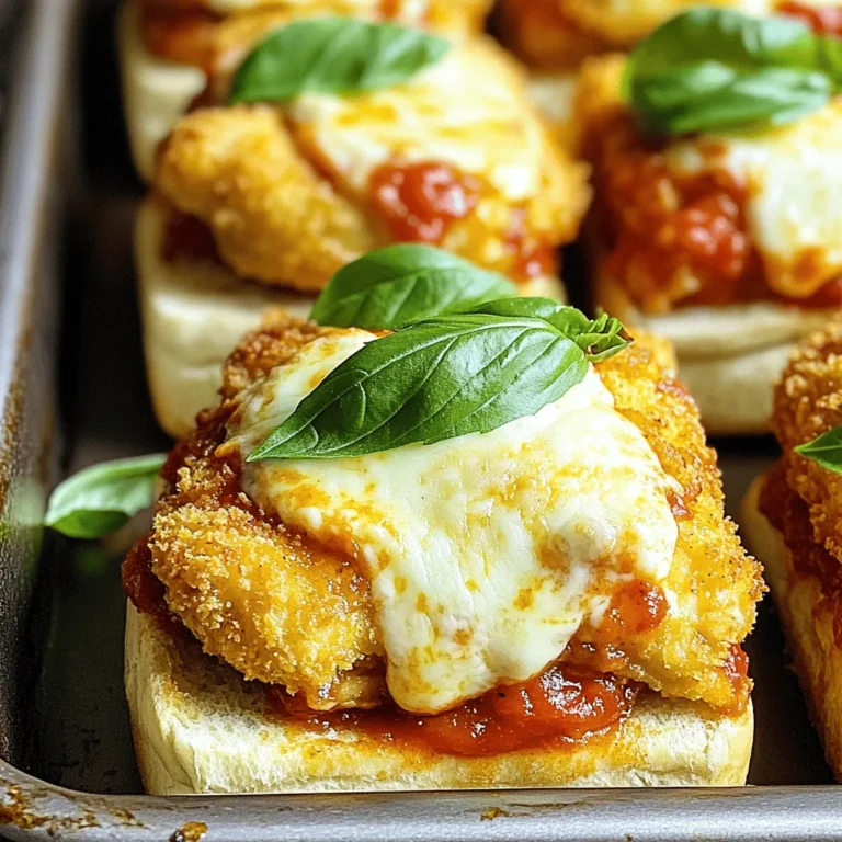 Here is a list of what you need for Grilled Chicken Parmesan Sliders: - 1 lb boneless, skinless chicken breasts - 1 cup seasoned breadcrumbs - 1/2 cup freshly grated Parmesan cheese - 1 teaspoon garlic powder - 1 teaspoon dried oregano - 1 teaspoon salt - 1/2 teaspoon freshly cracked black pepper - 1/4 cup all-purpose flour - 2 large eggs, beaten until smooth - 1 cup marinara sauce, warmed - 6 slider-sized buns, preferably brioche - 1 cup shredded mozzarella cheese - Fresh basil leaves for garnish - Olive oil for brushing These ingredients make the perfect base for your sliders. Each item plays a key role in creating layers of flavor. The chicken brings protein, while the cheeses add creaminess. The breadcrumbs give a nice crunch. Using fresh herbs like basil adds a bright touch. You can easily find these items at your local grocery store. For the full recipe, you can check the detailed instructions. This keeps the cooking process simple and fun, allowing you to enjoy every bite of your delicious sliders. 1. Preheat the grill or grill pan. Set it to medium heat. This gives a great sear on the chicken. 2. Create and set up the breading station. In a shallow bowl, mix together: - 1 cup seasoned breadcrumbs - 1/2 cup freshly grated Parmesan cheese - 1 teaspoon garlic powder - 1 teaspoon dried oregano - 1 teaspoon salt - 1/2 teaspoon freshly cracked black pepper Stir these ingredients well until they are evenly mixed. 3. Season and bread the chicken breasts. Take 1 lb of boneless, skinless chicken breasts. Dredge each piece in: - 1/4 cup all-purpose flour Shake off the excess flour. Next, dip the chicken into: - 2 large eggs, beaten until smooth Let the extra egg drip off. Coat the chicken with the breadcrumb mix. Press it down so the crumbs stick well. 1. Grill chicken and monitor temperature. Lightly brush both sides of the breaded chicken with olive oil. Grill each piece for about 5-6 minutes per side. The chicken should reach an internal temperature of 165°F. 2. Add marinara sauce and cheese during grilling. In the last minute of cooking, add: - 1 cup marinara sauce, warmed Spoon a tablespoon over each chicken breast. Then add: - 1 cup shredded mozzarella cheese Close the grill lid so the cheese melts nicely. 3. Toast the slider buns. While the cheese melts, place the slider buns cut-side down on the grill. Toast them for about 1-2 minutes until golden and warm. 1. Place chicken on buns. Once the chicken is cooked and cheesed, put each piece on a toasted bun. 2. Add additional marinara sauce and garnish. Drizzle more marinara sauce on top if you like. Finish with fresh basil leaves for a nice touch. Now you have delicious grilled chicken Parmesan sliders! For the full recipe, check the details above. Enjoy your tasty creation! - Pound the chicken to an even thickness. This helps it cook evenly. - Use a meat thermometer. Check that the chicken reaches 165°F for safety. - Let the chicken rest for a few minutes. This keeps the juices inside. - Pair the sliders with a fresh side salad or crispy fries for balance. - Offer extra marinara sauce for dipping. It adds a nice touch to each bite. - Use colorful serving platters to make the dish pop. This catches the eye. - Garnish with fresh basil and more cheese. It makes the sliders look gourmet. For the full recipe, check out the details above. Enjoy these tasty sliders! {{image_4}} You can easily swap chicken for turkey if you want a leaner option. For a vegetarian choice, try using eggplant. Eggplant has a nice texture and soaks up flavors well. If you have gluten sensitivity, use gluten-free breadcrumbs instead of regular ones. This keeps the dish tasty and safe for everyone. To kick up the spice, use hot marinara sauce or switch to pepper Jack cheese. Both add a nice kick to your sliders. You can also play with herbs. Consider adding fresh thyme or basil for a new twist. Mix and match spices to find your favorite flavor combo. Want to serve a crowd? Make mini sliders! These are perfect for appetizers or party snacks. Just adjust the amount of ingredients based on how many you need. If you have a large gathering, consider doubling the recipe. Everyone loves sliders, and they are easy to share. For the full recipe, check the earlier section! Store leftover sliders in the fridge for easy snacks. Place them in an airtight container. This keeps them fresh and prevents drying out. I recommend using glass containers for best results. They help keep the flavors strong and the sliders moist. To freeze unassembled sliders, wrap each slider separately in plastic wrap. Then, place them in a freezer bag. This way, they stay fresh and avoid freezer burn. When you want to eat them, let them thaw in the fridge overnight. For reheating, bake them in the oven at 350°F for about 15 minutes. This warms them up and keeps them crispy. Grilled chicken Parmesan sliders can last in the fridge for about 3 days. If you freeze them, they can last for up to 3 months. Always check for any off smells or changes in texture before eating. Remember, freshness matters! Enjoy the flavors of your tasty sliders. You can find the full recipe to make these sliders [here](Full Recipe). To reheat grilled chicken sliders, I suggest using an oven. Preheat your oven to 350°F. Place the sliders on a baking sheet. Cover them with foil to keep moisture in. Heat for about 10-15 minutes. This keeps the chicken juicy and the buns soft. You can also use a microwave, but they might get soggy. If you choose the microwave, cover the sliders with a damp paper towel. Heat in short bursts of 30 seconds. Check often to avoid overcooking. Yes, you can prep these sliders in advance. First, cook the chicken and let it cool. Then, store it in the fridge for up to two days. To save time, you can also bread the chicken and freeze it. When you're ready to cook, just thaw and grill. This way, you’ll have tasty sliders ready in no time. Assemble them just before serving for the best flavor and texture. Definitely! You can use eggplant or portobello mushrooms instead of chicken. Slice the eggplant or mushrooms thickly. Bread and grill them just like the chicken. Use the same marinara and cheese for that classic taste. You can also try store-bought veggie patties as a quick option. This way, everyone can enjoy delicious sliders, no matter their diet. You now know how to make delicious grilled chicken Parmesan sliders. We covered the ingredients, cooking steps, and tips to ensure success. Remember to use fresh ingredients and monitor the grill for perfect results. These sliders can impress at any meal or gathering. Feel free to experiment with variations to suit your taste. When stored properly, leftovers taste great, too. Enjoy trying this recipe and make it your own. Happy cooking!