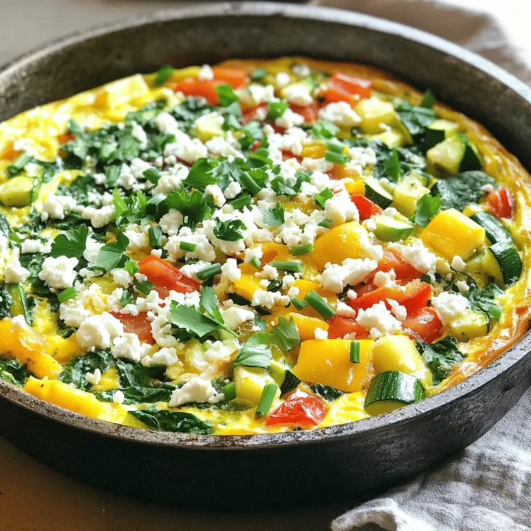 - 6 large eggs - 1 cup fresh spinach, roughly chopped - 1 bell pepper (any color), diced - 1 zucchini, diced - 1 small red onion, diced - 1/2 cup feta cheese, crumbled - 1/4 cup milk (or plant-based alternative) - 2 tablespoons olive oil - Salt and pepper to taste - 1 teaspoon dried oregano - Fresh herbs (like parsley or chives) for garnish When I make a vegetable frittata with feta, I love how simple yet tasty it is. Each ingredient adds a unique flavor. The eggs act as a base, providing protein and a fluffy texture. Fresh spinach brings a bit of green, and bell peppers add sweetness. Zucchini gives it a nice bite, and red onion adds depth. For the dairy part, I use feta cheese because it melts well and adds a salty tang. A splash of milk keeps the frittata light and fluffy. Olive oil is essential for cooking the veggies and adds a rich taste. Don’t forget salt and pepper to enhance all the flavors, along with oregano for a hint of earthiness. To finish, I love to sprinkle fresh herbs on top. They add color and freshness, making the dish pop. You can find the full recipe for this vibrant dish to make it yourself! - Preheat the oven to 190 °C (375 °F). - Whisk together 6 large eggs, 1/4 cup milk, salt, pepper, and 1 teaspoon oregano in a large mixing bowl. This creates a smooth egg mixture for your frittata. - Heat 2 tablespoons of olive oil in an oven-safe skillet over medium heat. - Add 1 diced small red onion and 1 diced bell pepper. Sauté for 3-5 minutes until softened. - Stir in 1 diced zucchini and cook for another 2-3 minutes. This will add great texture. - Finally, add 1 cup of chopped spinach and cook until just wilted, which takes about 1-2 minutes. - Pour your egg mixture evenly over the sautéed vegetables. Sprinkle with 1/2 cup of crumbled feta cheese. - Cook on the stovetop for 2-3 minutes until the edges start to set. - Transfer the skillet to the preheated oven. Bake for 15-20 minutes until the frittata is firm and golden on top. Enjoy making this Vegetable Frittata with Feta! For the full recipe, check the details above. - Use fresh, seasonal vegetables for best flavor. - Avoid overcooking the vegetables to keep their crunch. For a great frittata, pick veggies at their peak. Fresh ingredients taste better and add color. Think of bell peppers, zucchini, and spinach. They blend well and look good together. When you cook the vegetables, keep an eye on them. You want them soft but still firm. - Adjust cooking time if using a larger skillet or different oven. - Consider temperature variations based on your own oven's performance. If your skillet is bigger, your frittata may need more time. A larger pan spreads the eggs thin. Keep checking to make sure it cooks evenly. Ovens vary, too. Some run hot or cold, so adjust the time as needed. Watch for a golden top and a firm center. - Serve warm or at room temperature. - Pair with a fresh garden salad for a balanced meal. You can enjoy the frittata warm or let it cool. It tastes great either way! A fresh salad makes a perfect side. Try mixed greens with a simple vinaigrette. This adds freshness and crunch to your meal. For the full recipe, check the section above. {{image_4}} You can easily change the frittata by swapping ingredients. Try using goat cheese or mozzarella instead of feta. Each cheese brings a unique taste. You can also add seasonal veggies, like mushrooms or asparagus. These additions can brighten the dish and add different flavors. If you need a dairy-free option, use a plant-based cheese and milk alternative. This keeps the frittata creamy without dairy. For a heartier meal, add protein like diced ham or cooked quinoa. These additions will make your frittata more filling and satisfying. To make your frittata even tastier, try adding herbs. Fresh basil or thyme can give it depth. You might also sprinkle in some red pepper flakes for a spicy kick. This little change can elevate the flavor and make it exciting! Store any leftovers in an airtight container. This keeps your frittata fresh for up to 3 days. It’s easy to grab and reheat later. Just make sure it’s sealed well to avoid drying out. Reheat your frittata in the oven or microwave. If using the oven, set it to low heat. Add a splash of water to retain moisture. This helps keep your frittata soft and tasty. In the microwave, heat it in short intervals. Check often to avoid overcooking. You can freeze the frittata for longer storage, up to 3 months. To freeze, slice it first. Wrap each piece tightly in plastic wrap, then place in a freezer bag. When you want to eat it, thaw in the fridge overnight. Heat it gently in the oven or microwave for the best taste. Enjoy your frittata even after a while! Preparing a Vegetable Frittata with Feta is quick and easy. - Prep time: 10 minutes - Cooking time: 15-20 minutes - Total time: 30 minutes You can whip this dish up in no time! Just gather your ingredients and follow the steps. It’s perfect for busy mornings. Yes, you can make this frittata in advance. - Make it ahead: Cook and cool the frittata, then slice it. - Store properly: Keep it in an airtight container in the fridge for up to three days. If you want to reheat, just pop it in the oven or microwave. This way, you can enjoy a quick breakfast all week! A frittata pairs well with many sides. Here are some ideas: - A fresh garden salad - Sliced whole-grain bread - Crispy toast with avocado - Fresh fruit for a sweet touch These sides will enhance your meal and make it more filling. Enjoy your delicious frittata with tasty pairings! This blog post covered how to make a delicious vegetable frittata. We discussed the ingredients, cooking steps, and tips for the best flavor. You learned how to customize it with different veggies and cheeses. With these easy instructions and ideas, you're set for a tasty meal. Enjoy making your frittata and sharing it with friends or family. Happy cooking!