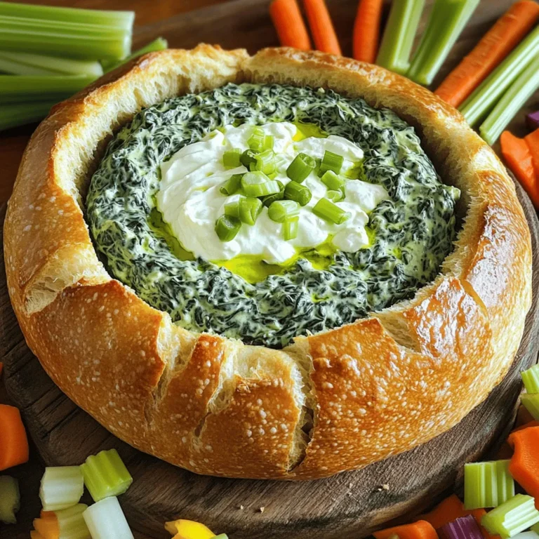 - Large round sourdough bread loaf - Fresh spinach - Cream cheese - Sour cream - Shredded mozzarella cheese - Grated Parmesan cheese - Green onions - Garlic - Salt and pepper - Olive oil for drizzling You can swap some ingredients if needed. For a lighter dip, use low-fat cream cheese or sour cream. If you want a dairy-free dip, try using cashew cream or a plant-based cheese. Fresh spinach is best, but frozen spinach works too. Just make sure to drain it well. When buying your ingredients, look for fresh produce at local farmers' markets or grocery stores. Check the dates on dairy products to ensure they are fresh. Fresh herbs can also add great flavor. Always choose vibrant greens for the best taste. For the bread, a crusty sourdough works great. You can also try whole wheat if you prefer. First, preheat your oven to 350°F (175°C). This step warms the oven for baking later. Next, grab a large round sourdough bread loaf. With a sharp knife, cut off the top to form a lid. Be careful to keep the cut even. Then, use your hands or a spoon to scoop out the inside. Leave about a 1-inch thick border for strength. Set the scooped bread aside for later use. In a big mixing bowl, combine the chopped spinach, softened cream cheese, sour cream, shredded mozzarella cheese, and grated Parmesan cheese. Add the sliced green onions and minced garlic. Mix these ingredients well until the dip is creamy and smooth. Taste the mixture and season with salt and freshly ground black pepper. Adjust the seasoning as needed to enhance the flavor. Spoon the creamy spinach dip into your hollowed-out bread bowl. Fill it to the top for a hearty serving. Place the filled bowl on a baking sheet. Drizzle a bit of olive oil over the dip to help it brown nicely. Bake in your preheated oven for about 25-30 minutes. The dip should be hot and bubbly, and the edges of the bread should turn golden and crispy. After baking, let it cool for a few minutes. This ensures it’s safe to touch and enjoy. For a fun side, cut the reserved bread pieces into bite-sized cubes for dipping later. For the complete recipe, check the Full Recipe section. To get the best creamy texture, always use softened cream cheese. This makes mixing easier. Blend the cream cheese, sour cream, and spinach until smooth. If you want to add flavor, herbs are a great choice. Try adding fresh dill, basil, or a sprinkle of red pepper flakes for a kick. Season well with salt and pepper to enhance all the flavors. Serve your bread bowl on a wooden cutting board. This adds a rustic feel. Surround it with the cubes from the bread you scooped out. Add fresh vegetable sticks like carrots and celery for color. For a finishing touch, sprinkle extra grated Parmesan on top of the dip. This gives it a gourmet look that impresses guests. Try serving this dish at your next gathering. It looks stunning and tastes amazing! For the complete process, check the Full Recipe. {{image_4}} You can make your spinach dip bread bowl even more fun. Try adding different cheeses like cheddar or feta. Both add a unique flavor. You can also mix in vegetables. Chopped artichokes or bell peppers work great. If you like a kick, add jalapeños. They bring heat and zest to the dip. Just chop them finely and mix them in. You can control the spice level by using fewer or more jalapeños. This way, everyone can enjoy it at their own pace. If you need gluten-free options, use gluten-free bread. Many stores offer gluten-free sourdough. It works just as well. You can also make a dip without bread. Serve it with fresh veggies or gluten-free crackers. For those following a vegan diet, swap out the cream cheese and sour cream for dairy-free versions. You can use cashew cream or tofu for creaminess. Nutritional yeast adds a cheesy flavor without dairy. This way, everyone can enjoy a tasty spinach dip bread bowl! For the full recipe, check out the Spinach Dip Bread Bowl section. To keep your spinach dip bread bowl fresh, you need to store it right. First, scoop out any leftover dip and place it in an airtight container. Seal it well to avoid air. Store the bread bowl separately. Wrap it in plastic wrap or foil to keep it soft. Try to eat leftovers within two days for the best taste. When reheating, it’s key to maintain texture. For the dip, place it in a microwave-safe bowl. Heat it in short bursts, stirring in between. This helps it warm evenly. For the bread bowl, you can also reheat it in the oven. Preheat your oven to 350°F (175°C). Bake for about 10 minutes until warmed through. This keeps the bread crust crisp. If you want to save some dip for later, you can freeze it. To do this, prepare the dip as usual but do not bake it. Instead, spoon it into a freezer-safe container. Seal tightly and label it with the date. You can freeze the dip for up to three months. To thaw the dip, move it to the fridge a day before you plan to cook it. Once thawed, reheat it in the oven as mentioned before. You can bake it in the bread bowl for a warm, tasty treat. Just remember to check the internal temperature; it should be hot and bubbly! Can I prepare the spinach dip ahead of time? Yes, you can make the spinach dip a day before. Just store it in the fridge. When you are ready to serve, fill the bread bowl and bake it fresh. How long can I keep leftovers? You can store leftovers in an airtight container for about 3 days. Reheat in the oven to bring back its creamy texture. Can I use a different type of bread for the bowl? Absolutely! You can use any round bread like rye, pumpernickel, or even a loaf of French bread. Just make sure it's sturdy enough to hold the dip. Best occasions to serve a spinach dip bread bowl This dish shines at parties, game days, or family gatherings. Its fun, shareable style makes it a hit with guests. Pairing ideas for drinks or other appetizers Serve your bread bowl with a chilled white wine or sparkling water. Pair it with veggie sticks, chips, or another dip to create a fun appetizer spread. You’ve learned how to make a delicious spinach dip bread bowl. We covered ingredients, step-by-step instructions, and tips for making it shine. Remember, you can swap ingredients to fit your taste or diet. Enjoy it at parties or cozy nights in. This dish is sure to impress! Try it out, and have fun creating your own special version.