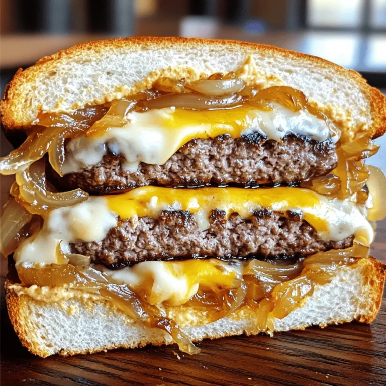 For a perfect classic patty melt, you will need: - 1 lb ground beef - 1 medium onion, thinly sliced - 4 slices of Swiss cheese - 4 slices of hearty rye bread These ingredients bring together the rich flavors that make this dish so special. The ground beef forms the juicy patty, while the onion adds a sweet touch. Swiss cheese melts beautifully, making every bite creamy. Rye bread gives it a unique flavor and crunch. To take your patty melt to the next level, consider adding: - 1 tablespoon Worcestershire sauce - 1 teaspoon garlic powder - 1 tablespoon mayonnaise (for spreading) Worcestershire sauce adds a deep umami flavor. Garlic powder brings a hint of warmth without being overpowering. Mayonnaise can add a nice creamy texture if you choose to spread it on the bread. Don’t forget these key seasonings: - Salt and black pepper to taste - 2 tablespoons unsalted butter, divided Seasoning your beef with salt and pepper ensures that it tastes great. Butter is essential for grilling the bread to a golden crisp. It enhances the flavor and makes the outside crunchy, while the inside stays soft. For the full recipe, check out the details above! To start, I melt 1 tablespoon of butter in a skillet over medium heat. I add thinly sliced onions and a pinch of salt. Stir the onions often. This helps them caramelize nicely. The cooking time is about 15 to 20 minutes. Keep an eye on the heat. You want them golden brown and sweet. Once done, take them off the heat and set them aside. In a mixing bowl, I combine 1 pound of ground beef with Worcestershire sauce and garlic powder. I add salt and pepper for taste. Mix gently to keep the beef tender. Next, I divide the mixture into two equal parts. Shape each part into a patty, about ¾ inch thick. Now, it’s time to cook the patties. I return the skillet to the stove, adding the remaining butter. I turn the heat to medium-high. I cook the patties for about 4 to 5 minutes per side. You can adjust the time based on how you like your meat cooked. During the last minute, I add a slice of Swiss cheese on top of each patty. This makes it melt beautifully. If you like, spread mayonnaise on one side of each slice of rye bread. I take two slices and place a cheesy patty on the unbuttered side of each. Then, I add a generous helping of the caramelized onions. Finally, I close the sandwiches with the other slices of bread, making sure the buttered side is facing up. Next, I wipe the skillet to remove any bits left behind. I heat the skillet over medium-low heat. I grill the assembled sandwiches for about 3 to 4 minutes per side. I want them to be golden brown and crispy. Using a spatula, I press down gently on the sandwiches. This helps everything cook evenly and stay melty inside. For the full recipe, check the main article. - Best cooking temperatures: Start with medium-high heat. This helps to brown the outside and keep the inside juicy. - Checking for doneness: Use a meat thermometer. Aim for 160°F for ground beef. A quick poke with your finger can also help; if it feels firm, it’s likely done. - Choosing the right type of rye bread: Look for hearty rye bread with good texture. The flavor of the rye pairs well with the meat and cheese. - Alternative bread options: If rye isn't your favorite, try sourdough or whole wheat. Both provide a nice crunch and flavor. - Best side dishes to pair with patty melts: Crispy fries or sweet potato fries are classic choices. A fresh side salad adds a nice crunch. - Ideal garnish ideas for presentation: A sprinkle of fresh parsley or dill can brighten up your plate. You can also add pickles on the side for extra tang. For the complete recipe, check the Full Recipe section. {{image_4}} You can switch up the meat in your patty melt. Try ground turkey or even a veggie patty for a healthier twist. Both options keep the sandwich tasty. For cheese, Swiss is classic, but you can use cheddar or pepper jack for a kick. These swaps change the flavor, keeping it fresh and exciting. The patty melt has many faces. In classic forms, it stays true to its roots. But gourmet versions take it to new heights. Chefs add toppings like sautéed mushrooms or spicy sauces. You can find global inspirations too. Some cultures use different breads or spices. Each region puts its own spin on this beloved dish, making it unique. If you need a gluten-free option, choose gluten-free bread. Many brands make great choices that hold up well. For a vegan patty melt, use a plant-based patty and vegan cheese. These swaps keep the spirit of a patty melt while fitting dietary needs. Experiment with these variations to make your patty melt your own. Check out the Full Recipe for more ideas! To keep your leftover patty melts fresh, use proper refrigeration techniques. First, let the patty melts cool down to room temperature. This step helps avoid condensation, which can make your sandwiches soggy. Next, wrap each patty melt tightly in plastic wrap or aluminum foil. You can also place them in an airtight container. The best container types are glass or BPA-free plastic. These containers keep out moisture and protect from odors in the fridge. When you’re ready to enjoy leftovers, reheating correctly is key. You can use a skillet, oven, or microwave. The skillet method brings back the original texture and flavor. Heat the skillet over medium heat. Place the patty melt in the pan and cover it with a lid. This step helps the cheese melt without drying out the bread. Heat for about 3-4 minutes on each side. If you prefer the oven, preheat it to 350°F (175°C). Wrap the patty melt in foil to keep it from drying out. Heat for about 10-15 minutes. This keeps the bread crisp while warming the filling. Avoid the microwave if you want to keep your patty melt from getting soggy. Microwaving can make the bread soft and chewy. If you must use it, heat for only 30 seconds and check if it’s warm enough. Enjoy your delicious patty melts again! For the full recipe, refer back to the classic patty melt section. A burger is usually served on a bun. A patty melt uses bread like rye. In a burger, you find toppings like lettuce and tomato. In a patty melt, you get melted cheese and onions. The cooking method differs too. A burger is grilled, while a patty melt is cooked in a skillet. Yes, you can prepare the meat and onions in advance. Cook the patties and caramelize the onions. Store them in the fridge. When you're ready to eat, just assemble and grill the sandwich. This saves time on busy days. Some great sides include: - Crispy fries - Sweet potato fries - Coleslaw - Salad - Pickles These sides balance the rich flavors of the patty melt. You can use lean ground beef for fewer calories. Try whole grain rye bread instead of regular. Add fresh veggies like spinach or tomato. You can also skip the mayonnaise or use a light version. These changes make your meal tasty and healthier. The patty melt has roots in the United States. It gained popularity in diners during the 1940s. Many believe it started in California. The mix of flavors and textures made it a favorite comfort food. Absolutely! While Swiss is classic, you can try: - Cheddar - Pepper jack - American - Gouda Each cheese adds a unique taste to your patty melt. Experiment to find your favorite! For the complete recipe, check out the [Full Recipe]. A classic patty melt combines simple, tasty ingredients for a satisfying meal. We covered essential items like ground beef, Swiss cheese, and rye bread. You learned steps to prepare, assemble, and grill your sandwich for that perfect finish. Tips on customization and storage enhance your experience. Remember that variations let you make it your own. Enjoy your cooking and the delicious patty melts you create!