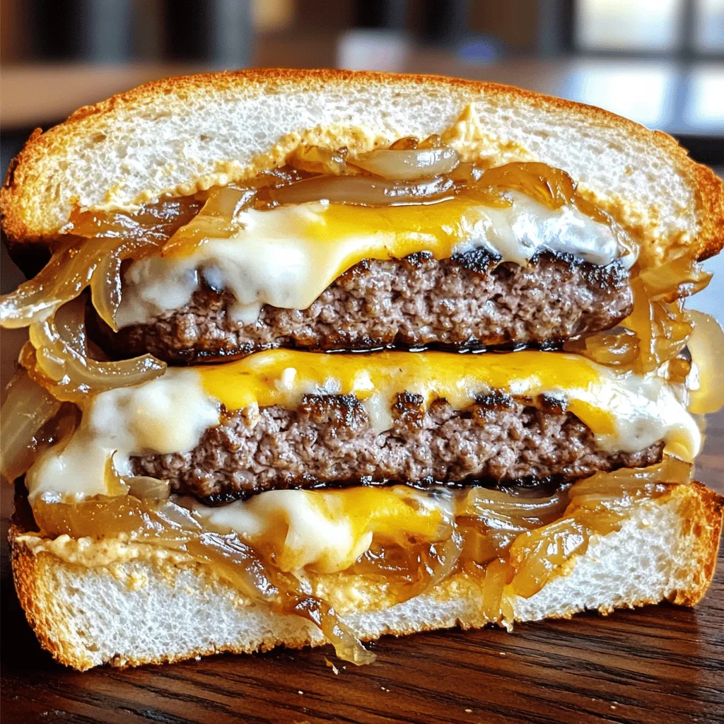 For a perfect classic patty melt, you will need: - 1 lb ground beef - 1 medium onion, thinly sliced - 4 slices of Swiss cheese - 4 slices of hearty rye bread These ingredients bring together the rich flavors that make this dish so special. The ground beef forms the juicy patty, while the onion adds a sweet touch. Swiss cheese melts beautifully, making every bite creamy. Rye bread gives it a unique flavor and crunch. To take your patty melt to the next level, consider adding: - 1 tablespoon Worcestershire sauce - 1 teaspoon garlic powder - 1 tablespoon mayonnaise (for spreading) Worcestershire sauce adds a deep umami flavor. Garlic powder brings a hint of warmth without being overpowering. Mayonnaise can add a nice creamy texture if you choose to spread it on the bread. Don’t forget these key seasonings: - Salt and black pepper to taste - 2 tablespoons unsalted butter, divided Seasoning your beef with salt and pepper ensures that it tastes great. Butter is essential for grilling the bread to a golden crisp. It enhances the flavor and makes the outside crunchy, while the inside stays soft. For the full recipe, check out the details above! To start, I melt 1 tablespoon of butter in a skillet over medium heat. I add thinly sliced onions and a pinch of salt. Stir the onions often. This helps them caramelize nicely. The cooking time is about 15 to 20 minutes. Keep an eye on the heat. You want them golden brown and sweet. Once done, take them off the heat and set them aside. In a mixing bowl, I combine 1 pound of ground beef with Worcestershire sauce and garlic powder. I add salt and pepper for taste. Mix gently to keep the beef tender. Next, I divide the mixture into two equal parts. Shape each part into a patty, about ¾ inch thick. Now, it’s time to cook the patties. I return the skillet to the stove, adding the remaining butter. I turn the heat to medium-high. I cook the patties for about 4 to 5 minutes per side. You can adjust the time based on how you like your meat cooked. During the last minute, I add a slice of Swiss cheese on top of each patty. This makes it melt beautifully. If you like, spread mayonnaise on one side of each slice of rye bread. I take two slices and place a cheesy patty on the unbuttered side of each. Then, I add a generous helping of the caramelized onions. Finally, I close the sandwiches with the other slices of bread, making sure the buttered side is facing up. Next, I wipe the skillet to remove any bits left behind. I heat the skillet over medium-low heat. I grill the assembled sandwiches for about 3 to 4 minutes per side. I want them to be golden brown and crispy. Using a spatula, I press down gently on the sandwiches. This helps everything cook evenly and stay melty inside. For the full recipe, check the main article. - Best cooking temperatures: Start with medium-high heat. This helps to brown the outside and keep the inside juicy. - Checking for doneness: Use a meat thermometer. Aim for 160°F for ground beef. A quick poke with your finger can also help; if it feels firm, it’s likely done. - Choosing the right type of rye bread: Look for hearty rye bread with good texture. The flavor of the rye pairs well with the meat and cheese. - Alternative bread options: If rye isn't your favorite, try sourdough or whole wheat. Both provide a nice crunch and flavor. - Best side dishes to pair with patty melts: Crispy fries or sweet potato fries are classic choices. A fresh side salad adds a nice crunch. - Ideal garnish ideas for presentation: A sprinkle of fresh parsley or dill can brighten up your plate. You can also add pickles on the side for extra tang. For the complete recipe, check the Full Recipe section. {{image_4}} You can switch up the meat in your patty melt. Try ground turkey or even a veggie patty for a healthier twist. Both options keep the sandwich tasty. For cheese, Swiss is classic, but you can use cheddar or pepper jack for a kick. These swaps change the flavor, keeping it fresh and exciting. The patty melt has many faces. In classic forms, it stays true to its roots. But gourmet versions take it to new heights. Chefs add toppings like sautéed mushrooms or spicy sauces. You can find global inspirations too. Some cultures use different breads or spices. Each region puts its own spin on this beloved dish, making it unique. If you need a gluten-free option, choose gluten-free bread. Many brands make great choices that hold up well. For a vegan patty melt, use a plant-based patty and vegan cheese. These swaps keep the spirit of a patty melt while fitting dietary needs. Experiment with these variations to make your patty melt your own. Check out the Full Recipe for more ideas! To keep your leftover patty melts fresh, use proper refrigeration techniques. First, let the patty melts cool down to room temperature. This step helps avoid condensation, which can make your sandwiches soggy. Next, wrap each patty melt tightly in plastic wrap or aluminum foil. You can also place them in an airtight container. The best container types are glass or BPA-free plastic. These containers keep out moisture and protect from odors in the fridge. When you’re ready to enjoy leftovers, reheating correctly is key. You can use a skillet, oven, or microwave. The skillet method brings back the original texture and flavor. Heat the skillet over medium heat. Place the patty melt in the pan and cover it with a lid. This step helps the cheese melt without drying out the bread. Heat for about 3-4 minutes on each side. If you prefer the oven, preheat it to 350°F (175°C). Wrap the patty melt in foil to keep it from drying out. Heat for about 10-15 minutes. This keeps the bread crisp while warming the filling. Avoid the microwave if you want to keep your patty melt from getting soggy. Microwaving can make the bread soft and chewy. If you must use it, heat for only 30 seconds and check if it’s warm enough. Enjoy your delicious patty melts again! For the full recipe, refer back to the classic patty melt section. A burger is usually served on a bun. A patty melt uses bread like rye. In a burger, you find toppings like lettuce and tomato. In a patty melt, you get melted cheese and onions. The cooking method differs too. A burger is grilled, while a patty melt is cooked in a skillet. Yes, you can prepare the meat and onions in advance. Cook the patties and caramelize the onions. Store them in the fridge. When you're ready to eat, just assemble and grill the sandwich. This saves time on busy days. Some great sides include: - Crispy fries - Sweet potato fries - Coleslaw - Salad - Pickles These sides balance the rich flavors of the patty melt. You can use lean ground beef for fewer calories. Try whole grain rye bread instead of regular. Add fresh veggies like spinach or tomato. You can also skip the mayonnaise or use a light version. These changes make your meal tasty and healthier. The patty melt has roots in the United States. It gained popularity in diners during the 1940s. Many believe it started in California. The mix of flavors and textures made it a favorite comfort food. Absolutely! While Swiss is classic, you can try: - Cheddar - Pepper jack - American - Gouda Each cheese adds a unique taste to your patty melt. Experiment to find your favorite! For the complete recipe, check out the [Full Recipe]. A classic patty melt combines simple, tasty ingredients for a satisfying meal. We covered essential items like ground beef, Swiss cheese, and rye bread. You learned steps to prepare, assemble, and grill your sandwich for that perfect finish. Tips on customization and storage enhance your experience. Remember that variations let you make it your own. Enjoy your cooking and the delicious patty melts you create!