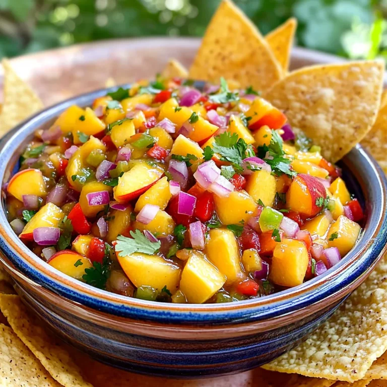 - Fresh peaches - Red onion - Jalapeño pepper - Red bell pepper - Fresh cilantro - Lime juice - Salt and pepper - Optional honey For this fresh peach salsa, you want to gather simple ingredients that burst with flavor. Start with fresh peaches, as they are the star of this dish. Choose ripe peaches that give slightly when you press them gently. This ensures they are sweet and juicy. Next, chop a red onion finely. This will add a nice crunch and a hint of sharpness. If you prefer a milder taste, soak the onion in cold water for a few minutes before adding it to the salsa. Now, grab a jalapeño pepper. Remove the seeds to control the heat. If you like spicy salsa, leave some seeds in for an extra kick. Finely mince the jalapeño and add it to the mix. For sweetness and crunch, include a red bell pepper. Dice it into small pieces. The bright color will also make the salsa visually appealing. You can't forget the fresh cilantro! Chop about a quarter cup. The cilantro adds a fresh, herbal taste that brightens the whole dish. Next, squeeze the juice of two limes into the bowl. This adds a zesty tang that pairs perfectly with the sweetness of the peaches. Finally, season with salt and pepper to taste. This will help to enhance all the flavors in your salsa. For those who enjoy a hint of sweetness to balance the tang, you can add optional honey. This combination of ingredients creates a colorful, zesty dip that is perfect for any occasion. You can find the complete steps in the Full Recipe. 1. Start by dicing the peaches. Use three ripe peaches. Cut them into small pieces. This gives your salsa a sweet base. 2. Next, chop the red onion. Use one small onion. Finely chop it to enhance the flavor. The onion adds a nice crunch. 3. Now, take a jalapeño pepper. Remove the seeds and mince it. This adds heat to your salsa. If you like it milder, use less. 4. Dice one red bell pepper. This pepper adds sweetness and a nice crunch. It balances the heat from the jalapeño. 5. Finally, slice the cilantro. Use about 1/4 cup. The fresh herb adds lovely notes to your salsa. 1. Combine all your ingredients in a medium mixing bowl. This includes the diced peaches, chopped onion, minced jalapeño, and diced red bell pepper. 2. Add the coarsely chopped cilantro into the bowl. This brightens up the salsa. 3. Squeeze the juice from two limes. Pour the juice directly into the bowl. This adds tang and freshness. 4. If you want a touch of sweetness, drizzle in one teaspoon of honey. Mix well to combine all the flavors. 1. Season your salsa with salt and pepper. Start with a little and taste as you go. Adjust according to your preference. 2. Gently toss all the ingredients together. Be careful not to mash the peaches. This keeps the salsa fresh and vibrant. 3. Let the salsa rest for at least 15 minutes. This helps the flavors meld beautifully. Enjoy this fresh peach salsa with tortilla chips or as a topping on grilled meats. For the full recipe, check [Full Recipe]. When picking peaches, look for a few key signs. They should feel slightly soft when you press them gently. The color should be vibrant, with a golden hue. The sweet aroma is also a good sign of ripeness. For salsa, I recommend these peach varieties: - Freestone peaches: Easy to pit and sweet. - Clingstone peaches: Juicy and flavorful, perfect for fresh dishes. To create a zesty salsa, balance the sweet and spicy flavors. Add just enough jalapeño to give it a kick without overwhelming the sweetness of the peaches. You can also try some optional add-ins: - A dash of cumin for warmth. - Chopped mango for extra sweetness. - A splash of vinegar for brightness. Fresh peach salsa pairs perfectly with crispy tortilla chips. It adds a fun twist to your standard snack. For a creative presentation, serve the salsa in a colorful bowl. You can also place it in hollowed-out peaches for a fun touch. Garnish with a sprig of fresh cilantro to make it pop. Want to try the full recipe? Check out the Peachy Paradise Salsa for all the details! {{image_4}} To make your fresh peach salsa spicy, add more jalapeños or other hot peppers. Start with an extra jalapeño, finely chopped. If you love heat, try serrano or habanero peppers. These peppers give a nice kick. Just remember to adjust the amount based on your spice level. Taste as you mix. You want to enjoy the heat, not overpower it. Try adding mango or pineapple for a tropical twist. These fruits add sweetness and juicy texture. Diced mango blends well with peaches. Pineapple brings a tangy note. Mix about one cup of diced fruit with your peach salsa. This combo makes your salsa even more vibrant and exciting. It's fun to explore different flavors. Herbs can elevate your peach salsa. Experiment with different herbs like basil or mint. Basil adds a sweet, peppery flavor that pairs well with peaches. Mint gives a fresh, cool taste. Use about 1/4 cup of finely chopped herbs. Add them in with the cilantro for a unique twist. This makes your salsa special and refreshing. For the full recipe, check out [Full Recipe]. To keep your fresh peach salsa tasty, store it in the fridge. Use an airtight container. This helps keep the flavors strong and fresh. If you want to keep it longer, freezing is an option. Just place the salsa in a freezer-safe bag. Remove as much air as possible before sealing. It is best to freeze in smaller portions, so you can thaw what you need. In the fridge, fresh peach salsa is good for about 3 to 5 days. After that, it may lose its flavor and freshness. Look for signs of spoilage. If the salsa smells sour or changes color, it's time to toss it. Always trust your senses when checking food. If it looks or smells off, do not eat it. You can use canned peaches, but I prefer fresh ones. Fresh peaches offer better taste and texture. They give your salsa a juicy bite. However, canned peaches are convenient. They save time and are available year-round. Just look for peaches packed in juice, not syrup. This keeps the flavor bright and fresh. If you use canned peaches, drain them well. This helps avoid a watery salsa. To spice up your salsa, add more jalapeño. You can also try serrano or habanero peppers. They bring heat and flavor. Remove the seeds for less heat if needed. You might also mix in some cayenne pepper or hot sauce. Start with a little and taste as you go. This way, you can find the perfect heat level for you. Fresh peach salsa is great with many dishes! Serve it with tortilla chips for a tasty snack. You can also pair it with grilled chicken or fish. It adds a zesty twist to tacos or burritos. Try it on top of a fresh salad. It brings a burst of flavor that brightens any meal. Peach salsa is packed with nutrients! Peaches are rich in vitamins A and C. These vitamins help keep your skin healthy. The red onion adds antioxidants, which protect your cells. Cilantro brings fresh flavor and may aid digestion. Lime juice provides vitamin C and helps with hydration. Overall, this salsa is a delicious way to enjoy healthy ingredients. To make it even healthier, skip the honey or use less. You can find the full recipe [here](#). Fresh peach salsa brings together the perfect blend of flavors. We explored the ingredients, from ripe peaches to zesty lime juice. You learned how to prepare and mix the salsa, and how to enhance its taste. The tips on choosing peaches and serving ideas elevated your dish. Variations and storage advice help you make this salsa a staple. In the end, fresh peach salsa is simple, delicious, and versatile. Enjoy creating your own unique twist and sharing it with others!