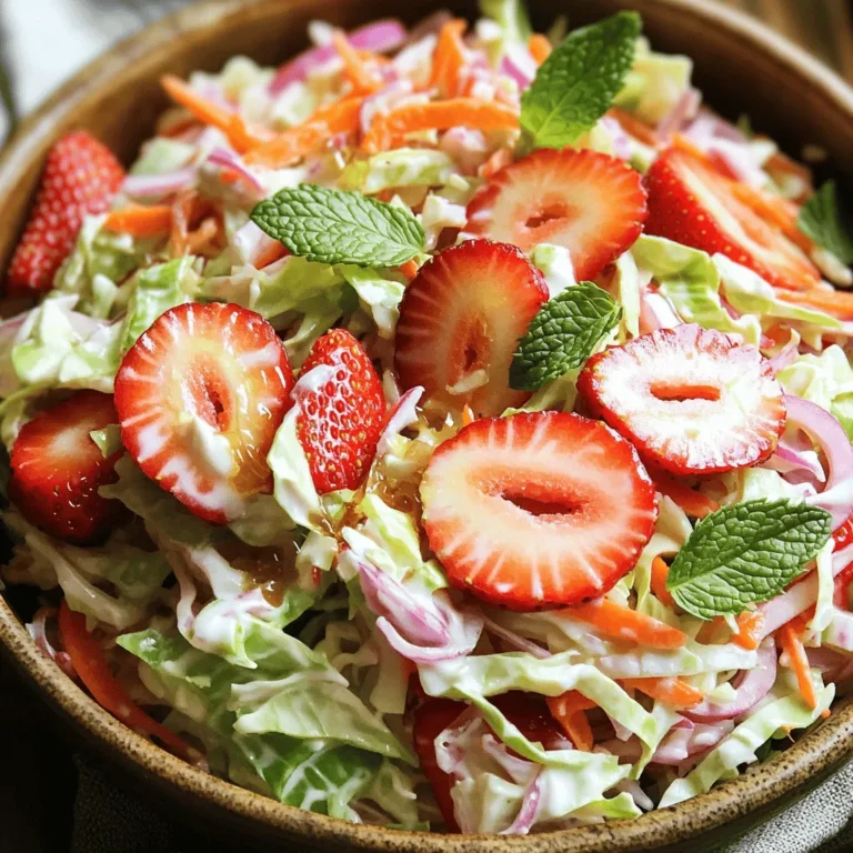 For a fresh and vibrant strawberry coleslaw, start with these key ingredients: - 4 cups green cabbage, finely shredded - 1 cup carrots, grated - 1 cup ripe strawberries, hulled and thinly sliced - 1/4 cup red onion, finely sliced These fresh veggies create a colorful base. The cabbage adds crunch, while the carrots bring sweetness. Strawberries offer a juicy burst, and red onion gives a hint of sharpness. Next, let’s make the dressing. Gather these simple items: - 1/2 cup creamy Greek yogurt - 2 tablespoons pure honey - 1 tablespoon apple cider vinegar - Salt and pepper to taste This creamy dressing balances the flavors. Greek yogurt gives a rich base, and honey adds a touch of sweetness. Apple cider vinegar brightens it all up. For a twist, consider these optional add-ins: - 1/4 cup fresh mint leaves, chopped Mint adds a refreshing flavor. This herb pairs well with strawberries and makes your coleslaw stand out. You can also try nuts or seeds for extra crunch. Ready to make this delicious strawberry coleslaw? Check out the Full Recipe for all the details! First, gather all your fresh veggies. You need 4 cups of green cabbage, 1 cup of grated carrots, 1 cup of sliced strawberries, and 1/4 cup of red onion. Take a large bowl and add the cabbage. Then, add the carrots, strawberries, and onion. Mix them gently. This helps combine the colors and flavors. In a smaller bowl, combine the creamy Greek yogurt, pure honey, and apple cider vinegar. Use a whisk to blend these ingredients well. Add a pinch of salt and black pepper for taste. Make sure the dressing is smooth and creamy. This will give your coleslaw a rich flavor. Now, drizzle the dressing over the veggies in the large bowl. Use salad tongs or a large spoon to toss everything together. Make sure all the ingredients are coated in the dressing. Taste it! Adjust the salt and pepper if needed. Cover the bowl with plastic wrap or a lid. Place it in the fridge for at least 30 minutes. This waiting time lets the flavors mix and makes the veggies crunchier. When you are ready to serve, stir it again. You can add chopped mint leaves for extra flavor and color. For the full recipe, check out the details above. To make your strawberry coleslaw sing, focus on balance. The sweetness of strawberries needs a bit of acidity. Use apple cider vinegar, as it adds a nice tang. You can also try adding a splash of lemon juice for brightness. If you want more depth, consider mixing in some finely chopped jalapeño. This adds a gentle kick that contrasts well with the sweet strawberries. Strawberry coleslaw shines in many settings. Serve it alongside grilled chicken or pork for a fresh crunch. It also works well as a topping on tacos or sandwiches. For a fun twist, serve it in a taco shell. This makes a great finger food for gatherings. Don’t forget to pair it with a light, fruity drink to complement the dish. Preparing your coleslaw ahead of time is smart. It saves you stress on the day of your event. You can make the coleslaw up to a day in advance. Just store it in the fridge to keep it fresh. The flavors will deepen as it chills. Just remember to give it a good stir before serving. This ensures everything is mixed evenly again. For a special touch, add fresh mint leaves right before serving to keep them vibrant. {{image_4}} You can swap ingredients in strawberry coleslaw to suit your taste. Instead of green cabbage, try purple cabbage for a vibrant look. You can also use kale for a more earthy flavor and extra nutrients. If you don’t have Greek yogurt, sour cream works well, too. For a sweeter touch, replace honey with maple syrup. Just remember that these changes can alter the taste slightly. Adding flavors can make your coleslaw pop. Try mixing in some diced apples or pears for a crunchy bite. Chopped nuts, like walnuts or pecans, add a nice crunch and healthy fats. If you like heat, add a pinch of cayenne pepper or diced jalapeños. Fresh herbs, like cilantro or basil, can also brighten the dish. Each of these additions can elevate your strawberry coleslaw and create new taste experiences. If you want a lighter version, reduce the yogurt and replace it with low-fat yogurt. You can also use a sugar substitute for the honey. Adding more veggies, like bell peppers or cucumbers, boosts fiber without many calories. To make it vegan, use a plant-based yogurt and skip the honey. These changes keep the dish tasty while making it healthier. For the full recipe, check out Strawberry Coleslaw Delight. To keep your strawberry coleslaw fresh, store it in an airtight container. This helps prevent moisture loss and keeps flavors intact. Place it in the fridge right after serving. Avoid leaving it out for too long. The crunchiness of the cabbage and carrots will stay nice if stored properly. Freezing coleslaw is not ideal due to the texture changes. The cabbage and carrots may become soggy once thawed. If you want to freeze it, consider storing the dressing separately. You can freeze the veggies without dressing for up to two months. When ready to use, thaw the veggies and mix with fresh dressing. Strawberry coleslaw lasts about three to five days in the fridge. Keep an eye on it for any signs of spoilage, like an off smell or discoloration. If you notice any, it's best to throw it away. Always trust your senses when it comes to food safety. Enjoy your coleslaw fresh for the best taste! For the full recipe, refer to the section above. Yes, you can use other fruits in your coleslaw. Apples, pineapple, or blueberries work well. These fruits add sweetness and a nice crunch. Mix them with the cabbage and carrots for a colorful dish. Experimenting with fruits keeps your coleslaw fresh and exciting. You can also try dried fruits like raisins for a chewy texture. To make this recipe vegan, swap the Greek yogurt for a plant-based yogurt. Use maple syrup instead of honey for sweetness. Both changes keep the creaminess and flavor intact. Make sure the yogurt you choose is thick and creamy. This way, you still enjoy a delicious coleslaw without any animal products. This coleslaw is packed with nutrients. Cabbage is a great source of vitamins K and C. Carrots provide a good dose of beta-carotene. Strawberries add antioxidants and fiber, which support digestion. The yogurt offers protein and probiotics for gut health. Overall, this coleslaw is a tasty way to enjoy healthy ingredients. This blog covered the key ingredients and steps for making coleslaw. We explored how to prepare fresh produce, create a tasty dressing, and combine everything. You learned tips for boosting flavor and serving ideas, plus how to store leftovers. Variations let you swap ingredients and try healthier options. Remember, you can customize recipes to suit your taste. Enjoy making coleslaw your way, and share your results with friends. Try these tips to make your dish stand out. Happy cooking!