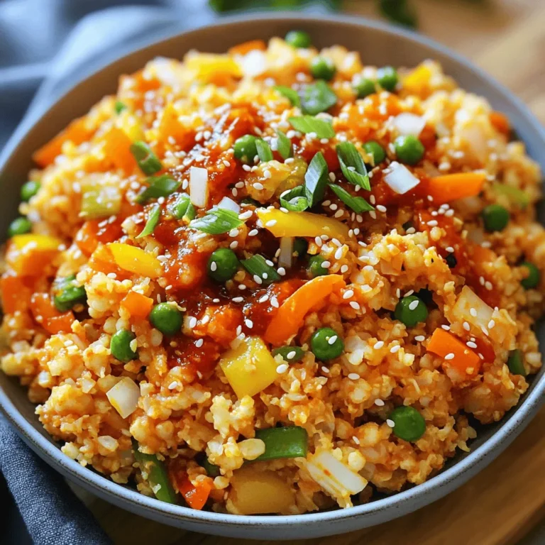 Here are the ingredients you need: - 1 medium head cauliflower, riced (about 4 cups) - 1 cup mixed vegetables (such as diced carrots, green peas, and bell peppers) - 1 small onion, finely chopped - 2-3 cloves garlic, minced - 1 inch piece ginger, minced - 2-3 tablespoons Schezwan sauce (adjust to your desired spice level) - 2 tablespoons low-sodium soy sauce - 2 tablespoons vegetable oil (for frying) - Salt and pepper, to taste - 2 green onions, chopped (for garnish) - Sesame seeds, for garnish If you don't have an ingredient, don't worry! You can swap some items. - Cauliflower: Use broccoli or zucchini if you prefer. - Mixed Vegetables: Choose any firm veggies, like corn or snap peas. - Soy Sauce: If you need gluten-free, use tamari or coconut aminos. - Schezwan Sauce: Try chili paste or sriracha for a different kick. Choosing fresh ingredients is key for great taste. Here’s what to look for: - Cauliflower: Look for a head that is firm and white. Avoid brown spots. - Vegetables: Choose colorful, crisp veggies. They should feel firm to the touch. - Onions and Garlic: Select dry, firm onions without sprouting. Garlic should be plump and dry. - Ginger: Pick fresh ginger with smooth skin. Avoid dry or shriveled pieces. Using fresh ingredients makes your Schezwan cauliflower fried rice taste amazing. Trust me, it’s worth it! For the full recipe, check out the details above! To start, cut the cauliflower into small florets. This helps the cauliflower break down evenly. Place the florets into a food processor. Pulse them until they look like small grains of rice. Be careful not to over-process, or you’ll get mush. Once riced, set the cauliflower aside. This riced cauliflower will be the base for your fried rice. Next, grab a large non-stick skillet or wok. Heat two tablespoons of vegetable oil over medium-high heat until it shimmers. Add the finely chopped onion and sauté for 2-3 minutes. You want the onion to become translucent and a bit golden. Then, stir in minced garlic and ginger. Cook these for about a minute until they smell great. Now, toss in the mixed vegetables, which could include carrots, peas, and bell peppers. Cook for 5-7 minutes, stirring often. You want the veggies to be crisp-tender but not mushy. After that, add your riced cauliflower to the skillet. Stir-fry everything together for about 5 minutes. This helps the cauliflower soak in all those good flavors. Now it’s time to add some flavor! Drizzle in the Schezwan sauce and soy sauce. Stir everything well to coat the cauliflower and veggies. Let it cook together for an additional 2-3 minutes. This step is key for blending the flavors. Finally, season with salt and pepper to taste. Adjust the seasoning to your liking. Once done, remove the skillet from heat. Garnish your dish with chopped green onions and a sprinkle of sesame seeds. This adds a nice crunch and a pop of color. You now have a tasty Schezwan Cauliflower Fried Rice ready to serve! For the full recipe, check the earlier sections. To get the best texture, start with a fresh head of cauliflower. Make sure to cut it into small florets. When you rice the cauliflower, pulse it in the food processor. Do this in small batches to avoid over-processing. You want it to look like rice, not mush. This keeps the fried rice light and fluffy. Using the right tools makes cooking easier. A large non-stick skillet or a wok works best for this recipe. These help prevent sticking and ensure even cooking. A food processor is also key for making the cauliflower rice. Finally, a spatula or wooden spoon helps you stir and toss the rice well. You can easily adjust the spice in this dish. Start with 2 tablespoons of Schezwan sauce. Taste it and add more if you like it hotter. If you prefer milder flavors, try using less sauce or a milder stir-fry sauce. Adding a dash of sugar can balance out extra heat. Enjoy experimenting to find your perfect level! For the full recipe, check out the details above. {{image_4}} You can easily make this dish vegetarian or vegan. Use vegetable oil and avoid any animal products. Replace the egg with extra vegetables or tofu for protein. Use a vegan Schezwan sauce to keep it plant-based. This keeps the dish tasty and colorful. Adding protein can make this meal even better. Tofu works well and soaks up flavors. For a meaty option, try chicken or shrimp. If you choose chicken, cook it first and set it aside. Then, add it back in with the cauliflower rice. You can switch up the sauces for new tastes. Try hoisin sauce for a sweet twist. Or use chili garlic sauce for extra heat. Mixing in oyster sauce can add depth. Each sauce gives a unique flavor to your fried rice. For the full recipe, check out the detailed steps above! To keep your Schezwan cauliflower fried rice fresh, let it cool first. Then, place it in an airtight container. Make sure to seal it tightly. Store it in the fridge for up to four days. This keeps it flavorful and safe to eat. When you are ready to eat, reheat your fried rice on the stove or in the microwave. For the stove, heat a pan over medium heat. Add a splash of oil if needed. Stir the rice for about 5 minutes until hot. In the microwave, place the rice in a bowl and cover it. Heat for about 2 minutes, stirring halfway through. This helps it warm evenly. If you want to save your fried rice for later, freezing is a great option. Pack it in freezer-safe bags or containers. Remove as much air as possible to prevent freezer burn. You can freeze it for up to three months. When ready to eat, thaw it in the fridge overnight. Then, reheat it as described above. Enjoy the same great taste later! For the full recipe, check out the complete guide and enjoy making this dish again! Yes, you can make this dish ahead of time. It tastes great even after a day. Store it in an airtight container in the fridge. When ready to eat, just reheat it in a skillet until hot. This way, you save time on busy days. You can serve this fried rice with many tasty sides. Here are a few ideas: - Spring rolls - Crispy tofu - Stir-fried vegetables - A light salad These pair well and add more flavor to your meal. To lower the spice level, you can adjust the Schezwan sauce. Start with one tablespoon instead of two or three. You can also add more mixed vegetables or a splash of coconut milk. This will help tone down the heat without losing flavor. Enjoy your cooking with this easy recipe! For the full recipe, check here. This blog covered the ingredients and instructions for making Schezwan Cauliflower Fried Rice. You learned about ingredient substitutes and tips for picking fresh produce. We explored step-by-step cooking methods and ways to get the best cauliflower texture. You discovered how to vary the recipe with different proteins and sauces. Finally, the blog provided helpful storage tips and answered common questions. Enjoy experimenting with this recipe. Make it your own and share your results!