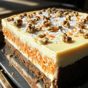 - 1 cup all-purpose flour - 1 teaspoon baking powder - 1 teaspoon baking soda - 1 teaspoon ground cinnamon - 1/2 teaspoon ground nutmeg - 1/4 teaspoon salt - 1/2 cup granulated sugar - 1/2 cup packed brown sugar - 1/2 cup vegetable oil - 2 large eggs - 1 teaspoon vanilla extract - 1 1/2 cups grated carrots - 1/2 cup chopped walnuts (optional) - 1/2 cup crushed pineapple, well-drained - 16 oz cream cheese, softened - 1 cup granulated sugar - 3 large eggs - 1 teaspoon vanilla extract - 1 tablespoon fresh lemon juice - 1/2 cup sour cream - 1/4 cup finely chopped walnuts - 1/4 cup shredded coconut The ingredients are key to making a great Carrot Cake Cheesecake. The carrot cake layer is moist and flavorful, thanks to the grated carrots and optional walnuts. The spices like cinnamon and nutmeg bring out warmth and depth. For the cheesecake layer, cream cheese gives a rich and creamy texture. The addition of sour cream adds a nice tang. If you want to make this dish even better, consider the toppings. Chopped walnuts and shredded coconut can add crunch and flavor. You can find the full recipe [here](#). - Set temperature to 325°F (160°C) - Prepare a 9-inch springform pan Start by preheating your oven to 325°F (160°C). This will ensure that your carrot cake cheesecake bakes evenly. Next, grab a 9-inch springform pan. Grease it well and line the bottom with parchment paper. This will help the cheesecake come out easily after baking. - Mix dry ingredients and combine with wet ingredients - Fold in grated carrots, walnuts, and crushed pineapple In a medium bowl, mix the dry ingredients. You need flour, baking powder, baking soda, cinnamon, nutmeg, and salt. In a large bowl, whisk together the sugars, vegetable oil, eggs, and vanilla extract. Once it is smooth, slowly add the dry mix to the wet mix. Stir gently until just combined. Now, fold in the grated carrots, walnuts, and crushed pineapple. This gives your cake great texture and flavor. - Pour batter into the springform pan - Bake for 25-30 minutes until a toothpick comes out clean Pour the carrot cake batter into the prepared springform pan. Bake for 25-30 minutes. To check if it's done, insert a toothpick into the center. If it comes out clean, it's ready. Let the carrot layer cool in the pan on a wire rack. - Beat the cream cheese until smooth - Gradually add sugar and eggs while mixing In a large bowl, beat the softened cream cheese with an electric mixer on medium speed. Keep mixing until it's smooth. Gradually add in the sugar. Then, add the eggs one at a time, mixing on low speed after each one. Finally, mix in the vanilla extract, lemon juice, and sour cream. Your cheesecake batter should be creamy and well blended. - Pour cheesecake batter over the cooled carrot layer - Smooth the surface with a spatula Once the carrot layer is cool, pour the cheesecake batter over it. Use a spatula to spread it out evenly. This will create a nice, smooth top for your cake. - Bake for 45-50 minutes or until center slightly jiggles - Cool gradually in the oven Put the cake back in the oven. Bake for 45-50 minutes. The center should jiggle slightly when done. After baking, turn off the oven and crack the door open. This helps the cheesecake cool slowly, reducing the chance of cracks. - Chill in the refrigerator for at least 4 hours - Top with walnuts and shredded coconut before serving After an hour, take the cheesecake out and place it in the fridge. Chill for at least 4 hours, or overnight for the best taste. Before serving, sprinkle the top with walnuts and shredded coconut for extra flavor and crunch. Enjoy your delicious creation! For the full recipe, check the details above. - Use room temperature ingredients for better mixing. This helps all the flavors blend well. - Avoid overmixing the cheesecake batter to prevent cracks. Mix until just smooth for a perfect texture. - Serve with whipped cream or a scoop of vanilla ice cream. This adds a creamy touch to each bite. - Garnish with fresh carrots or edible flowers for decoration. This makes the dish look extra special and fun. - A springform pan is great for easy removal. It helps keep your cheesecake intact when serving. - An electric mixer ensures a smooth cheesecake batter. This saves time and effort, making mixing a breeze. {{image_4}} You can change the flavor of your carrot cake cheesecake. Try adding raisins or shredded coconut to the carrot layer. Both add sweetness and texture. You can also mix in spices like cardamom for a warm, spicy kick. This makes each bite more exciting. If you want a lighter version, use whole wheat flour instead of all-purpose flour. This swap adds fiber and nutrients. You can also replace sour cream with Greek yogurt. It gives creaminess with less fat. For a gluten-free option, use a gluten-free flour blend. This way, everyone can enjoy your cheesecake. If you need a vegan version, use dairy-free cream cheese. It works just as well in the cheesecake layer. These variations allow you to make this dessert fit your taste and dietary needs. Feel free to explore and enjoy the process! For the complete recipe, check the Full Recipe section. Store your carrot cake cheesecake in the refrigerator for up to 5 days. To keep it fresh, cover it tightly with plastic wrap or foil. This will help prevent it from drying out and absorbing other fridge odors. You can freeze carrot cake cheesecake for up to 2 months. Be sure to wrap it well in plastic wrap and then place it in an airtight container. When you're ready to enjoy it, thaw it in the refrigerator overnight before serving. This cheesecake is best enjoyed chilled. However, if you like it warm, you can briefly heat it in the oven. Just a few minutes at a low temperature will do. This method can enhance its creamy texture, making it even more delightful. The center should slightly jiggle and not look wet when finished. This means it has set properly. You can also check with a toothpick. Insert it into the center; it should come out mostly clean. Yes, it can be prepared a day in advance for optimal flavor. Making it ahead allows the flavors to blend better. Just remember to chill it in the fridge until you’re ready to serve. Slice with a sharp knife and serve chilled, topped as desired. You can add whipped cream or extra nuts for fun. A nice touch is a sprinkle of cinnamon on top. Absolutely! Pecans or almonds can be great substitutes for walnuts. They will add different flavors and textures. You can also skip the nuts if you prefer a nut-free version. This post covered everything you need to make a delicious Carrot Cake Cheesecake. We discussed the ingredients for both layers, how to bake, and tips for the best results. Remember, use room-temperature items and avoid overmixing the cheesecake. Feel free to try variations to fit your taste and dietary needs. This cake is perfect for any occasion and is easy to store. Now, grab your ingredients and impress your family or friends with this treat!