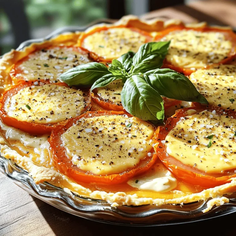 To make an Easy Southern Tomato Pie, gather these simple ingredients: - 1 pre-made pie crust - 4 large, ripe tomatoes, sliced - 1 teaspoon salt - 1 teaspoon black pepper - 1 cup shredded sharp cheddar cheese - 1 cup mayonnaise - 1 tablespoon Dijon mustard - 1 teaspoon garlic powder - 1/2 teaspoon dried basil - 1/2 teaspoon paprika - Fresh basil leaves, for garnish Each ingredient plays a key role in creating the rich flavor of this dish. The pie crust gives a solid base. The ripe tomatoes are the star, bringing sweetness and juiciness. Seasoning with salt and pepper enhances the taste. The cheese and mayonnaise mixture makes it creamy and savory. I like to use sharp cheddar for a strong flavor, but you can choose your favorite cheese. Fresh basil adds a lovely touch at the end. This Simple Southern Tomato Pie is not just tasty; it is also easy to prepare. Check the Full Recipe for more details on how to combine these ingredients perfectly! 1. Preheat the oven and prep tomatoes: Start by setting your oven to 375°F (190°C). This warms it up for baking. While it heats, take the sliced tomatoes. Place them on a kitchen towel or paper towels. Sprinkle them with salt. Let them sit for 15 minutes. This draws out extra moisture and keeps your pie from being soggy. 2. Assemble the cheese mixture: In a bowl, mix the shredded sharp cheddar cheese, mayonnaise, Dijon mustard, garlic powder, dried basil, and paprika. Stir until everything blends into a creamy mix. This mixture adds a rich flavor to your pie. 3. Layer the tomatoes and cheese: After 15 minutes, gently pat the tomatoes dry. This step is key! Now, layer half of the tomato slices in the pie crust. Spread them evenly. Then, spoon half of the cheese mixture over the tomatoes. Smooth it out. Add the rest of the tomato slices on top, followed by the remaining cheese mixture. Make sure it covers all the tomatoes. This layering creates a delicious flavor in each bite. 1. Baking duration and temperature: Place the pie in the preheated oven. Bake for about 30-35 minutes. Keep an eye on it. You want it bubbly and golden brown on top. 2. Cooling the pie for serving: When it's done, take the pie out of the oven. Let it cool for about 10 minutes. This cooling time helps with slicing. You can now enjoy your Easy Southern Tomato Pie! For the full recipe, check the details above. To keep your Southern tomato pie from being soggy, salting the tomatoes is key. When you slice the tomatoes, sprinkle them with salt. This will draw out extra moisture. Let them sit for about 15 minutes. The salt helps make the tomatoes less watery, so your pie stays crisp. After the 15 minutes, pat the tomatoes dry with a clean towel. This step is just as important. Removing moisture ensures that the layers of your pie stay firm. No one wants a soggy slice when they dig in! Cheese plays a big role in the flavor of this pie. While sharp cheddar is a favorite, you can swap it for other cheeses. Try using mozzarella for a milder taste, or feta for a tangy kick. Each cheese can change the pie’s flavor profile in a fun way. Spices can also boost flavor. Besides the garlic powder and dried basil in the recipe, consider adding a pinch of cayenne for heat. A dash of oregano or thyme can give your pie a fresh taste. These small changes can make your pie feel new each time you bake it. For the full recipe, check out the Delightful Southern Tomato Pie 🥧. {{image_4}} You can easily customize your Southern tomato pie. Try different cheeses for unique flavors. Instead of sharp cheddar, use mozzarella for a milder taste or feta for a tangy twist. Each cheese brings its own charm to the pie. Adding vegetables or proteins can also enhance your dish. Consider mixing in spinach or zucchini for extra nutrients. If you want protein, diced cooked bacon or crumbled sausage works wonders. These swaps can make the pie heartier and more satisfying. Pair your tomato pie with fresh salads or side dishes. A crisp green salad with a light vinaigrette complements the rich pie perfectly. You can also serve it with roasted vegetables or a creamy coleslaw for added crunch. For dipping sauces, consider a zesty ranch or a spicy aioli. These sauces can add an exciting kick to each bite. They also offer a fun way to enjoy leftovers. How do you store leftovers? After enjoying your Easy Southern Tomato Pie, let it cool completely. Then, cover it tightly with plastic wrap or aluminum foil. You can also use an airtight container. Store the pie in the fridge for up to three days. What are the best methods to reheat? To reheat, preheat your oven to 350°F (175°C). Place the pie on a baking sheet and cover it with foil. Heat for about 15-20 minutes, or until warm. This keeps the crust crispy and the filling nice. What are the tips for freezing before or after baking? You can freeze the pie before or after you bake it. If freezing before baking, wrap it tightly in plastic wrap and then foil. This helps keep it fresh. To freeze after baking, let it cool completely first. Then, cut it into slices and wrap each slice separately. What are the thawing and reheating instructions? When ready to eat, take the pie out of the freezer. If frozen before baking, thaw it in the fridge overnight. Then, bake as usual. If frozen after baking, thaw it in the fridge for a few hours. Reheat it in the oven at 350°F (175°C) for about 20 minutes. Enjoy your delicious pie! Can I use fresh herbs instead of dried? Yes, you can use fresh herbs! Fresh basil adds great flavor. Use about three times the amount of fresh herbs compared to dried ones. This change makes the pie taste even more vibrant. Is it possible to make it gluten-free? Absolutely! To make a gluten-free pie, use a gluten-free pie crust. Many stores offer gluten-free options. You can also make your own using almond flour or a gluten-free flour blend. How long does it take to cook the pie in advance? You can prepare it a day ahead. Just bake the pie for 30-35 minutes as usual. After it cools, cover it and store it in the fridge. Reheat it in the oven before serving. Can I serve it cold or at room temperature? Yes, serving it cold or at room temperature is fine. The flavors often deepen when it cools. This makes it a great dish for picnics or potlucks! What can I use as a pie crust alternative? If you want a crust alternative, try using puff pastry. You can also use crushed crackers mixed with butter as a quick base. A veggie crust made from cauliflower is another tasty option. For the Full Recipe, you can find all the steps to create this delicious dish! You’ve learned how to make an easy Southern tomato pie. We covered the key ingredients, step-by-step instructions, and helpful tips. I shared ways to ensure a tasty pie, like salting tomatoes and layering carefully. You can try different cheeses or add veggies too. Storing your leftovers and freezing tips keep your pie fresh. This dish is versatile, easy, and perfect for any occasion. Enjoy making this pie and impress others with your new skills!