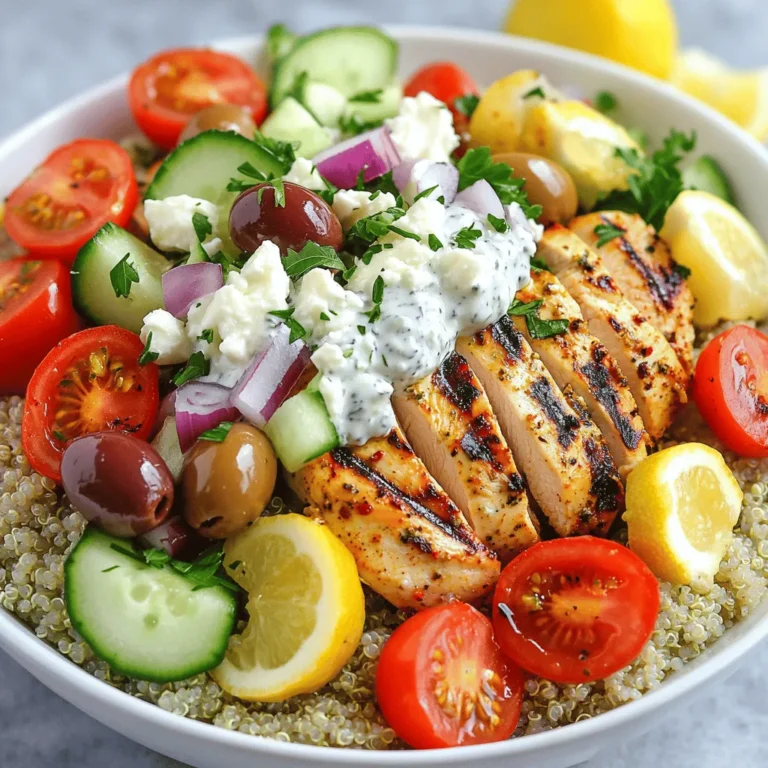 To make Greek chicken bowls, gather these key items: - 2 large chicken breasts - 2 tablespoons extra virgin olive oil - 1 teaspoon dried oregano - 1 teaspoon garlic powder - 1 teaspoon smoked paprika - Salt and freshly ground black pepper to taste - 1 cup quinoa, rinsed under cold water - 2 cups vegetable broth (or water) - 1 cup cherry tomatoes, halved - 1 cucumber, diced into bite-sized pieces - ½ red onion, thinly sliced - 1 cup kalamata olives, pitted and halved - ½ cup crumbled feta cheese - ½ cup tzatziki sauce - Fresh parsley, finely chopped for garnish Feel free to add more flavor and texture with these extras: - Avocado slices - Roasted red peppers - Spinach or mixed greens - Artichoke hearts For the best results, consider these brands: - Olive Oil: Colavita or Pompeian - Quinoa: TruRoots or Ancient Harvest - Feta Cheese: Athenos or Dodoni - Tzatziki Sauce: Oikos or Fage These ingredients come together to create a healthy, delicious meal. You can find the full recipe for a complete guide on how to prepare these tasty bowls. First, let's marinate the chicken. In a medium bowl, mix together the olive oil, oregano, garlic powder, smoked paprika, salt, and black pepper. Use a whisk to blend them well. Add the chicken breasts and coat them completely with this marinade. Cover the bowl and place it in the fridge. Let the chicken sit for at least 30 minutes or up to 2 hours. This step adds great flavor. While the chicken marinates, it's time to cook the quinoa. In a medium saucepan, combine the rinsed quinoa and vegetable broth. Bring the mixture to a rolling boil. Then, reduce the heat to low and cover the pot. Let it simmer for about 15 minutes. The quinoa should absorb all the liquid and become fluffy. Once done, remove it from heat and let it sit for 5 more minutes while covered. Now, we grill the chicken. Preheat your grill or skillet over medium-high heat. Place the marinated chicken on the grill or skillet. Cook each side for about 6-7 minutes. You want the chicken to reach an internal temperature of 165°F (75°C). Once it’s done, move the chicken to a cutting board. Let it rest for a few minutes before slicing it thin. While the chicken cooks, prepare the veggies. Start by halving the cherry tomatoes. Next, dice the cucumber into bite-sized pieces. Then, thinly slice the red onion. Once done, set the veggies aside. This step adds freshness and crunch to your bowls. Grab four serving bowls to assemble your meal. Begin by spooning a generous scoop of fluffy quinoa into each bowl. Next, layer on the sliced chicken. Follow this with the halved cherry tomatoes, diced cucumber, red onion, and halved kalamata olives. Finally, sprinkle crumbled feta cheese on top for a creamy touch. To finish your bowls, drizzle a good amount of tzatziki sauce over each one. This sauce adds a cool and refreshing flavor. For the final touch, sprinkle finely chopped parsley on top. This adds color and freshness. Now you have a delightful Greek chicken bowl! For the full recipe, check [Full Recipe]. To make Greek chicken bowls shine, focus on marinating the chicken well. A good marinade adds flavor, so let it sit for at least 30 minutes. You can use a grill or skillet for cooking. Both methods yield juicy chicken. For grilling, preheat the grill to medium-high heat. Cook the chicken for about 6-7 minutes on each side. If using a skillet, add a splash of olive oil to keep the chicken moist. You can enhance flavors easily. Try adding lemon zest to the marinade for a fresh twist. Fresh herbs like dill or mint can boost your vegetables. For a spicy kick, sprinkle some red pepper flakes on the chicken. If you love garlic, use fresh minced garlic instead of powder. This small change adds depth to the dish. Presentation matters! Use colorful bowls to make your meal pop. Layer the ingredients nicely. Start with a base of fluffy quinoa. Arrange the sliced chicken and veggies in a circular pattern on top. Add crumbled feta and a drizzle of tzatziki sauce for a beautiful finish. Don’t forget to add a lemon wedge on the side. It makes the dish look fresh and inviting. For more detail, check the Full Recipe. {{image_4}} You can easily swap chicken for other proteins. Try grilled shrimp for a seafood twist. It cooks quickly and adds a nice flavor. Lamb is another great choice for those who want something richer. If you enjoy beef, use thinly sliced steak. Each protein brings its unique taste and texture. If you prefer a plant-based meal, consider chickpeas or lentils. Both are high in protein and very filling. You can roast chickpeas with spices for extra crunch. Another option is marinated tofu. It soaks up flavors well and works perfectly in bowls. While tzatziki is classic, you can mix things up with other sauces. A tahini dressing adds a nutty flavor that complements the veggies. Or, try a lemon herb vinaigrette for bright freshness. You could even drizzle some spicy harissa for a kick. Each option changes the flavor profile and keeps your meals exciting. For a complete recipe, check out the Full Recipe for Mediterranean Bliss Greek Chicken Bowls. To store leftovers, place your Greek chicken bowls in airtight containers. Make sure to separate the chicken, quinoa, and veggies if you can. This keeps everything fresh and tasty. You can store them in the fridge for up to three days. When you’re ready to eat, reheat your bowl in the microwave. Just cover the bowl with a microwave-safe lid or wrap. Heat it in short bursts, about one minute at a time. Stir in between to ensure even warming. You can also reheat everything in a skillet over low heat. If you want to freeze your Greek chicken bowls, do so before adding tzatziki or feta cheese. Freeze the chicken, quinoa, and veggies in airtight bags. They can last for up to three months in the freezer. When ready to eat, thaw overnight in the fridge. Then, reheat and add fresh toppings. This way, you keep the flavors bright! To make Greek chicken bowls, start by marinating the chicken. Mix olive oil, oregano, garlic powder, smoked paprika, salt, and pepper. Coat the chicken breasts and let them sit for at least 30 minutes. Next, cook the quinoa in vegetable broth until fluffy. While it cooks, grill or pan-cook the chicken until it reaches 165°F. Prepare your veggies by chopping cherry tomatoes, cucumber, and red onion. Assemble the bowls with quinoa, chicken, veggies, olives, feta cheese, and tzatziki sauce. For the full recipe, check out the detailed steps above. Yes, using store-bought tzatziki sauce is a great time saver. It can add a nice flavor without extra work. Just make sure to choose a brand you like. Look for fresh options in the refrigerated section for the best taste. If you want to change it up, try brown rice or farro as substitutes for quinoa. Both have great textures and flavors. You can also use couscous or bulgur wheat for a different twist. Just adjust the cooking times based on what you choose. Greek chicken bowls will stay fresh in the fridge for up to four days. Store them in airtight containers to keep them tasty. Always check for any signs of spoilage before eating leftovers. Absolutely! You can marinate the chicken and cook the quinoa a day ahead. Chop your veggies in advance and store them in the fridge. This way, you can assemble and enjoy bowls quickly when you're ready to eat. Greek chicken bowls are simple to make and tasty. We covered ingredients, cooking steps, and clever tips. You can try different proteins or sauces to mix things up. Keep leftovers fresh and reheat them easily. In closing, making these bowls is fun and healthy. You can enjoy cooking while creating delicious meals. Follow these steps, and you’ll impress anyone who eats your food!