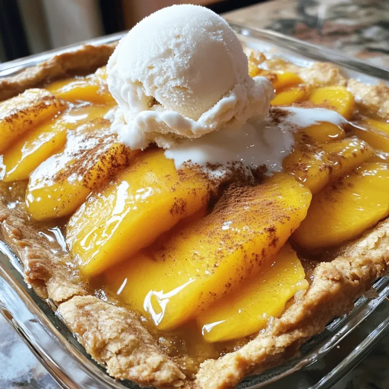 - 4 ripe peaches, sliced into wedges - 1 cup granulated sugar, divided - 1 teaspoon pure vanilla extract - 1 teaspoon ground cinnamon - 1 cup all-purpose flour - 1 tablespoon baking powder - 1/2 teaspoon sea salt - 1 cup whole milk - 1/2 cup unsalted butter, melted and slightly cooled - 1 teaspoon freshly squeezed lemon juice - Optional: Creamy vanilla ice cream for serving You need four ripe peaches for the base. They should be juicy for the best taste. Use one cup of granulated sugar, split in half. One half will sweeten the peaches, and the other half will go into the batter. You will also need one teaspoon each of pure vanilla extract and ground cinnamon for flavor. One cup of all-purpose flour and one tablespoon of baking powder will make the batter rise. Add half a teaspoon of sea salt to balance the sweetness. One cup of whole milk helps create a smooth batter. Lastly, you need half a cup of unsalted butter, melted, and one teaspoon of freshly squeezed lemon juice to brighten the flavor. You can make this dish even better by adding creamy vanilla ice cream when you serve it. The cold ice cream pairs well with the warm cobbler. If you want extra flavor, consider adding a pinch of nutmeg or using brown sugar instead of granulated sugar. These choices can add depth to your peach cobbler. Use the full recipe to explore all the possibilities! Start by gathering 4 ripe peaches. Slice them into wedges. Place the sliced peaches in a large mixing bowl. Add 1/2 cup of granulated sugar to the peaches. Pour in 1 teaspoon of pure vanilla extract. Sprinkle 1 teaspoon of ground cinnamon over the peaches. Squeeze in 1 teaspoon of freshly squeezed lemon juice. Gently toss the peaches until they are well-coated. Set this bowl aside for about 10 minutes. This waiting time allows the peaches to macerate and release their juices. In another bowl, add 1 cup of all-purpose flour. Measure 1 tablespoon of baking powder and add it to the flour. Next, sprinkle in 1/2 teaspoon of sea salt. Finally, add the remaining 1/2 cup of granulated sugar. Whisk these dry ingredients together until they are mixed well. This step ensures even flavor throughout the cobbler. Now, it’s time to mix the wet and dry ingredients. Gradually pour in 1 cup of whole milk into the dry mix. Stir gently until the batter is just combined. Be careful not to overmix; lumps are okay! Next, add 1/2 cup of melted and slightly cooled unsalted butter. Mix until the batter is smooth and free of lumps. Once done, pour the batter into a greased 9x13 inch baking dish. Spread it evenly across the bottom. Then, take your peach mixture and spoon it over the batter carefully. Do not stir. The peaches will sink while baking. Now you’re ready to bake your Easy Peach Cobbler. Check the [Full Recipe] for baking time and tips. To make the best peach cobbler, use ripe peaches. They should be soft to touch. Slice them evenly for a nice look. Mixing in sugar and cinnamon enhances the sweetness and flavor. Letting peaches sit for ten minutes helps them release juices. This makes the filling juicy and tasty. One mistake is overmixing the batter. This can make your cobbler tough. Another common issue is using unripe peaches. They won't have the same flavor. Don’t stir the peach mixture into the batter. This can ruin the layered look. Also, avoid opening the oven door too often. It can cause uneven baking. Always preheat your oven for even cooking. Use a greased baking dish to prevent sticking. Bake until the top is golden brown, checking with a toothpick. Let it cool for ten minutes before serving. This helps the flavors settle. For a treat, top with creamy vanilla ice cream. It adds a rich taste that pairs well with the cobbler. For the full recipe, check the previous sections. {{image_4}} You can swap peaches for other fruits. Try using fresh plums, cherries, or even berries. Each fruit brings its own taste. For example, blueberries add a sweet burst of flavor. Raspberries can give a nice tartness. The method stays the same; just change the fruit. This keeps your dessert fresh and fun! You can make this cobbler gluten-free easily. Just switch out the all-purpose flour for a gluten-free blend. Many brands offer great options that work well in baking. Check the mix for a good rise. You can also use almond flour for a nutty taste. The cobbler will still be delicious and warm. Toppings can make your cobbler even better. Consider adding a sprinkle of oats on top for crunch. You can also mix in nuts like pecans for added flavor. Drizzling honey over your serving can add a sweet touch. Want a dessert with flair? Top your cobbler with whipped cream or ice cream for a special treat. Each topping can change the whole experience! For the full recipe, check out the Peachy Dream Cobbler. To store leftover peach cobbler, let it cool completely. Once cooled, cover the dish tightly with plastic wrap or aluminum foil. You can also transfer it to an airtight container. This will keep it fresh for up to three days in the fridge. When you want to enjoy your cobbler again, preheat your oven to 350°F (175°C). Place the cobbler in an oven-safe dish. Cover it with foil to keep it moist. Heat for about 15-20 minutes, until it’s warm. You can also microwave it for about 30 seconds, but the oven gives a better texture. If you want to freeze peach cobbler, wrap it tightly in plastic wrap. Then, place it in a freezer bag. It can last up to three months in the freezer. To thaw, move it to the fridge overnight. Reheat it in the oven for the best taste. You can also bake it straight from frozen; just add a few extra minutes to the cooking time. Enjoy your peach cobbler again with these easy storage tips! The best peaches for cobbler are freestone peaches. They are sweet and juicy. Their flesh comes off the pit easily, making slicing simple. Yellow peaches work well too. They have a nice balance of sweet and tart flavors. For a unique twist, try ripe white peaches. They are sweeter and less acidic. Yes, you can prep your peach cobbler ahead. Prepare the peach filling and batter separately. Store each in the fridge for up to a day. When ready to bake, combine them and follow the baking steps. If you want to bake it later, just keep it covered. No, peeling peaches is not necessary. The skin adds texture and flavor. Many people enjoy the rustic look. If you prefer a smoother texture, you can peel them. It’s really up to your taste. To achieve a crispier crust, try these tips: - Use cold butter in the batter. - Don’t overmix the batter; lumps are fine. - Bake the cobbler in a preheated oven. - For extra crunch, sprinkle a little sugar on top before baking. You can serve Easy Peach Cobbler with: - Creamy vanilla ice cream - Fresh whipped cream - A drizzle of caramel sauce - A sprinkle of nuts for crunch Each option adds a new layer of flavor to your dessert! Enjoy it warm for the best taste. For the full recipe, check out the details above. In this blog post, we explored how to make an easy peach cobbler. We covered key ingredients, step-by-step prep, and helpful tips for success. We also discussed fun variations and smart storage methods. As you bake your cobbler, remember that fresh peaches shine. Enjoy personalizing your dish with other fruits too. Making peach cobbler can be fun and tasty. With practice, you’ll master this classic dessert.