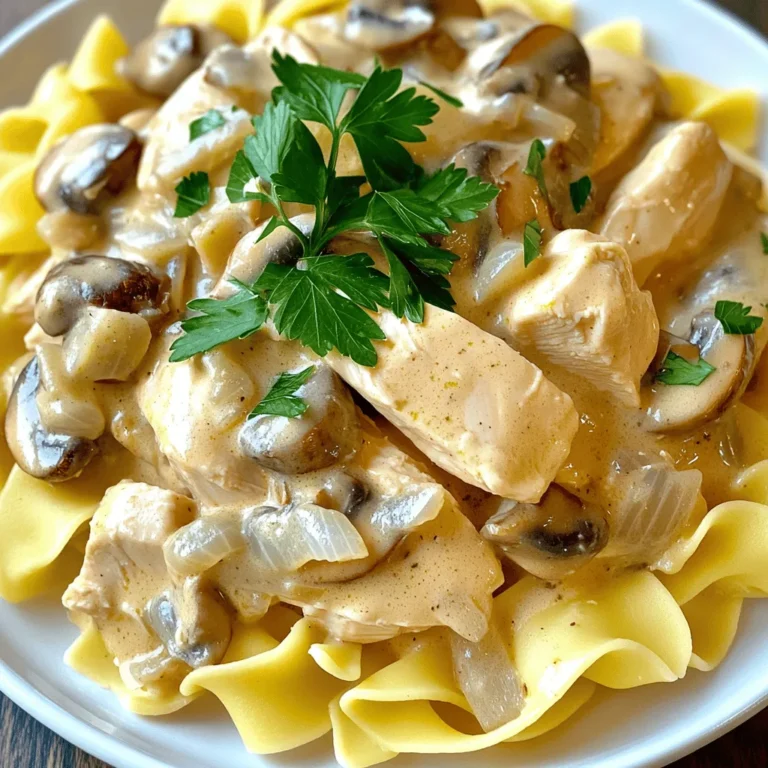 For a tasty creamy chicken stroganoff, gather these key ingredients: - 500g boneless chicken breast, sliced into thin strips - 2 cups mushrooms, sliced (button or cremini work well) - 1 medium onion, finely chopped - 3 cloves garlic, minced - 1 tablespoon olive oil - 1 tablespoon unsalted butter - 2 cups chicken broth - 1 cup sour cream - 1 tablespoon Dijon mustard - 1 teaspoon smoked paprika - Salt and freshly ground black pepper to taste - Fresh parsley, finely chopped (for garnish) - 300g egg noodles or pasta of your choice Each ingredient plays a role in making the dish creamy and flavorful. The chicken adds protein, while the mushrooms bring earthy notes. The onion and garlic create a sweet base when cooked. For a garnish, fresh parsley brightens up the dish. You can serve the stroganoff with a side of steamed vegetables or crusty bread. This adds more texture and flavor to your meal. Check [Full Recipe] for all the details on how to put this comfort food together! To start, fill a big pot with water. Add a pinch of salt and bring it to a boil. Once the water is boiling, drop in 300g of egg noodles. Cook them according to the package instructions. This usually takes around 8-10 minutes. You want them al dente, which means they should be tender but still firm. After they are cooked, carefully drain the noodles in a colander. To stop them from sticking, drizzle a bit of olive oil on them. Toss gently to coat. Now, grab a large skillet and heat it over medium heat. Add 1 tablespoon of olive oil. Once hot, add the sliced chicken breast. Season it well with salt and pepper. Cook the chicken for about 5-7 minutes. Stir it often to ensure it cooks evenly. You want that nice golden-brown color. When it is done, remove the chicken from the skillet and place it on a plate. In the same skillet, add 1 tablespoon of unsalted butter. Let it melt over medium heat. Once melted, toss in the chopped onion. Sauté it for about 3-4 minutes until it turns translucent. Next, add 3 cloves of minced garlic and 2 cups of sliced mushrooms. Cook this mixture for around 5-6 minutes. Stir it often until the mushrooms soften and release their moisture. Then, sprinkle in 1 teaspoon of smoked paprika. Mix it well. Gradually pour in 2 cups of chicken broth and bring it to a gentle simmer. Let it cook for about 5 minutes to enhance the flavor. Now it’s time to bring it all together! Return the cooked chicken to the skillet. Stir in 1 cup of sour cream and 1 tablespoon of Dijon mustard. Mix everything until it is well combined and heated through, about 2-3 minutes. Taste the sauce and adjust the seasoning with more salt and black pepper if needed. Finally, add the cooked noodles to the sauce, tossing gently until they are fully coated. If you prefer a fancier look, you can plate the noodles first and then ladle the sauce over them. Don’t forget to garnish with some fresh parsley for a burst of color and flavor. Enjoy this comforting meal! When making creamy chicken stroganoff, avoid a few common mistakes. - Overcooking chicken or noodles: Overcooked chicken can become dry. Noodles can turn mushy. Keep an eye on cooking times. - Insufficient seasoning: Under-seasoned dishes lack flavor. Always taste your sauce and adjust the salt and pepper. You can easily boost the taste of your stroganoff with a few simple changes. - Suggestions for additional spices: Try adding thyme or rosemary for extra depth. A pinch of cayenne adds a nice kick. - Using homemade vs. store-bought broth: Homemade broth gives a richer taste. Store-bought is convenient and still works well. If you or your guests have special diets, there are great options. - Gluten-free alternatives: Use gluten-free pasta or rice instead of egg noodles. This ensures everyone can enjoy the dish. - Dairy-free options: Substitute sour cream with coconut cream or a dairy-free yogurt. These keep the creaminess without the dairy. For the full recipe, check out the complete guide to making creamy chicken stroganoff. Enjoy! {{image_4}} You can switch up the protein in this creamy chicken stroganoff. Beef, pork, or tofu work well. For beef, use tender cuts like sirloin. Cook it for about 10 minutes until browned. For pork, tenderloin is great. Cook it for 7-8 minutes. If you choose tofu, press it first to remove moisture. Sauté it for 5-6 minutes until golden. To add a twist to your dish, consider using wine or mustard. A splash of white wine adds depth to the sauce. Just remember to let it simmer for a few minutes to cook off the alcohol. If you like mustard, try using whole grain or spicy mustard. It brings a unique flavor. You can also add more veggies. Peas, bell peppers, or spinach can enhance the dish. Just sauté them with the onions and mushrooms. This not only adds color but also boosts nutrition. Each variation makes your creamy chicken stroganoff special and fits your taste. For the full recipe, check the linked instructions above. To keep your creamy chicken stroganoff fresh, store it in proper containers. Use airtight containers to prevent moisture loss. It stays good in the fridge for up to three days. Make sure the dish cools down before sealing it. This helps maintain the best flavor and texture. If you want to save some for later, freezing is a great option. Let the stroganoff cool completely before transferring it to freezer-safe containers. Use heavy-duty bags or containers to prevent freezer burn. It can last in the freezer for up to three months. To thaw, place it in the fridge overnight. This slow thawing keeps flavors intact. When ready to eat, reheat it on the stove over low heat. Stir occasionally to ensure even heating. You can also add a splash of broth or water to restore creaminess. Enjoy your stored creamy chicken stroganoff like it’s fresh! You can serve creamy chicken stroganoff with many sides. Here are a few great options: - Steamed green beans - Garlic bread - A fresh green salad - Mashed potatoes These sides add color and balance to your meal. Yes, you can make creamy chicken stroganoff ahead of time. Simply cook the dish, let it cool, and store it in the fridge. It will stay fresh for about three days. When ready to eat, reheat it gently on the stove. Add a splash of chicken broth if it seems too thick. If your sauce is too thin, you can thicken it easily. Here are some methods: - Simmer the sauce longer to reduce it. - Mix a bit of cornstarch with water and stir it in. - Add more sour cream for a richer texture. These tips help you achieve the perfect creamy sauce. Yes, you can make a vegetarian version! Use mushrooms and tofu instead of chicken. Replace chicken broth with vegetable broth. This keeps the flavor while making it meat-free. You can still enjoy that creamy texture with sour cream or a plant-based alternative. Absolutely! You can use different types of noodles for creamy chicken stroganoff. Here are some options: - Egg noodles - Fettuccine - Penne - Gluten-free pasta Each type brings its own texture, making the dish fun and varied. Check the cooking time for each type to ensure they cook perfectly. For the full recipe, refer to the earlier section in this article. You learned how to make Creamy Chicken Stroganoff with fresh ingredients and simple steps. Remember the key points: cook noodles properly, achieve golden-brown chicken, and adjust flavors to your taste. Avoid common mistakes like overcooking and under-seasoning. You can also explore variations with different proteins and flavors. With proper storage, enjoy this dish later too. Now, you have all the tools to create a delicious meal that suits your needs and preferences. Enjoy cooking and sharing this tasty dish with others!