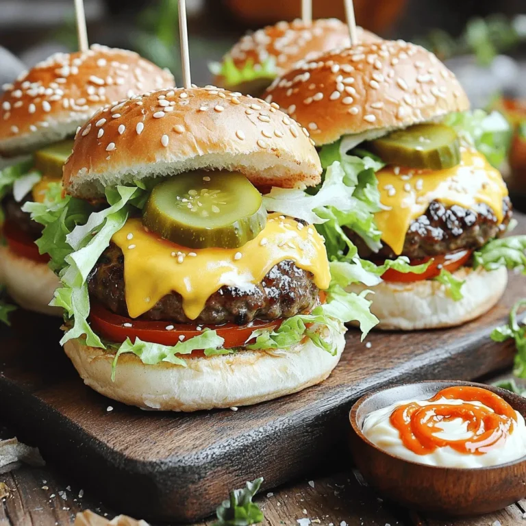 - 1 pound ground beef (80/20 blend) - 8 slider buns - 4 slices sharp cheddar cheese, halved - 1 teaspoon garlic powder - 1 teaspoon onion powder - ½ teaspoon smoked paprika - ¼ cup mayonnaise - 2 tablespoons sriracha sauce - 1 cup shredded iceberg or romaine lettuce - 1 large tomato, sliced - Dill pickle slices as desired When you gather your ingredients, choose high-quality ground beef. The 80/20 blend gives the best flavor and juiciness. I love using slider buns that are soft and slightly sweet. They hold the burgers well without falling apart. The sharp cheddar cheese adds a tasty kick, especially when melted over the patties. For the spice blends, garlic powder and onion powder are must-haves. They give the beef great depth. Smoked paprika adds a rich, smoky flavor that sets these sliders apart. For the sauce, mix mayonnaise with sriracha for a creamy and spicy kick, but adjust the sriracha to suit your taste. Fresh toppings make a big difference. Shredded lettuce adds crunch, while tomato slices bring freshness. Dill pickles add a nice, zesty bite. Feel free to add more toppings if you like. The balance of flavors and textures makes each bite a juicy delight. For the full recipe, check out the details above and get ready to enjoy your cheeseburger sliders! To make the best cheeseburger sliders, start by mixing ground beef with spices. Use 1 pound of beef with 80/20 fat for juicy results. In a large bowl, combine the beef with 1 teaspoon garlic powder, 1 teaspoon onion powder, and ½ teaspoon smoked paprika. Add salt and pepper to taste. Next, form the mixture into 8 equal patties. Make a small dent in the center of each patty. This helps them cook evenly and prevents puffing. Preheat your grill or skillet over medium-high heat. Add a little cooking oil to coat the surface. This keeps the sliders from sticking. Place the patties on the grill or skillet. Cook them for about 3-4 minutes on one side. Flip them carefully with a spatula. Once you flip the patties, add half a slice of sharp cheddar cheese on top of each. Cover the grill or skillet with a lid. This traps steam and helps the cheese melt perfectly. Cook for another 2-3 minutes. While the cheese melts, toast the slider buns until they turn golden brown. Now it's time to put everything together. In a small bowl, mix ¼ cup mayonnaise with 2 tablespoons sriracha sauce. Adjust the sriracha for your spice preference. Spread this spicy mayo on the bottom half of each toasted bun. Place a cheesy patty on top. Add a handful of shredded lettuce, a slice of tomato, and dill pickle slices for crunch. Finally, press the top half of the bun down gently. You can secure each slider with a toothpick if needed. For the full recipe, check out the detailed guide to make these sliders a hit! To keep your sliders juicy, avoid overworking the beef mixture. When you mix the meat with spices, do this gently. This keeps the fat intact, leading to a moist patty. Make a slight indentation in each patty's center. This helps them cook evenly and prevents puffing up while grilling. To melt cheese perfectly on your sliders, use a lid or foil. Covering the patties traps steam, which makes the cheese melt quickly and evenly. You can also experiment with different types of cheese. Try Swiss for a nutty flavor, or pepper jack for a spicy kick. Each cheese brings its own delight to your sliders. For a great look, serve your sliders on a rustic wooden board. This gives a warm, inviting feel. Include extra condiments and toppings on the side. Some ideas are pickles, ketchup, or spicy mayo. This lets guests customize their sliders. A small bowl of dipping sauce adds a fun touch too. For a gourmet feel, sprinkle sesame seeds on the buns. {{image_4}} You can switch up the cheese for your sliders. Try Swiss for a nutty taste, blue cheese for a bold flavor, or pepper jack for some heat. Mixing different cheeses can create fun layers of flavor. Imagine a bite of cheddar and pepper jack together—so good! Not a meat fan? No problem! Black bean patties work great as a base. You can also try beyond meat options for a tasty swap. For veggie lovers, grilled mushrooms make a juicy and savory burger. They add a nice depth to your sliders without the meat. Toppings can make your sliders even better! You can use sauces like barbecue, ranch, or garlic aioli. For extra crunch and flavor, add caramelized onions, spicy jalapeños, or creamy avocado. Each topping brings something special, turning a simple slider into a flavor-packed delight. For the full recipe, check out Cheeseburger Sliders with a Twisted Kick! To keep leftover cheeseburger sliders fresh, store them in the fridge. Place the assembled sliders in an airtight container. This helps maintain their taste and texture. If you have leftover patties, store them separately. Wrap each patty in plastic wrap or foil. This keeps them juicy when you reheat. If you want to save sliders for later, freezing is great. For best results, freeze the patties and buns separately. Wrap each patty tightly in plastic wrap. Place the buns in a freezer bag, squeezing out air. When you're ready to eat, thaw the patties in the fridge overnight. Oven reheating keeps sliders crispy and tasty. Preheat the oven to 350°F. Place sliders on a baking sheet and cover with foil to prevent drying. Heat for about 10-15 minutes. The microwave is quicker but may make the buns soft. If you use the microwave, heat sliders in 30-second intervals. For crispy results, always check and adjust your heating time. You can use several tasty options if you want meatless sliders. Consider using black beans, lentils, or mushrooms. These ingredients are great for flavor and texture. For a simple veggie option, you can mash black beans and mix in spices. You can also use store-bought veggie patties, which are easy to find. Cheddar is a classic choice for cheeseburger sliders. It melts well and has a sharp flavor. Other good options include Swiss or pepper jack for a kick. If kids are eating, mild cheddar is a safe pick. It has a creamy taste that melts to perfection. To add heat, mix spices like cayenne or chili powder into the meat. You can also add hot sauce to the patties before grilling. For toppings, consider adding jalapeños or spicy pickles. These will give your sliders an extra kick. Making cheeseburger sliders takes about 30 minutes total. You can spend 15 minutes prepping the ingredients and 15 minutes cooking. For quick serving, grill the patties while toasting the buns. This keeps everything warm and ready for your guests. You can find the full recipe for cheeseburger sliders in the earlier section. You’ve learned how to make tasty cheeseburger sliders. We covered the right ingredients, cooking steps, and ways to enhance flavors. Remember, keep the beef mix gentle to ensure a juicy slider. Also, feel free to experiment with cheeses and toppings to suit your taste. Whether it’s for a party or a simple dinner, these sliders are sure to please. Enjoy making them for your friends and family!