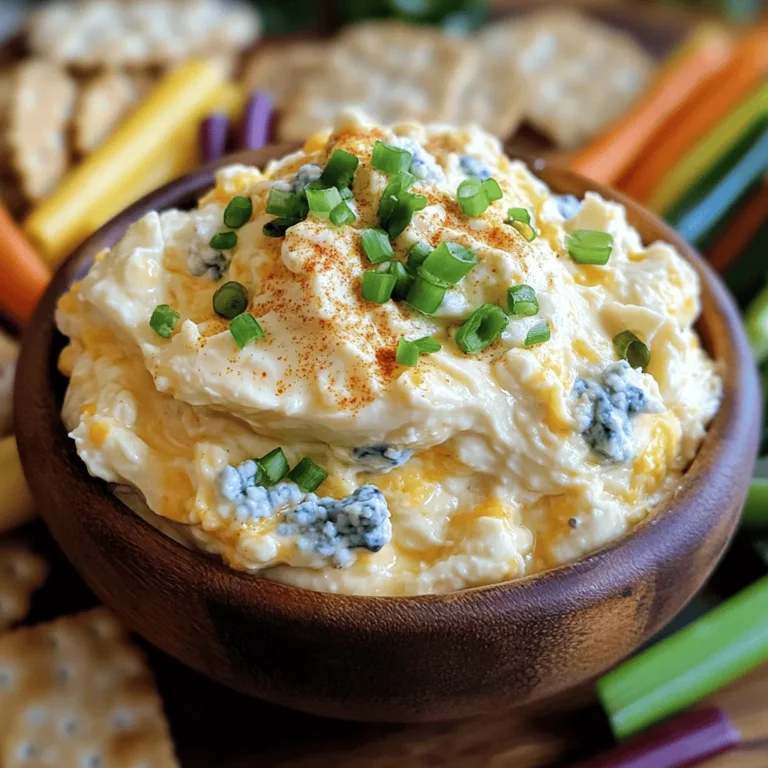 - 8 oz cream cheese, softened - 1 cup sharp cheddar cheese, grated - 1/2 cup blue cheese, crumbled - 1/4 cup mayonnaise - 1/4 cup sour cream - 1 tablespoon Dijon mustard - 1 teaspoon garlic powder - 1 teaspoon onion powder - 1/2 teaspoon cayenne pepper - 2 green onions, finely chopped - Salt and freshly ground black pepper When making French Quarter Cheese Spread, the right ingredients matter. Each cheese brings a unique taste. The cream cheese gives a smooth base. Sharp cheddar adds a rich flavor, while blue cheese gives a bold kick. Mayonnaise and sour cream make it creamy and tangy. Dijon mustard brings in a nice bite. Garlic and onion powders add depth. Cayenne pepper gives it a touch of heat, which you can adjust. Fresh green onions brighten the spread with color and flavor. Finally, salt and pepper balance everything out. - Calories per serving: 150 - Macronutrient breakdown: - Protein: 6g - Fat: 12g - Carbohydrates: 2g This cheese spread packs flavor and nutrition. Each serving has about 150 calories. You get a nice dose of protein from the cheeses. The fats come mainly from the cream cheese and oils in the mayonnaise. This spread is low in carbs, making it a great option for many diets. The taste of French Quarter Cheese Spread is a blend of creamy, tangy, and spicy. The creaminess hits first, followed by the sharpness of cheddar and the boldness of blue cheese. The mustard adds a kick, while garlic and onion flavors deepen the taste. Cayenne pepper gives a little warmth that lingers. Pair this spread with crunchy crackers or fresh veggies. It also tastes great on toasted bread. You can even use it as a dip for chips. The flavors work well with sweet fruits like apples or grapes. The spread is versatile enough for any gathering. Try this Full Recipe to experience the delightful mix of flavors yourself. To start, I make sure my cream cheese is softened. This step is key. It helps the cheese blend smoothly with the other ingredients. I take it out of the fridge at least 30 minutes before mixing. Next, I grate the sharp cheddar cheese and crumble the blue cheese. I like to use a box grater for the cheddar. It gives me nice, even shreds. For the blue cheese, I use a fork to break it apart. This way, I have small, tasty bits mixed in. In a large bowl, I combine the softened cream cheese, grated cheddar, and crumbled blue cheese. Then, I add the mayonnaise, sour cream, Dijon mustard, garlic powder, onion powder, and cayenne pepper. I stir well to mix everything. This step is important for great texture. Using a handheld mixer or a spatula, I blend until smooth. I check for lumps, and if I find any, I keep mixing. Once everything looks creamy, I gently fold in the chopped green onions. Finally, I season with salt and pepper to taste. Now comes a crucial step: refrigeration. I cover the bowl with plastic wrap and pop it into the fridge. Letting it chill for at least 2 hours is a must. This time allows the flavors to blend and become richer. For the best results, I suggest covering the cheese spread tightly. This prevents it from absorbing other smells in the fridge. When I’m ready to serve, I give it a good stir to recombine any separated parts. To make this cheese spread shine, adjust the spice levels. Start with half a teaspoon of cayenne pepper. Taste it, then add more if you like heat. For a smooth texture, ensure your cream cheese is at room temperature. This step helps it mix easily with other cheeses. Serve your cheese spread with a colorful array of crackers and fresh veggie sticks. Carrots, celery, and bell peppers add crunch and color. For a fancy touch, garnish with chopped green onions or a sprinkle of paprika. This makes your dish look as good as it tastes. One big mistake is overmixing the ingredients. This can make the spread too soft. Mix just until combined for the best texture. Another mistake is skipping the refrigeration step. Letting it chill for at least two hours helps the flavors blend well. Trust me; this step is key to a great taste. {{image_4}} You can change up the recipe for French Quarter Cheese Spread based on your needs. If you want a lower-fat option, use low-fat cream cheese. This keeps the taste but cuts some calories. For a vegan version, try using cashew cream or a store-bought vegan cheese. Both options give you a creamy base without dairy. To make your cheese spread even better, add some fresh herbs. Chives and dill work great. They add a burst of flavor and freshness. You can also spice things up. A pinch of smoked paprika or some cumin can give it a nice kick. Experiment and see what you like best! Don’t just spread it on crackers! Use this cheese spread in stuffed sandwiches. It makes a great filling for a grilled cheese. You can also use it as a topping for baked potatoes. Just add a sprinkle of cheese or some crispy bacon for a tasty twist. The options are endless! To keep your French Quarter Cheese Spread fresh, store it in the fridge. Place it in an airtight container. This will help keep the flavors intact and prevent it from drying out. If you want to freeze it, use a freezer-safe container. Make sure to leave some space at the top, as it may expand. You can freeze it for up to three months. In the fridge, your cheese spread can last about five days. Check for any signs of spoilage before using it. If you see mold or notice an off smell, it’s best to toss it. Always trust your senses; if it doesn’t smell right, don’t eat it. You may want to warm up the spread before serving. To do this, take it out of the fridge and let it sit for about 30 minutes. This helps bring back its creamy texture. You can also gently heat it in the microwave for about 15-20 seconds. Stir it well after warming to keep the flavors balanced. Avoid overheating, as this can change the taste and texture. French Quarter Cheese Spread is a creamy delight from New Orleans. It blends rich cheeses with spices. This spread is known for its bold, tangy flavor. The mix of cream cheese, cheddar, and blue cheese gives it depth. The addition of green onions adds a fresh taste. Its origin comes from the lively food scene of the French Quarter. This spread captures the essence of Cajun and Creole cooking. Yes, you can make this cheese spread ahead of time. It’s best to prepare it at least 2 hours before serving. This time allows the flavors to blend well. For a great taste, I suggest making it the night before. Store it in the fridge until you need it. You can serve this cheese spread with many tasty items. Here are some ideas: - Crackers - Fresh baguette slices - Veggie sticks like carrots and celery - Pita chips - Sliced apples or pears These pairings will enhance the spread's rich flavors. Absolutely! You can change this recipe to fit your taste. Here are some suggestions: - Swap blue cheese for goat cheese for a milder taste. - Add herbs like chives or dill for a fresh kick. - Adjust the cayenne pepper to make it milder or spicier. - Mix in roasted garlic for a deeper flavor. Feel free to experiment and find your favorite combo! For the full recipe, check the earlier sections. This blog post covers all you need to know about French Quarter Cheese Spread. We explored key ingredients, mixing techniques, and storage tips. Remember, resting is vital for the best flavor. Avoid common pitfalls like overmixing. You can easily make variations by changing cheeses or spices. This spread can bring joy to many meals. With its rich taste and simple prep, it's a must-try. Enjoy creating your own version and share it with friends!