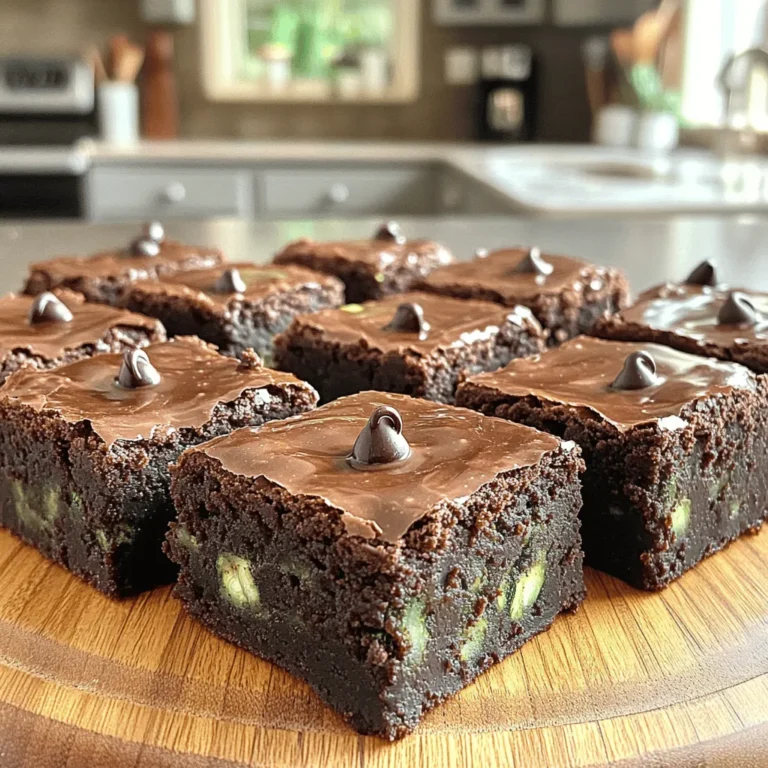 When making zucchini brownies, you need simple and quality ingredients. Here’s what you will need: - 1 cup shredded zucchini - 1/2 cup unsweetened applesauce - 1/3 cup pure maple syrup or agave nectar - 1/4 cup vegetable oil or melted coconut oil - 1 teaspoon pure vanilla extract - 1/2 cup all-purpose flour or gluten-free flour - 1/4 cup unsweetened cocoa powder - 1/2 teaspoon baking soda - 1/2 teaspoon baking powder - 1/4 teaspoon fine sea salt - 1/2 cup chocolate chips These ingredients come together to create a rich and moist brownie. The zucchini adds moisture without a strong taste. Applesauce keeps the brownies soft. The maple syrup or agave nectar sweetens them naturally. You can use vegetable oil or coconut oil, depending on your preference. Using high-quality cocoa powder makes a big difference in flavor. The baking soda and baking powder help the brownies rise. Finally, the chocolate chips give a delightful chocolate burst in every bite. For the full recipe, check out the [Full Recipe]. - Set temperature to 350°F (175°C). - Prepare your baking pan by greasing it or lining it with parchment paper. - In a large bowl, combine shredded zucchini, applesauce, maple syrup, oil, and vanilla. - Mix until the mixture is smooth and well blended. - In a separate bowl, whisk together flour, cocoa powder, baking soda, baking powder, and salt until mixed well. - Gradually add the dry ingredients to the wet mixture. - Mix gently to avoid overmixing, which can make the brownies dense. - Fold in the chocolate chips. - Make sure they are evenly spread throughout the batter for a rich flavor. - Pour the batter into the prepared pan. - Bake for 25-30 minutes. - After baking, cool in the pan for at least 15 minutes before cutting. Enjoy the delightfully unexpected zucchini boost hidden in every bite with this full recipe! To make your brownies moist, avoid overmixing the batter. Overmixing adds air, which can make them dry. Mix until just combined for a fudgy treat. Using ripe zucchini is key too. Ripe zucchini has more water, which adds moisture and flavor. Shred the zucchini and squeeze out excess water. This keeps your brownies rich and tasty. You can add nuts or spices to boost flavor. Chopped walnuts or pecans add crunch. A sprinkle of cinnamon or nutmeg makes them warm and cozy. You could also mix in chocolate chunks for extra gooeyness. For toppings, serve with ice cream or whipped cream. A scoop of vanilla ice cream on warm brownies is heavenly! Check your brownies for doneness by inserting a toothpick in the center. It should come out with a few moist crumbs. If you live at a high altitude, bake for less time. High altitude can change how baked goods rise and cook. Start checking at the lower end of baking time, around 25 minutes. Adjust as needed. {{image_4}} You can make these brownies gluten-free. Just swap the all-purpose flour for a gluten-free flour blend. Many blends work well. Look for ones that contain rice flour or almond flour. These blends give the brownies a nice texture. Make sure to check the package for the right measurements. This way, you still get that rich, fudgy taste. For a vegan version, you can replace the eggs. Use a flaxseed or chia seed mixture instead. To make this, mix one tablespoon of ground flaxseed or chia seeds with three tablespoons of water. Let it sit for five minutes until it thickens. This works great in the recipe. Your brownies will still be moist and delicious without eggs. If you want a healthier treat, try different sweeteners. You can use stevia or coconut sugar instead of maple syrup. Both options lower the sugar content. Stevia is quite sweet, so use less. Coconut sugar adds a nice caramel flavor. These substitutes keep your brownies tasty while making them a bit healthier. For the full recipe, check out the main article. To keep your zucchini brownies fresh, use an airtight container. This helps seal in moisture and flavor. You can store them at room temperature for up to two days. If you want to keep them longer, refrigerate them for up to a week. If you want to save some for later, freezing is a great option. First, cut the brownies into squares. Wrap each square in plastic wrap, and then place them in a freezer-safe bag. This way, they won’t stick together. You can freeze them for up to three months. When you’re ready to enjoy, take them out and thaw at room temperature. For the best texture, you can also warm them in the microwave for a few seconds. These tips will help you enjoy your zucchini brownies at their best! For the complete recipe, check out the [Full Recipe]. Yes, you can use yellow squash. The texture will be similar, but the flavor differs. Yellow squash has a slightly sweeter taste. Zucchini tends to have a more neutral flavor. This can change how the brownies taste. If you like sweetness, yellow squash is a great choice. To check if brownies are done, insert a toothpick into the center. If it comes out with a few moist crumbs, they are ready. If it comes out wet with batter, they need more time. Brownies should look set but still soft. These brownies can be made ahead of time. Bake them, let them cool, then store them. Wrap them in plastic wrap or place them in an airtight container. They keep well for about three days at room temperature. You can also refrigerate them for up to a week. If your brownies are dense, try a few tips. First, check your mixing. Overmixing can cause density. Mix until just combined. You can also add a bit more liquid. Adding an extra tablespoon of applesauce can help. Lastly, ensure your baking powder is fresh for proper rise. These zucchini brownies are easy to make and taste great. We covered the ingredients, step-by-step instructions, and tips to boost flavor and texture. You learned how to store them and gave answers to common questions. Experiment with different flours or sweeteners to fit your needs. Enjoy these tasty treats that offer a fun twist on the classic brownie! Happy baking!