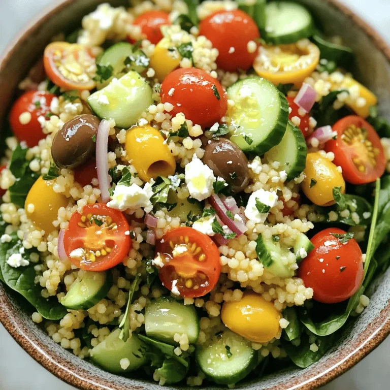 To create a delightful 20-minute couscous, you need a few simple ingredients. Here’s what you will need: - 1 cup couscous - 1 ¼ cups vegetable broth (or water) - 1 cup cherry tomatoes, halved - 1 small cucumber, diced into small cubes - ½ red onion, finely chopped - ½ cup Kalamata olives, pitted and sliced into rings - 1 cup fresh spinach, roughly chopped - ¼ cup feta cheese, crumbled - 2 tablespoons extra virgin olive oil - 1 tablespoon fresh lemon juice - 1 teaspoon dried oregano - Salt and freshly ground black pepper to taste These ingredients bring a burst of flavor and color to your meal. Couscous cooks fast and absorbs the broth well, making it fluffy. The cherry tomatoes and cucumber add crunch, while olives give a salty kick. Fresh spinach provides nutrients, and feta cheese adds creaminess. Use good olive oil and fresh lemon juice for a bright taste. This mix of flavors makes your dish fresh and inviting. For the detailed recipe, check out the Full Recipe section. To start, bring 1 ¼ cups of vegetable broth or water to a rolling boil in a saucepan. This step is crucial for cooking the couscous properly. Once the liquid bubbles up, remove the pan from the heat. Stir in 1 cup of couscous and cover the pan with a lid. Let it sit for 5 minutes. This allows the couscous to absorb all the liquid, making it fluffy and light. While the couscous cooks, grab a large mixing bowl. Combine 1 cup of halved cherry tomatoes, 1 small diced cucumber, ½ finely chopped red onion, and ½ cup of sliced Kalamata olives. Toss in 1 cup of roughly chopped fresh spinach. Mixing these colorful veggies adds crunch and freshness to your meal. In a small bowl, whisk together 2 tablespoons of extra virgin olive oil, 1 tablespoon of fresh lemon juice, and 1 teaspoon of dried oregano. Add a pinch of salt and pepper to taste. This dressing brings all the flavors together and enhances the dish's brightness. Pour the dressing over the vegetable mix and toss gently. This helps each piece get coated well. Next, fluff the couscous with a fork, breaking apart any clumps. Add the fluffed couscous to the veggie mixture and stir until everything is mixed evenly. To finish, sprinkle ¼ cup of crumbled feta cheese on top. This adds a nice salty bite and creamy texture to the dish. Check the [Full Recipe] for all details. To make your couscous extra tasty, add fresh herbs like parsley or cilantro. You can also try spices like cumin or paprika for more depth. Feel free to swap feta cheese with goat cheese or even mozzarella if you prefer. Each cheese brings its own flavor and texture to the dish. For the best fluff, always use a fork to fluff your couscous. This helps break up any clumps. When cutting vegetables, try to make them uniform in size. This way, they cook evenly and look nice in your dish. Serve your couscous in colorful bowls to make it pop. You can also spread it on a large platter for a family-style meal. For a finishing touch, sprinkle extra crumbled feta and fresh herbs on top. This adds color and makes the dish more inviting. {{image_4}} You can change up the recipe in many ways. Use seasonal vegetables for a fresh twist. Think about adding bell peppers, zucchini, or even asparagus. These veggies add color and flavor to your dish. Protein is another way to mix things up. Chickpeas are great for a plant-based option. They add a nice texture and protein boost. Grilled chicken is another good choice if you want meat. It pairs well with the other flavors in couscous. The flavor can shift based on your ingredients. A Mediterranean style is bright and fresh. Use herbs like basil, parsley, or mint for a burst of taste. On the other hand, a Middle Eastern twist adds warmth. Spices like cumin or coriander can really change the game. Dressings also play a big role. You can use a tangy vinaigrette or a creamy yogurt dressing. Each option gives the dish a new taste profile. Experiment with what you like best. If you're looking for gluten-free options, consider quinoa or rice. Both work well in place of couscous. They provide a similar texture and are easy to cook. For vegan meals, swap out the cheese and broth. Use a plant-based broth and nuts or seeds instead of cheese. Nutritional yeast can give a cheesy flavor without dairy. These changes keep the dish tasty and suitable for all diets. To keep your leftover couscous fresh, use airtight containers. Glass containers work great, as they do not absorb smells. Plastic containers are also fine if they are good quality. Make sure to cool the couscous completely before sealing the container. This reduces moisture inside and keeps it from getting soggy. When refrigerating, store couscous within two hours of cooking. This helps prevent bacteria growth. Place it in the fridge right away. If you plan to eat it later, consider separating it from any dressing or veggies. This keeps the couscous from becoming mushy. Reheating couscous is easy. The best method is to use the microwave. Start by placing your couscous in a microwave-safe bowl. Add a few drops of water to keep it moist. Cover it with a damp paper towel and heat for 1-2 minutes. Stir halfway through for even heat. You can also reheat couscous on the stove. Add a splash of water to a pan over low heat. Stir often until warm. This method helps keep the couscous fluffy. Avoid high heat, as it may dry out the grains. When stored properly, couscous lasts about 3 to 5 days in the fridge. Check for any signs of spoilage before eating. If you see mold or a sour smell, it's best to throw it away. Fresh couscous should have a light, fluffy texture. If it feels hard or clumpy, it may have gone bad. Always trust your senses when deciding whether to eat leftovers. You can tell when couscous is done by its texture. Perfectly cooked couscous is light and fluffy. It should not be sticky or mushy. After letting it sit, fluff it with a fork. This helps break up clumps and adds air. Yes, you can meal prep couscous. Cook it in advance and store it in the fridge. It keeps well for three to five days. Just make sure to let it cool before storing. You can add your veggies and dressing just before eating. This keeps the flavors fresh. Couscous pairs well with many dishes. You can serve it with grilled chicken or fish. A fresh salad is a great side too. Roasted vegetables add nice flavor. You can also enjoy it with hummus or tzatziki for a dip. Check out the " Speedy Mediterranean Couscous Delight" for the detailed recipe and enjoy this quick meal! This blog post guides you to make a tasty Mediterranean couscous dish. We covered the key ingredients, step-by-step cooking instructions, and helpful tips to enhance flavor. Remember, you can mix in different veggies or proteins to make it your own. Storing and reheating couscous is easy, too, so enjoy your leftovers! This simple recipe is perfect for meal prep or a quick dinner. You’re now set to impress your family and friends with this delightful dish. Dive in, create, and enjoy every bite!