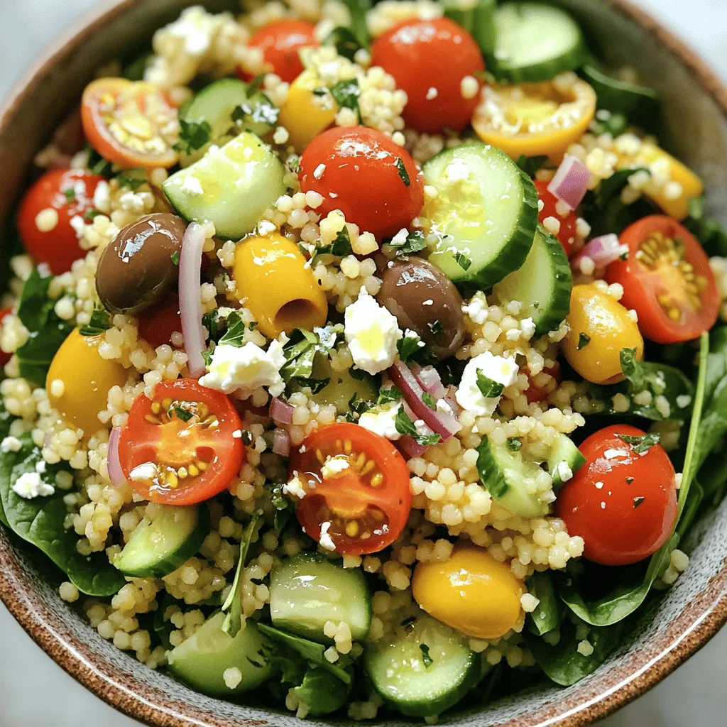 To create a delightful 20-minute couscous, you need a few simple ingredients. Here’s what you will need: - 1 cup couscous - 1 ¼ cups vegetable broth (or water) - 1 cup cherry tomatoes, halved - 1 small cucumber, diced into small cubes - ½ red onion, finely chopped - ½ cup Kalamata olives, pitted and sliced into rings - 1 cup fresh spinach, roughly chopped - ¼ cup feta cheese, crumbled - 2 tablespoons extra virgin olive oil - 1 tablespoon fresh lemon juice - 1 teaspoon dried oregano - Salt and freshly ground black pepper to taste These ingredients bring a burst of flavor and color to your meal. Couscous cooks fast and absorbs the broth well, making it fluffy. The cherry tomatoes and cucumber add crunch, while olives give a salty kick. Fresh spinach provides nutrients, and feta cheese adds creaminess. Use good olive oil and fresh lemon juice for a bright taste. This mix of flavors makes your dish fresh and inviting. For the detailed recipe, check out the Full Recipe section. To start, bring 1 ¼ cups of vegetable broth or water to a rolling boil in a saucepan. This step is crucial for cooking the couscous properly. Once the liquid bubbles up, remove the pan from the heat. Stir in 1 cup of couscous and cover the pan with a lid. Let it sit for 5 minutes. This allows the couscous to absorb all the liquid, making it fluffy and light. While the couscous cooks, grab a large mixing bowl. Combine 1 cup of halved cherry tomatoes, 1 small diced cucumber, ½ finely chopped red onion, and ½ cup of sliced Kalamata olives. Toss in 1 cup of roughly chopped fresh spinach. Mixing these colorful veggies adds crunch and freshness to your meal. In a small bowl, whisk together 2 tablespoons of extra virgin olive oil, 1 tablespoon of fresh lemon juice, and 1 teaspoon of dried oregano. Add a pinch of salt and pepper to taste. This dressing brings all the flavors together and enhances the dish's brightness. Pour the dressing over the vegetable mix and toss gently. This helps each piece get coated well. Next, fluff the couscous with a fork, breaking apart any clumps. Add the fluffed couscous to the veggie mixture and stir until everything is mixed evenly. To finish, sprinkle ¼ cup of crumbled feta cheese on top. This adds a nice salty bite and creamy texture to the dish. Check the [Full Recipe] for all details. To make your couscous extra tasty, add fresh herbs like parsley or cilantro. You can also try spices like cumin or paprika for more depth. Feel free to swap feta cheese with goat cheese or even mozzarella if you prefer. Each cheese brings its own flavor and texture to the dish. For the best fluff, always use a fork to fluff your couscous. This helps break up any clumps. When cutting vegetables, try to make them uniform in size. This way, they cook evenly and look nice in your dish. Serve your couscous in colorful bowls to make it pop. You can also spread it on a large platter for a family-style meal. For a finishing touch, sprinkle extra crumbled feta and fresh herbs on top. This adds color and makes the dish more inviting. {{image_4}} You can change up the recipe in many ways. Use seasonal vegetables for a fresh twist. Think about adding bell peppers, zucchini, or even asparagus. These veggies add color and flavor to your dish. Protein is another way to mix things up. Chickpeas are great for a plant-based option. They add a nice texture and protein boost. Grilled chicken is another good choice if you want meat. It pairs well with the other flavors in couscous. The flavor can shift based on your ingredients. A Mediterranean style is bright and fresh. Use herbs like basil, parsley, or mint for a burst of taste. On the other hand, a Middle Eastern twist adds warmth. Spices like cumin or coriander can really change the game. Dressings also play a big role. You can use a tangy vinaigrette or a creamy yogurt dressing. Each option gives the dish a new taste profile. Experiment with what you like best. If you're looking for gluten-free options, consider quinoa or rice. Both work well in place of couscous. They provide a similar texture and are easy to cook. For vegan meals, swap out the cheese and broth. Use a plant-based broth and nuts or seeds instead of cheese. Nutritional yeast can give a cheesy flavor without dairy. These changes keep the dish tasty and suitable for all diets. To keep your leftover couscous fresh, use airtight containers. Glass containers work great, as they do not absorb smells. Plastic containers are also fine if they are good quality. Make sure to cool the couscous completely before sealing the container. This reduces moisture inside and keeps it from getting soggy. When refrigerating, store couscous within two hours of cooking. This helps prevent bacteria growth. Place it in the fridge right away. If you plan to eat it later, consider separating it from any dressing or veggies. This keeps the couscous from becoming mushy. Reheating couscous is easy. The best method is to use the microwave. Start by placing your couscous in a microwave-safe bowl. Add a few drops of water to keep it moist. Cover it with a damp paper towel and heat for 1-2 minutes. Stir halfway through for even heat. You can also reheat couscous on the stove. Add a splash of water to a pan over low heat. Stir often until warm. This method helps keep the couscous fluffy. Avoid high heat, as it may dry out the grains. When stored properly, couscous lasts about 3 to 5 days in the fridge. Check for any signs of spoilage before eating. If you see mold or a sour smell, it's best to throw it away. Fresh couscous should have a light, fluffy texture. If it feels hard or clumpy, it may have gone bad. Always trust your senses when deciding whether to eat leftovers. You can tell when couscous is done by its texture. Perfectly cooked couscous is light and fluffy. It should not be sticky or mushy. After letting it sit, fluff it with a fork. This helps break up clumps and adds air. Yes, you can meal prep couscous. Cook it in advance and store it in the fridge. It keeps well for three to five days. Just make sure to let it cool before storing. You can add your veggies and dressing just before eating. This keeps the flavors fresh. Couscous pairs well with many dishes. You can serve it with grilled chicken or fish. A fresh salad is a great side too. Roasted vegetables add nice flavor. You can also enjoy it with hummus or tzatziki for a dip. Check out the " Speedy Mediterranean Couscous Delight" for the detailed recipe and enjoy this quick meal! This blog post guides you to make a tasty Mediterranean couscous dish. We covered the key ingredients, step-by-step cooking instructions, and helpful tips to enhance flavor. Remember, you can mix in different veggies or proteins to make it your own. Storing and reheating couscous is easy, too, so enjoy your leftovers! This simple recipe is perfect for meal prep or a quick dinner. You’re now set to impress your family and friends with this delightful dish. Dive in, create, and enjoy every bite!
