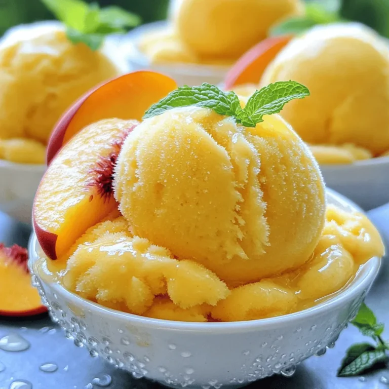- 4 ripe peaches, pitted and chopped into small chunks - 1/2 cup coconut water (alternatively, filtered water can be used) - 1/4 cup agave syrup (or substitute with maple syrup for a different flavor profile) - 1 tablespoon freshly squeezed lemon juice - A pinch of sea salt The key to a great sorbet lies in using ripe peaches. They give the best flavor and sweetness. Choose peaches that feel soft and smell fragrant. This makes a huge difference in taste. Coconut water adds a nice touch. It makes the sorbet light and refreshing. If you don’t have coconut water, filtered water works just as well. Agave syrup is my go-to sweetener here. It blends well with fruit. Maple syrup can also work if you want a unique twist. Just be mindful of the flavor shift. Fresh lemon juice brings brightness to the dish. It balances the sweetness and enhances the peach flavor. Finally, a pinch of sea salt is crucial. Salt helps to elevate the other flavors. It makes each bite even better. For the full recipe, check out Peach Paradise Sorbet . This treat is perfect for hot summer days. You’ll love how easy and delicious it is! - Rinse and chop the peaches - Optional: Peel the peaches for a smoother consistency Start by rinsing the ripe peaches under cool water. Clean them well to remove any dirt or residue. After rinsing, chop the peaches into small chunks. If you want a smooth texture, you can peel the peaches. The skin adds some texture, but peeling gives a creamier feel. - Combine all ingredients in a blender - Blend until smooth and creamy Next, add the chopped peaches to a blender. Include coconut water, agave syrup, fresh lemon juice, and a pinch of sea salt. The sea salt brings out the flavors. Blend everything on high speed until it is smooth and creamy. Stop and taste it. If you want it sweeter, add more agave syrup. - Pour mixture into a container - Freeze for approximately 4 hours Now, pour the peach mixture into a shallow container or a loaf pan. This shape helps it freeze evenly. Place the container in the freezer. Let it freeze for about four hours. After four hours, take it out and let it sit for five to ten minutes. This helps it soften for easier scooping. Using a fork, scrape the surface of the frozen sorbet to fluff it up. This creates a light texture. Now you can scoop it into bowls or cones and enjoy this refreshing treat! To get a creamy sorbet, start with ripe peaches. The sweeter and juicier the peaches, the better your sorbet will taste. Use coconut water for a light texture. You can also add a bit of coconut cream for richness. If you find the mixture too thick, add more coconut water. This will help it blend smoothly. Adjusting sweetness is easy. After blending, taste the mixture. If it needs more sweetness, add a bit of agave syrup. Remember, the sweetness can change after freezing. A less sweet mix might taste perfect after it freezes. Serve peach sorbet in chilled bowls for a fancy look. You can also use cones for a fun treat. Top each serving with a fresh peach slice. A sprig of mint adds a nice touch too. For extra flavor, drizzle some honey or maple syrup on top. If your sorbet is too icy, it may have frozen too fast. Next time, blend it longer or add a bit more liquid. You can also let it sit out for a few minutes before serving. This helps it soften. If your sorbet is overly sweet, add a splash of lemon juice. This will help balance the flavors. A pinch of salt can also enhance the taste. Remember, it’s all about finding the right balance! For the full recipe, check out the Peach Paradise Sorbet. {{image_4}} You can make peach sorbet even better with fun flavors. Try adding other fruits like strawberries or mangoes. These fruits mix well with peaches and give a fresh taste. You can also combine peach with berries for a tart kick. Experimenting is key to finding your favorite mix! Switching sweeteners can change the flavor too. Agave syrup is great, but maple syrup adds a unique twist. Honey can also work, but it is not vegan. Each sweetener brings its own taste to the sorbet. If you want a creamier sorbet, you can use dairy-free options. Coconut milk is a fantastic choice. It gives a rich texture without any dairy. You can blend it in with the peaches to make it smooth and creamy. Nut milks, like almond or cashew milk, are also great options. They add a subtle flavor while keeping it dairy-free. Cashews can be soaked and blended for an even richer base. These enhancements will elevate your peach sorbet to a new level! For the full recipe of this delightful treat, check out the Peach Paradise Sorbet. To keep your peach sorbet fresh, use airtight containers. Glass or plastic containers work well. Make sure the container is shallow. This helps the sorbet freeze evenly. For long-term storage, cover the sorbet with a piece of plastic wrap. Press it down onto the surface. This prevents ice crystals from forming, keeping the sorbet smooth. If your sorbet melts, you can refreeze it! Let it sit at room temperature for a few minutes. This softens it for easier scooping. When re-freezing, place it back in the original container. Press plastic wrap against the top again. This helps keep it fresh and tasty. For the full recipe, check the details mentioned earlier. Enjoy your peach sorbet! Yes, you can use frozen peaches. They work well in this recipe. Just make sure to let them thaw a bit. This helps with blending. The texture may change slightly, but the flavor stays great. You can store peach sorbet for about one month. After that, it might lose flavor and texture. Keep it in an airtight container. This keeps the sorbet fresh and tasty. If you don’t have coconut water, use filtered water. It will still taste good. You can also try fruit juice, like peach or pineapple juice. This adds a nice twist to the flavor. Yes, this recipe is nut-free. It uses no nuts at all. If you want to make it creamier, you can add coconut milk. Just check for any nut allergies if you serve it to others. To make it sugar-free, use a sugar substitute. Try stevia or erythritol. Adjust the amount based on your taste. You can also use ripe peaches, as they are naturally sweet. This keeps the sorbet delicious without added sugar. For the full recipe, check out the Peach Paradise Sorbet section. This blog post covered how to make dairy-free peach sorbet. We discussed ingredients like ripe peaches and agave syrup. You learned easy steps for preparation, blending, and freezing. We also shared tips for texture, serving ideas, and troubleshooting common issues. In closing, this refreshing treat is simple to make. With a few tweaks, you can tailor it to your taste. Enjoy a healthy, homemade dessert that everyone will love.