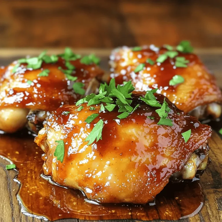 - 4 chicken thighs (bone-in, skin-on for rich flavor) - 1/2 cup honey (preferably raw for depth) - 1/3 cup ketchup (regular or spicy, your choice) - 1/4 cup apple cider vinegar (for a tangy kick) - 2 tablespoons soy sauce (adds umami) - 1 tablespoon Dijon mustard (for a hint of spice) - 1 teaspoon garlic powder (or 2 fresh garlic cloves, minced) - 1 teaspoon onion powder (or 1/2 small onion, finely chopped) - 1/2 teaspoon smoked paprika (for a subtle smokiness) - 1/4 teaspoon black pepper (freshly cracked for best flavor) - Salt to taste (start with 1/2 teaspoon) This recipe uses simple yet flavorful ingredients. The chicken thighs are juicy and tender, making them perfect for this dish. The honey and ketchup create a sweet and tangy sauce. The apple cider vinegar adds a nice zing. For the flavor enhancers, soy sauce gives the dish depth. Dijon mustard adds a nice kick, while garlic powder offers a rich taste. The seasoning elements bring everything together. Onion powder adds sweetness, and smoked paprika gives a nice depth. Black pepper adds warmth, and salt enhances all the flavors. Get ready to enjoy this flavorful honey BBQ chicken recipe! For the complete cooking instructions, check out the Full Recipe. To start, grab a medium mixing bowl. You will need to combine the honey, ketchup, apple cider vinegar, soy sauce, Dijon mustard, garlic powder, onion powder, smoked paprika, black pepper, and salt. Use a whisk to blend these ingredients well. The goal is to achieve a smooth texture without lumps. This marinade will coat your chicken and make it taste amazing! Now that your marinade is ready, it’s time to marinate the chicken. Take 4 chicken thighs and place them in a resealable plastic bag or a large bowl. Pour the marinade over the chicken, making sure every piece is covered. Seal the bag tightly or cover the bowl. For best results, refrigerate the chicken for at least 1 hour. If you can, let it marinate overnight. This longer time helps the flavors sink in deeper. First, preheat your oven to 375°F (190°C). Once the oven is ready, take the chicken out of the marinade. Let the excess drip off and then place the chicken skin-side up in a greased baking dish. Bake it for 25 minutes. After that, take the reserved marinade and baste the chicken thighs. This adds even more flavor! Return the chicken to the oven and bake for an additional 15 to 20 minutes. The chicken is done when it reaches an internal temperature of 165°F (74°C) and the skin turns a nice caramel color. For a crispy finish, you can switch your oven to broil mode. Broil the chicken for 3 to 5 minutes, but keep a close eye on it to avoid burning. This step makes the skin extra crispy! Once cooked, let the chicken rest for about 5 minutes. This helps the juices settle. If you want, garnish with fresh parsley before serving. Enjoy your delicious honey BBQ chicken! For the full recipe, check out the detailed instructions above. To get the best taste, marinate your chicken overnight. This lets the flavors soak in deep. If you're short on time, aim for at least 1 hour. After marinating, use basting to keep the chicken moist while it cooks. Brush some marinade on the chicken halfway through baking for extra flavor. You can cook honey BBQ chicken in two main ways: oven or grill. Baking is simple and keeps the chicken juicy. Grilling gives a nice char and smoky taste. If you use chicken breasts instead of thighs, reduce the cooking time. Breasts tend to cook faster, so check them often. Serve honey BBQ chicken with sides that complement its sweet and savory notes. Coleslaw or corn on the cob are great choices. For a fresh touch, add a simple green salad. Garnish your dish with chopped parsley to make it pretty. A sprinkle of fresh herbs adds color and makes it more appealing. For the full recipe, you can refer to the Irresistible Honey BBQ Chicken section. {{image_4}} You can switch up the meat if you want. Chicken thighs work great, but chicken breasts or ribs are also tasty. If you need a different sweetener, try agave or maple syrup instead of honey. These options give new flavors to the dish while keeping it yummy. Want to add some heat? Toss in some chilies or a splash of hot sauce to the marinade. This adds a fun kick that spicy food lovers will enjoy. For a smoky flavor, use liquid smoke in your marinade. Just a few drops can make your honey BBQ chicken taste like it’s been cooked over an open fire. The way you serve your honey BBQ chicken can change the whole meal. Try making BBQ honey chicken sandwiches. Just shred the chicken, add some slaw, and place it on a bun. Or, for something fun, load up the chicken into tacos. Top them with fresh corn or avocado for a tasty twist. This recipe is super flexible, so you can enjoy it in many ways! For the full recipe, check the link. To keep your honey BBQ chicken fresh, store it in the fridge. Place it in an airtight container. This helps avoid drying out. The chicken stays good for about 3 to 4 days in the fridge. Always check for any off smells before eating. If you see any signs of spoilage, throw it away. You can freeze your cooked honey BBQ chicken for later use. Wrap each piece tightly in plastic wrap. Then, place them in a freezer bag or container. This method stops freezer burn. Frozen chicken can last for about 3 months. To reheat, thaw it overnight in the fridge. Then, warm it in the oven at 350°F (175°C) until heated through. Leftovers can make great new meals. You can shred the chicken for tacos or salads. Add it to rice or pasta dishes for a tasty twist. When storing, use clear containers. This way, you can see what’s inside easily. Label each container with the date. This helps you keep track of freshness. To make honey BBQ sauce from scratch, mix together a few simple ingredients. Ingredients for a quick homemade version: - 1/2 cup honey - 1/3 cup ketchup - 1/4 cup apple cider vinegar - 2 tablespoons soy sauce - 1 tablespoon Dijon mustard - 1 teaspoon garlic powder - 1 teaspoon onion powder - 1/2 teaspoon smoked paprika - 1/4 teaspoon black pepper - Salt to taste Combine these in a bowl. Whisk until smooth. This sauce is sweet, tangy, and has depth. Yes, you can grill the honey BBQ chicken. Grilling adds a nice char. Tips for grilling: - Preheat your grill to medium heat. - Oil the grates to prevent sticking. - Use the same marinade for flavor. Adjustments needed for grilling: - Grill the chicken for about 6-8 minutes per side. - Check that the internal temperature reaches 165°F (74°C). - Baste the chicken with marinade during grilling for extra flavor. Pairing side dishes makes your meal more balanced and tasty. Suggestions for pairing: - Corn on the cob adds sweetness. - Coleslaw gives a crunchy contrast. - Rice or quinoa can soak up the sauce. - Baked beans offer a hearty side. Ideas for balanced meals: - Serve with a fresh salad for brightness. - Grilled veggies add color and nutrients. - Garlic bread can make it feel like a feast. In this blog post, we explored the keys to making delicious honey BBQ chicken. We covered the main and flavor-enhancing ingredients, shared the best steps for marinating and cooking, and provided helpful tips for maximum flavor. You can even try variations with different meats and sauces. Storing tips keep your leftovers fresh and ready to enjoy. Remember, great meals start with great ingredients and techniques. Enjoy trying this recipe and make it your own!