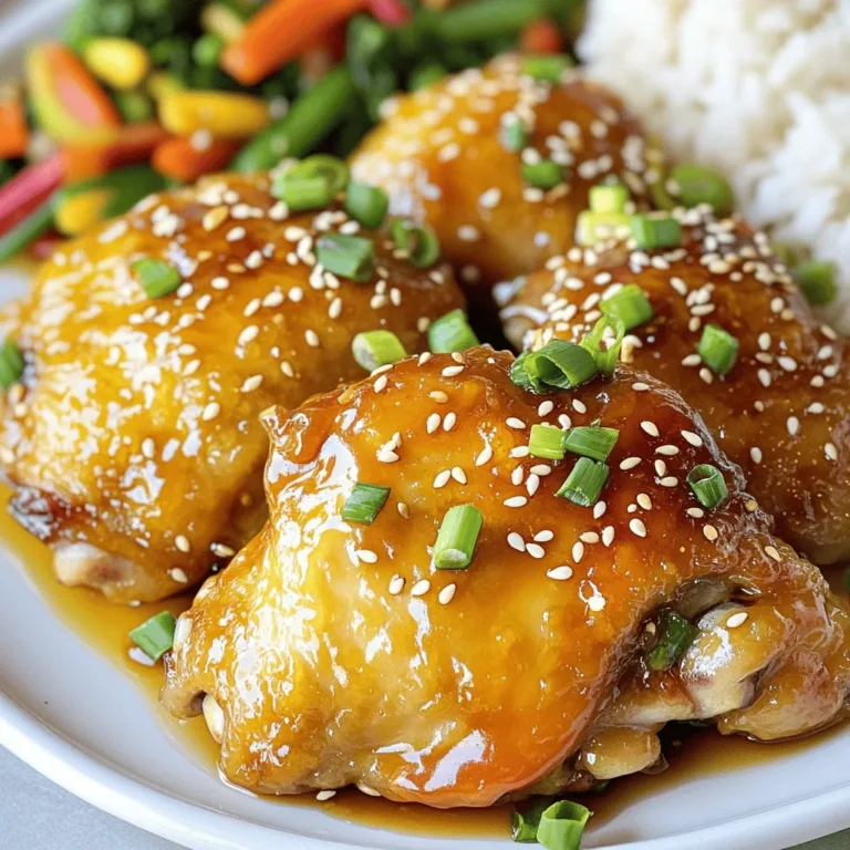 To make this dish, you need a few key items: - 4 boneless, skinless chicken thighs - 1/4 cup honey - 1/4 cup low-sodium soy sauce - 4 cloves of garlic, finely minced - 1 tablespoon fresh ginger, finely grated - 2 tablespoons vegetable oil - 1 teaspoon sesame oil - Salt and freshly cracked black pepper, to taste - 1 teaspoon cornstarch (optional, for thickening the sauce) - Chopped green onions for garnish - Sesame seeds for garnish (optional) These ingredients blend to create a sweet and savory flavor that makes this meal a favorite. You can make this dish your own with a few fun twists. Here are some ideas: - Add a dash of chili flakes for heat. - Use lime juice for a zesty kick. - Swap in different proteins like shrimp or tofu. - Mix in veggies like bell peppers or snap peas for color and crunch. These options let you tailor the dish to your taste and mood. To prepare Easy Honey Garlic Chicken, gather these tools: - A large skillet for cooking the chicken. - A mixing bowl to combine the sauce. - A whisk to blend the ingredients well. - A sharp knife for chopping and mincing. - A cutting board for safe prep. Having the right tools makes cooking easier and more fun. For the full recipe, check out the detailed steps. Start by gathering all your ingredients. You will need: - 4 boneless, skinless chicken thighs - 1/4 cup honey - 1/4 cup low-sodium soy sauce - 4 cloves of garlic, finely minced - 1 tablespoon fresh ginger, finely grated - 2 tablespoons vegetable oil - 1 teaspoon sesame oil - Salt and freshly cracked black pepper, to taste - 1 teaspoon cornstarch (optional, for thickening the sauce) - Chopped green onions for garnish - Sesame seeds for garnish (optional) Next, finely mince the garlic and grate the ginger. This step adds great flavor to your dish. Now, season the chicken thighs. Sprinkle salt and black pepper on both sides. Heat vegetable oil in a skillet over medium-high heat. When the oil is hot, add the chicken thighs. Sear them for 5-6 minutes on each side. Look for a golden brown color. Make sure the chicken reaches an internal temperature of 165°F (74°C). This ensures it is fully cooked. Once the chicken is ready, lower the heat to medium. Grab your mixing bowl with the honey, soy sauce, garlic, and ginger mixture. Pour this sauce over the chicken in the skillet. Let it simmer for about 5 minutes. As it cooks, the sauce will thicken. If you want a thicker sauce, mix cornstarch with one tablespoon of water. Stir this slurry into the skillet. Keep stirring until the sauce reaches your desired thickness. After that, remove the skillet from heat. Serve the chicken with a sprinkle of chopped green onions and sesame seeds for a nice look. Enjoy your Easy Honey Garlic Chicken! For the complete details, check out the Full Recipe. To get juicy chicken thighs, choose the right cut. Boneless, skinless thighs work best. They stay moist and tender during cooking. Season the chicken well with salt and pepper before cooking. This adds flavor right from the start. Sear the chicken in hot oil for a golden crust. Cook each side for about 5-6 minutes. Always check the internal temperature to ensure it reaches 165°F (74°C). This keeps the chicken safe to eat. The sauce is key to this dish. Start by mixing honey, soy sauce, garlic, and ginger. Whisk them together until smooth. Pour this sauce over cooked chicken in the skillet. Allow it to simmer for about 5 minutes. If you want a thicker sauce, use cornstarch mixed with water. Stir it in slowly until the sauce coats the chicken. This will give it a nice, rich finish. Serve your honey garlic chicken with fluffy rice. This balances the sweet and savory flavors nicely. A side of stir-fried vegetables adds color and nutrition. For presentation, garnish with chopped green onions and sesame seeds. It makes the dish look appealing and adds extra crunch. Enjoy this meal with family or friends for a tasty weeknight dinner. For the full recipe, check the details provided earlier. {{image_4}} You can switch up the protein in this dish. Chicken thighs are great, but try chicken breasts for a leaner option. If you want something different, use shrimp or tofu. Both will soak up that sweet and savory honey garlic sauce. For a heartier choice, pork tenderloin works well too. Just adjust the cooking time to ensure everything cooks through. Want to change the taste? You can easily modify the flavor. Add a splash of rice vinegar for tanginess. If you love spice, toss in some red pepper flakes or sriracha. Want a fresh herb twist? Add chopped cilantro or basil right before serving. Each change gives this dish a new vibe, so have fun experimenting! If you're on a low-carb or keto diet, you can still enjoy this dish. Substitute honey with a sugar-free sweetener like erythritol. Replace soy sauce with coconut aminos for a lower carb count. You can also serve the chicken over cauliflower rice instead of regular rice. This way, you keep the taste while staying on track with your diet. For the full recipe, check out the detailed instructions. After enjoying your easy honey garlic chicken, you might have some left. To store leftovers, let the chicken cool down first. Then, place it in an airtight container. The chicken will stay fresh in the fridge for up to three days. If you want to keep it longer, consider freezing it. When you're ready to eat your leftovers, reheating is simple. You can use the microwave or a skillet. For the microwave, place the chicken on a plate and cover it. Heat in 30-second intervals until warm. If you prefer the skillet, add a bit of water to the pan. Heat over medium heat, turning the chicken until it’s hot. This keeps the chicken juicy. To freeze honey garlic chicken, first, let it cool completely. Then, wrap it tightly in plastic wrap or foil. Place it in a freezer-safe bag and remove as much air as possible. Label it with the date. This dish can last up to three months in the freezer. When you're ready to eat, thaw it in the fridge overnight before reheating. For the full recipe, check the earlier section. Yes, you can use chicken breast instead of thighs. Chicken breast is leaner, which means it may cook faster. Keep an eye on the cooking time. Cook it until it reaches 165°F (74°C). Thighs tend to be juicier and more flavorful, but breasts work just fine in this recipe. To adjust the sweetness, you can add more or less honey. If you want it sweeter, add a tablespoon more honey. If you prefer a less sweet sauce, reduce the honey by a tablespoon. You can also balance the sweetness with a splash of apple cider vinegar or lime juice. This adds a nice tang and depth to the flavor. This dish pairs well with several sides. Here are some great options: - Steamed rice - Stir-fried vegetables - Quinoa - Mashed potatoes - A fresh salad Each side complements the sweet and savory flavors of the chicken. For a full meal, try serving the chicken with a mix of fluffy rice and colorful stir-fried veggies. You can find the full recipe in this article for more details! You now have a clear guide to making Easy Honey Garlic Chicken. We covered key ingredients, tools, and step-by-step cooking directions. I shared tips to perfect your dish, including how to adjust flavors and enjoy different variations. Finally, we discussed storage options for leftovers. Remember, this dish is easy to make and can suit any taste. Enjoy experimenting with it in your kitchen!