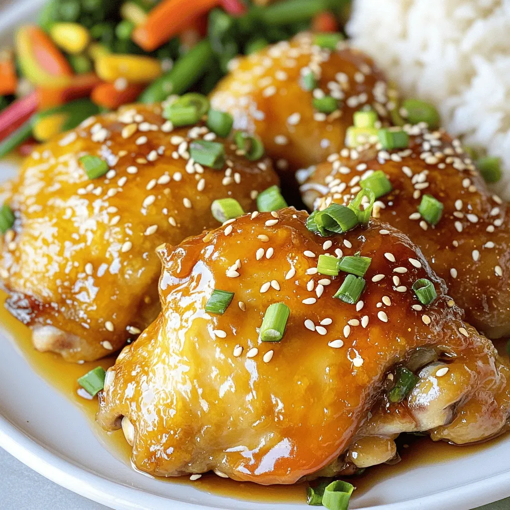 To make this dish, you need a few key items: - 4 boneless, skinless chicken thighs - 1/4 cup honey - 1/4 cup low-sodium soy sauce - 4 cloves of garlic, finely minced - 1 tablespoon fresh ginger, finely grated - 2 tablespoons vegetable oil - 1 teaspoon sesame oil - Salt and freshly cracked black pepper, to taste - 1 teaspoon cornstarch (optional, for thickening the sauce) - Chopped green onions for garnish - Sesame seeds for garnish (optional) These ingredients blend to create a sweet and savory flavor that makes this meal a favorite. You can make this dish your own with a few fun twists. Here are some ideas: - Add a dash of chili flakes for heat. - Use lime juice for a zesty kick. - Swap in different proteins like shrimp or tofu. - Mix in veggies like bell peppers or snap peas for color and crunch. These options let you tailor the dish to your taste and mood. To prepare Easy Honey Garlic Chicken, gather these tools: - A large skillet for cooking the chicken. - A mixing bowl to combine the sauce. - A whisk to blend the ingredients well. - A sharp knife for chopping and mincing. - A cutting board for safe prep. Having the right tools makes cooking easier and more fun. For the full recipe, check out the detailed steps. Start by gathering all your ingredients. You will need: - 4 boneless, skinless chicken thighs - 1/4 cup honey - 1/4 cup low-sodium soy sauce - 4 cloves of garlic, finely minced - 1 tablespoon fresh ginger, finely grated - 2 tablespoons vegetable oil - 1 teaspoon sesame oil - Salt and freshly cracked black pepper, to taste - 1 teaspoon cornstarch (optional, for thickening the sauce) - Chopped green onions for garnish - Sesame seeds for garnish (optional) Next, finely mince the garlic and grate the ginger. This step adds great flavor to your dish. Now, season the chicken thighs. Sprinkle salt and black pepper on both sides. Heat vegetable oil in a skillet over medium-high heat. When the oil is hot, add the chicken thighs. Sear them for 5-6 minutes on each side. Look for a golden brown color. Make sure the chicken reaches an internal temperature of 165°F (74°C). This ensures it is fully cooked. Once the chicken is ready, lower the heat to medium. Grab your mixing bowl with the honey, soy sauce, garlic, and ginger mixture. Pour this sauce over the chicken in the skillet. Let it simmer for about 5 minutes. As it cooks, the sauce will thicken. If you want a thicker sauce, mix cornstarch with one tablespoon of water. Stir this slurry into the skillet. Keep stirring until the sauce reaches your desired thickness. After that, remove the skillet from heat. Serve the chicken with a sprinkle of chopped green onions and sesame seeds for a nice look. Enjoy your Easy Honey Garlic Chicken! For the complete details, check out the Full Recipe. To get juicy chicken thighs, choose the right cut. Boneless, skinless thighs work best. They stay moist and tender during cooking. Season the chicken well with salt and pepper before cooking. This adds flavor right from the start. Sear the chicken in hot oil for a golden crust. Cook each side for about 5-6 minutes. Always check the internal temperature to ensure it reaches 165°F (74°C). This keeps the chicken safe to eat. The sauce is key to this dish. Start by mixing honey, soy sauce, garlic, and ginger. Whisk them together until smooth. Pour this sauce over cooked chicken in the skillet. Allow it to simmer for about 5 minutes. If you want a thicker sauce, use cornstarch mixed with water. Stir it in slowly until the sauce coats the chicken. This will give it a nice, rich finish. Serve your honey garlic chicken with fluffy rice. This balances the sweet and savory flavors nicely. A side of stir-fried vegetables adds color and nutrition. For presentation, garnish with chopped green onions and sesame seeds. It makes the dish look appealing and adds extra crunch. Enjoy this meal with family or friends for a tasty weeknight dinner. For the full recipe, check the details provided earlier. {{image_4}} You can switch up the protein in this dish. Chicken thighs are great, but try chicken breasts for a leaner option. If you want something different, use shrimp or tofu. Both will soak up that sweet and savory honey garlic sauce. For a heartier choice, pork tenderloin works well too. Just adjust the cooking time to ensure everything cooks through. Want to change the taste? You can easily modify the flavor. Add a splash of rice vinegar for tanginess. If you love spice, toss in some red pepper flakes or sriracha. Want a fresh herb twist? Add chopped cilantro or basil right before serving. Each change gives this dish a new vibe, so have fun experimenting! If you're on a low-carb or keto diet, you can still enjoy this dish. Substitute honey with a sugar-free sweetener like erythritol. Replace soy sauce with coconut aminos for a lower carb count. You can also serve the chicken over cauliflower rice instead of regular rice. This way, you keep the taste while staying on track with your diet. For the full recipe, check out the detailed instructions. After enjoying your easy honey garlic chicken, you might have some left. To store leftovers, let the chicken cool down first. Then, place it in an airtight container. The chicken will stay fresh in the fridge for up to three days. If you want to keep it longer, consider freezing it. When you're ready to eat your leftovers, reheating is simple. You can use the microwave or a skillet. For the microwave, place the chicken on a plate and cover it. Heat in 30-second intervals until warm. If you prefer the skillet, add a bit of water to the pan. Heat over medium heat, turning the chicken until it’s hot. This keeps the chicken juicy. To freeze honey garlic chicken, first, let it cool completely. Then, wrap it tightly in plastic wrap or foil. Place it in a freezer-safe bag and remove as much air as possible. Label it with the date. This dish can last up to three months in the freezer. When you're ready to eat, thaw it in the fridge overnight before reheating. For the full recipe, check the earlier section. Yes, you can use chicken breast instead of thighs. Chicken breast is leaner, which means it may cook faster. Keep an eye on the cooking time. Cook it until it reaches 165°F (74°C). Thighs tend to be juicier and more flavorful, but breasts work just fine in this recipe. To adjust the sweetness, you can add more or less honey. If you want it sweeter, add a tablespoon more honey. If you prefer a less sweet sauce, reduce the honey by a tablespoon. You can also balance the sweetness with a splash of apple cider vinegar or lime juice. This adds a nice tang and depth to the flavor. This dish pairs well with several sides. Here are some great options: - Steamed rice - Stir-fried vegetables - Quinoa - Mashed potatoes - A fresh salad Each side complements the sweet and savory flavors of the chicken. For a full meal, try serving the chicken with a mix of fluffy rice and colorful stir-fried veggies. You can find the full recipe in this article for more details! You now have a clear guide to making Easy Honey Garlic Chicken. We covered key ingredients, tools, and step-by-step cooking directions. I shared tips to perfect your dish, including how to adjust flavors and enjoy different variations. Finally, we discussed storage options for leftovers. Remember, this dish is easy to make and can suit any taste. Enjoy experimenting with it in your kitchen!