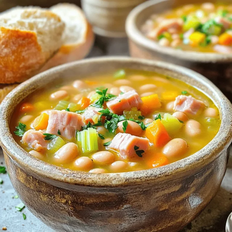 - 1 lb dried navy beans - 1 cup diced ham - 1 medium onion - 2 carrots - 2 celery stalks - 4 cloves garlic - 6 cups low-sodium chicken broth - 2 bay leaves - 1 teaspoon dried thyme - 1 teaspoon smoked paprika - Salt and black pepper - Fresh parsley Let's talk about the main ingredients first. The navy beans are the heart of this dish. Make sure to soak them overnight. This makes them soft and helps them cook well. I often use leftover ham, but store-bought ham works just as well. The onion adds a sweet flavor when cooked. Carrots and celery add nice crunch and color. For the seasonings, garlic gives a strong taste. I always use low-sodium chicken broth to keep it healthy. The bay leaves, thyme, and smoked paprika bring out a rich flavor. Finally, salt and black pepper let you adjust the taste to your liking. You can add fresh parsley on top before serving. This adds a lovely touch and a pop of green. For the full recipe, you can check the detailed instructions. - Soaking the beans: Start by soaking 1 lb of dried navy beans in water overnight. This helps soften the beans and cuts down cooking time. After soaking, drain and rinse the beans well. - Chopping vegetables: Next, get your vegetables ready. Dice 1 medium onion, 2 carrots, and 2 celery stalks. Mince 4 cloves of garlic. Having these chopped makes it easier to layer in the slow cooker. - Layering the ingredients: In your slow cooker, add the rinsed beans first. Then, layer in the diced ham, chopped onion, carrots, celery, and minced garlic. This creates a nice base for your dish. - Ensuring beans are submerged: Carefully pour 6 cups of low-sodium chicken broth over the top. Make sure the beans are fully submerged in the broth. This ensures they cook evenly and absorb all the great flavors. - Low setting for 6 to 8 hours: If you choose to cook on low, set your slow cooker for 6 to 8 hours. This method gives the beans time to become tender and flavorful. - High setting for 3 to 4 hours: If you’re short on time, you can set it on high for 3 to 4 hours. The beans will still come out tender, just not as infused with flavor. Follow these steps, and you'll have a warm, hearty ham and bean stew ready to enjoy. Don't forget to check the full recipe for any additional tips! Soaking beans is key. It helps them cook evenly and stay tender. I recommend soaking dried navy beans overnight. This softens them and cuts down cooking time. After soaking, rinse the beans well to remove any impurities. Checking doneness is also important. Use a fork to test a few beans toward the end of cooking. They should be soft but not mushy. If they need more time, let them cook longer. Adjusting seasoning levels can elevate your dish. Taste the stew before serving. You can add more salt or pepper to suit your taste. Adding extra spices or vegetables can boost flavor too. Try including diced bell peppers or a pinch of cayenne for heat. Herbs like rosemary or oregano can add depth as well. Pair your stew with crusty bread. It’s perfect for dipping and adds a nice texture. You can also serve it with a fresh salad for a light touch. For presentation, use rustic bowls to serve. This makes the dish feel cozy. A sprinkle of fresh parsley on top brightens the meal and adds color. Enjoy your hearty ham and bean stew! For the full recipe, check out the details above. {{image_4}} You can switch up the beans in this dish. Using black beans adds a rich flavor. Pinto beans give a creamy texture that works well too. Both options are simple. Just replace the navy beans with your choice. Soak and rinse them like you would with navy beans. The cooking time stays the same. If you want a different meat, try sausage or bacon. Sausage adds a nice spice. Bacon gives a smoky taste that many enjoy. Just chop it into pieces and add it with the other ingredients. You can mix and match to find your perfect flavor. Want a meatless option? Substitute the ham with vegetable protein. You can use tempeh or tofu. These options soak up flavors well. They keep the dish hearty and filling. Just make sure to season them well. You still get a warm, comforting bowl of goodness. To keep your slow cooker ham and beans fresh, cool them quickly. Pour the stew into shallow containers. This helps it cool evenly. Make sure to cover the containers tightly. Place them in the fridge within two hours. Your dish will stay good for about three to four days. When ready to eat, check for any signs of spoilage. Freezing is a great way to save leftovers. First, let the stew cool completely. Then, scoop portions into freezer-safe bags or containers. Remove as much air as possible before sealing. Label the bags with a date. Your ham and beans can last up to three months in the freezer. When you want to eat them, thaw in the fridge overnight. To reheat your ham and beans, use a pot on the stove or your microwave. For the pot, add a splash of broth or water. Heat over low until warm. Stir well to mix flavors. In the microwave, use a microwave-safe bowl. Heat in short bursts, stirring in between. This keeps the dish tasty and avoids overcooking. Enjoy your hearty meal again! Yes, you can use canned beans. This change saves time. When using canned beans, reduce cooking time. Cook on high for 1 to 2 hours. On low, cook for 2 to 3 hours. Make sure to rinse and drain the canned beans first. This helps remove extra salt and keeps the dish healthy. To make this dish gluten-free, choose gluten-free broth. Most chicken broths are gluten-free, but check labels. Avoid any added ingredients with gluten, like certain spices. Always read the labels of your ingredients. This ensures your meal stays safe and tasty. Serve with warm, crusty bread for dipping. Cornbread also pairs well with the stew. You can add a fresh salad for a nice crunch. Some people enjoy pickles on the side. These sides add flavor and texture to your meal. For a cozy vibe, offer a simple dessert like apple pie. Slow Cooker Ham and Beans is a simple and hearty dish to make. You learned about key ingredients, from dried navy beans to diced ham. I explained step-by-step instructions to ensure perfect results. You also discovered tips for flavor and texture, plus variations to suit your taste. In the end, this recipe is versatile and easy to adapt. Enjoy your delicious meal and impress your family with your cooking skills.