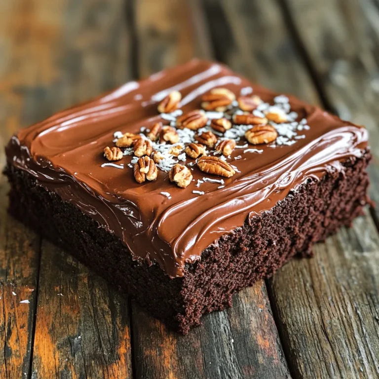 - 2 cups all-purpose flour - 2 cups granulated sugar - 1 teaspoon baking soda - 1/2 teaspoon salt - 1 cup unsalted butter, divided - 1 cup water - 1/2 cup unsweetened cocoa powder - 2 large eggs, at room temperature - 1/2 cup buttermilk, at room temperature - 1 teaspoon pure vanilla extract - 1/2 cup chopped pecans - 1/2 cup shredded coconut To make Texas sheet cake, gather these ingredients. Start with the dry ones. All-purpose flour forms the base. Granulated sugar gives it sweetness. Baking soda helps it rise. Salt balances the flavor. Next, you need the wet ingredients. Unsalted butter adds richness. Water and cocoa powder create the chocolate base. Eggs bind the cake. Buttermilk keeps it moist. Vanilla adds a lovely aroma. For added crunch, consider the optional add-ins. Chopped pecans add a nutty flavor. Shredded coconut gives extra texture. Feel free to mix and match to suit your taste. This easy recipe uses common ingredients, making it simple and fun. Check out the Full Recipe for a complete guide on how to create this delightful dessert! Preheating the oven First, I set my oven to 350°F (175°C). This temperature is key for a moist, fluffy cake. Preparing the sheet pan I use a large sheet pan, about 13x18 inches. I generously grease it with butter or cooking spray. Then, I dust it with flour. This step helps the cake come out easily. Combining dry ingredients In a big mixing bowl, I sift together the all-purpose flour, granulated sugar, baking soda, and salt. I whisk these well to blend them. This mix is the base of our cake. Preparing the chocolate mixture In a medium saucepan, I melt 1 cup of unsalted butter over medium heat. Once it melts, I add 1 cup of water and 1/2 cup of unsweetened cocoa powder. I stir this until it’s smooth. Then, I bring it to a gentle boil. This mixture adds rich flavor. Mixing wet and dry ingredients I carefully pour the hot chocolate mix into the bowl of dry ingredients. I stir gently until it's just combined. Next, I whisk together 2 large eggs, 1/2 cup of buttermilk, and 1 teaspoon of pure vanilla extract in a separate bowl. Once frothy, I pour it into the batter and mix until smooth. I can add chopped pecans or shredded coconut here if I want extra crunch. Baking the cake I pour the batter into the prepared sheet pan. I spread it evenly with a spatula. I bake it for 20-25 minutes. To check if it's done, I insert a toothpick into the center; it should come out clean with a few moist crumbs. Making the frosting While the cake is baking, I make the frosting. In a saucepan, I melt 1/2 cup of unsalted butter over medium heat. I whisk in 1/4 cup of milk and 1/4 cup of unsweetened cocoa powder until smooth. I remove it from heat and add 3 1/2 cups of sifted powdered sugar and 1 teaspoon of pure vanilla extract. I whisk until it's creamy. Frosting the cake After 20-25 minutes, I take the cake out of the oven. I let it cool for about 10 minutes in the pan. Then, I pour the warm frosting over the cake, covering it evenly. This adds a sweet finish to the rich chocolate flavor. Enjoy the delicious Texas Sheet Cake! For the full recipe, check the section above. How to know when the cake is done Check the cake by inserting a toothpick in the center. If it comes out clean or with a few moist crumbs, the cake is ready. Timing is key, so start checking at 20 minutes. Avoiding common baking mistakes Make sure to measure your ingredients correctly. Too much flour can make the cake dry. Use room temperature eggs and buttermilk for better mixing. Remember to preheat your oven to 350°F (175°C) before baking. Achieving the perfect frosting consistency Your frosting should be smooth and spreadable. If it is too thick, add a bit more milk. If too thin, add more powdered sugar until it reaches the right texture. Decorating suggestions for serving Sprinkle chopped pecans or coconut on top for a nice touch. You can also drizzle chocolate syrup over each slice for added flair. Presentation matters, so use a nice serving plate! Best ways to serve Texas Sheet Cake Cut the cake into squares for easy serving. This cake is great at room temperature. Serve it plain, or add a scoop of vanilla ice cream on the side for extra sweetness. Pairings with beverages or sides Pair this cake with a glass of cold milk or a hot cup of coffee. It also goes well with a light dessert wine. Consider serving it with fresh berries for a burst of flavor. {{image_4}} You can change up Texas Sheet Cake by adding different extracts. Almond or coffee extracts add unique flavors. Just a teaspoon can make a big difference. You can also try adding spices, like cinnamon. A teaspoon of cinnamon gives warmth and depth to the cake. Experiment with these flavors to find your favorite! If you need a gluten-free option, use gluten-free flour. Many brands work well in this recipe. For a dairy-free cake, swap the buttermilk for a non-dairy milk, like almond or oat milk. You can also use dairy-free butter for the frosting. These swaps help everyone enjoy this delicious cake. Get creative with frosting! Instead of the classic chocolate, try cream cheese frosting or a rich caramel glaze. You can also add toppings beyond pecans and coconut. Fresh berries, sprinkles, or even crushed cookies add fun textures. These variations make your cake stand out and impress your guests! To keep your Texas Sheet Cake fresh, follow these steps: - Let it cool completely before storing. - Cover the cake with plastic wrap or foil. - You can also use an airtight container. These methods will keep your cake moist and tasty. I prefer using a large container, as it helps avoid any drying out. You can freeze Texas Sheet Cake for later. Here’s how: - Slice the cake into squares. - Wrap each square in plastic wrap. - Place the wrapped slices in a freezer bag or container. To thaw, just take a slice out and let it sit at room temperature for about an hour. You can also microwave it for a few seconds if you're in a hurry. Texas Sheet Cake stays fresh for about 3 to 4 days at room temperature. If you store it in the fridge, it can last up to a week. Freezing can extend its life to about 3 months. Just remember, the sooner you eat it, the better it tastes! Texas Sheet Cake is a rich, chocolatey dessert baked in a large pan. It has roots in Texas and is loved for its simplicity and taste. The cake is moist, thanks to the cocoa and butter, and topped with a creamy frosting. This cake is often served at gatherings and celebrations. Its charm lies in its easy preparation and big flavor. You can enjoy this cake warm or at room temperature, making it a perfect treat for any occasion. Yes, you can make Texas Sheet Cake in advance. Here are some tips for prepping: - Bake the cake: You can bake it a day before serving. - Cool completely: Let it cool in the pan before frosting. - Frost later: Frost it just before serving to keep it fresh. - Store properly: Cover the cake tightly with plastic wrap or foil. This way, your cake stays moist and delicious. To enhance your dessert experience, consider these ideas: - Add toppings: Sprinkle with chopped pecans or shredded coconut for texture. - Serve with ice cream: A scoop of vanilla ice cream pairs well with chocolate cake. - Drizzle chocolate syrup: This adds an extra layer of sweetness. - Use a decorative platter: Presenting on a nice plate makes it more appealing. These small touches can elevate your cake’s presentation and flavor. You can tell if the cake is done by checking for a few signs: - Toothpick test: Insert a toothpick in the center. It should come out clean or with a few moist crumbs. - Look for a springy texture: Gently press the top; it should bounce back. - Even color: The edges should pull away slightly from the pan. These signs help ensure your Texas Sheet Cake is perfectly baked. Texas Sheet Cake is a delicious treat made with simple ingredients. We covered the dry and wet components, tips for baking and frosting, and how to store it effectively. Remember, you can add extras for fun flavors or dietary needs. Making this cake is easy and rewarding. Enjoy the joy it brings, whether you serve it at a party or enjoy it at home. Trust these simple steps, and you’ll bake to impress!