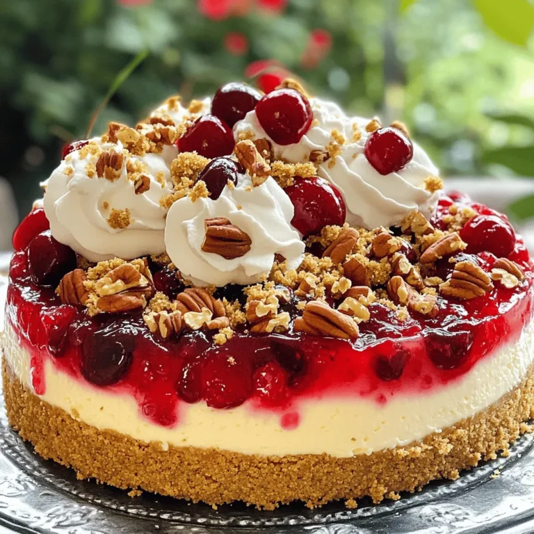 To make a Cherry Crumb Cheesecake, you need specific key ingredients: - 1 ½ cups graham cracker crumbs - ½ cup unsalted butter, melted - 1 cup granulated sugar, divided - 1 ½ teaspoons ground cinnamon - 3 packages (8 oz each) cream cheese, softened - 1 teaspoon pure vanilla extract - 3 large eggs, at room temperature - 1 cup cherry pie filling These ingredients create a rich and creamy cheesecake with a delightful cherry flavor. You can customize your cheesecake with these optional ingredients: - ½ cup chopped pecans or walnuts - Additional cherry filling for topping Adding nuts gives a nice crunch. More cherry filling can boost the flavor and look. To prepare your Cherry Crumb Cheesecake, gather these tools: - 9-inch springform pan - Mixing bowls - Electric mixer - Spatula - Measuring cups and spoons Having the right tools makes the process smooth and fun. Each tool helps you create a perfect cheesecake with ease. For the full recipe, check the details above. Start by preheating your oven to 325°F (160°C). In a medium bowl, mix together the graham cracker crumbs, melted butter, ½ cup of granulated sugar, and ground cinnamon. You want it to feel like wet sand. Next, press this mixture firmly into the bottom of a 9-inch springform pan. This forms a solid crust for your cheesecake. Now, bake the crust in the oven for about 10 minutes. It should look light and golden brown. Once done, take it out and let it cool. In a large bowl, beat the softened cream cheese using an electric mixer. Mix until it’s creamy and smooth. Slowly add in the remaining ½ cup of granulated sugar and the vanilla extract. Keep mixing until everything is well combined. Next, add the eggs, one at a time. Mix on low speed after each addition. This helps avoid overmixing, which can make the cheesecake dense. After the eggs are mixed in, gently fold the cherry pie filling into the cream cheese mixture. Be careful not to crush the cherries. Now it’s time to pour the cheesecake filling into the cooled crust. Smooth the top with a spatula to ensure an even surface. Place the cheesecake in the oven and bake for about 50 to 60 minutes. The center should be set but still slightly jiggly. Once baked, turn off the oven and crack the door to let the cheesecake cool slowly. Let it cool for about an hour before moving it to the fridge. Chill it for at least 4 hours, but overnight is best. For a crunchy topping, mix leftover graham cracker crumbs with a tablespoon of melted butter and optional chopped nuts. Sprinkle this over the cheesecake before serving. You can find the Full Recipe for more details and exact measurements. When making a cheesecake, avoid overmixing. Mix the cream cheese just until smooth. Adding eggs? Do it one at a time. This keeps your cheesecake light and fluffy. Another tip: let your cream cheese soften fully. Cold cream cheese can lead to lumps. Also, be careful when folding in the cherry filling. You want to keep the cherries intact for a lovely look. Chilling is key for a great cheesecake. After baking, turn off the oven and crack the door. This helps your cake cool slowly. Let it sit for about an hour. Then, move it to the fridge. Chill for at least four hours. For best results, chill overnight. This ensures your cheesecake sets perfectly and is easier to slice. To boost flavor, add a splash of lemon juice to the cream cheese mix. It adds a nice zing. You can also swap out some sugar for brown sugar. This gives a deeper flavor. For texture, mix in chopped nuts in the filling or topping. They add a nice crunch. If you want more cherry flavor, drizzle some extra cherry filling on top before serving. For the full recipe, check the Cherry Crumb Cheesecake Delight section. {{image_4}} You can change the fruit in this recipe. Try blueberries, strawberries, or peaches. Each fruit adds its unique flavor and color. For blueberries, use a blueberry pie filling. Strawberries work well too. Just mash them gently before folding them in. Peaches can give a sweet, summer vibe. You can make this cheesecake gluten-free. Simply swap the graham cracker crumbs for gluten-free crumbs. Look for options made from almonds or oats. Check the labels to ensure they are gluten-free. The rest of the ingredients stay the same, so you keep all that flavor. You can get creative with the crust. Instead of graham crackers, use chocolate cookies for a rich taste. Oreos make a great choice too. For a nutty crust, blend nuts like almonds or pecans. Just mix them with butter and press into the pan. Each crust adds a new twist to the cheesecake. For the full recipe, check the details above. After enjoying your Cherry Crumb Cheesecake, you may have some left. To store it, cover the cheesecake tightly with plastic wrap or foil. This helps keep it fresh. Place it in the fridge. It will stay good for up to five days. If you cut slices, use a clean knife to avoid mess. Want to save your cheesecake for later? Freezing is a great option. First, let the cheesecake cool completely. Then, wrap it tightly in plastic wrap. After that, wrap it in aluminum foil. This extra layer protects it from freezer burn. You can freeze the cheesecake for up to three months. When you’re ready to enjoy it again, move it to the fridge to thaw overnight. When you're ready to eat your cheesecake, no need to heat it. Cheesecake is best served cold. However, if you want a warm slice, you can gently warm it. Preheat your oven to 250°F (120°C). Place the cheesecake slice on a baking sheet. Heat it for about 10 minutes. Check to see if it’s warmed through. Enjoy it with a fresh cherry topping for the best taste! Yes, you can use fresh cherries. Just pit and slice them. Mix the fresh cherries with a little sugar and cornstarch. This helps them thicken and sweeten. Fresh cherries bring a bright flavor. They also add a nice pop of color to your dessert. Cherry Crumb Cheesecake lasts about five days in the fridge. Store it in an airtight container. This keeps it fresh and tasty. After a few days, the crust may get softer. But the flavor stays great. You can use Greek yogurt as a substitute. It gives a creamy texture. Silken tofu is another option for a vegan version. Both substitutes can work well in this recipe. They will change the flavor slightly, but it will still be delicious. For the full recipe, check out the Cherry Crumb Cheesecake Delight. This blog post covered how to make Cherry Crumb Cheesecake. We explored key ingredients, and tools needed, and shared step-by-step instructions. I provided tips to avoid mistakes and enhance flavor. We discussed variations like gluten-free options and how to store leftovers. In the end, baking cheesecake can be fun and rewarding. With these tips, you can enjoy a delicious treat any time!