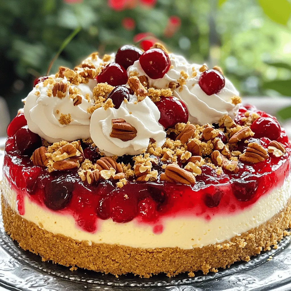 To make a Cherry Crumb Cheesecake, you need specific key ingredients: - 1 ½ cups graham cracker crumbs - ½ cup unsalted butter, melted - 1 cup granulated sugar, divided - 1 ½ teaspoons ground cinnamon - 3 packages (8 oz each) cream cheese, softened - 1 teaspoon pure vanilla extract - 3 large eggs, at room temperature - 1 cup cherry pie filling These ingredients create a rich and creamy cheesecake with a delightful cherry flavor. You can customize your cheesecake with these optional ingredients: - ½ cup chopped pecans or walnuts - Additional cherry filling for topping Adding nuts gives a nice crunch. More cherry filling can boost the flavor and look. To prepare your Cherry Crumb Cheesecake, gather these tools: - 9-inch springform pan - Mixing bowls - Electric mixer - Spatula - Measuring cups and spoons Having the right tools makes the process smooth and fun. Each tool helps you create a perfect cheesecake with ease. For the full recipe, check the details above. Start by preheating your oven to 325°F (160°C). In a medium bowl, mix together the graham cracker crumbs, melted butter, ½ cup of granulated sugar, and ground cinnamon. You want it to feel like wet sand. Next, press this mixture firmly into the bottom of a 9-inch springform pan. This forms a solid crust for your cheesecake. Now, bake the crust in the oven for about 10 minutes. It should look light and golden brown. Once done, take it out and let it cool. In a large bowl, beat the softened cream cheese using an electric mixer. Mix until it’s creamy and smooth. Slowly add in the remaining ½ cup of granulated sugar and the vanilla extract. Keep mixing until everything is well combined. Next, add the eggs, one at a time. Mix on low speed after each addition. This helps avoid overmixing, which can make the cheesecake dense. After the eggs are mixed in, gently fold the cherry pie filling into the cream cheese mixture. Be careful not to crush the cherries. Now it’s time to pour the cheesecake filling into the cooled crust. Smooth the top with a spatula to ensure an even surface. Place the cheesecake in the oven and bake for about 50 to 60 minutes. The center should be set but still slightly jiggly. Once baked, turn off the oven and crack the door to let the cheesecake cool slowly. Let it cool for about an hour before moving it to the fridge. Chill it for at least 4 hours, but overnight is best. For a crunchy topping, mix leftover graham cracker crumbs with a tablespoon of melted butter and optional chopped nuts. Sprinkle this over the cheesecake before serving. You can find the Full Recipe for more details and exact measurements. When making a cheesecake, avoid overmixing. Mix the cream cheese just until smooth. Adding eggs? Do it one at a time. This keeps your cheesecake light and fluffy. Another tip: let your cream cheese soften fully. Cold cream cheese can lead to lumps. Also, be careful when folding in the cherry filling. You want to keep the cherries intact for a lovely look. Chilling is key for a great cheesecake. After baking, turn off the oven and crack the door. This helps your cake cool slowly. Let it sit for about an hour. Then, move it to the fridge. Chill for at least four hours. For best results, chill overnight. This ensures your cheesecake sets perfectly and is easier to slice. To boost flavor, add a splash of lemon juice to the cream cheese mix. It adds a nice zing. You can also swap out some sugar for brown sugar. This gives a deeper flavor. For texture, mix in chopped nuts in the filling or topping. They add a nice crunch. If you want more cherry flavor, drizzle some extra cherry filling on top before serving. For the full recipe, check the Cherry Crumb Cheesecake Delight section. {{image_4}} You can change the fruit in this recipe. Try blueberries, strawberries, or peaches. Each fruit adds its unique flavor and color. For blueberries, use a blueberry pie filling. Strawberries work well too. Just mash them gently before folding them in. Peaches can give a sweet, summer vibe. You can make this cheesecake gluten-free. Simply swap the graham cracker crumbs for gluten-free crumbs. Look for options made from almonds or oats. Check the labels to ensure they are gluten-free. The rest of the ingredients stay the same, so you keep all that flavor. You can get creative with the crust. Instead of graham crackers, use chocolate cookies for a rich taste. Oreos make a great choice too. For a nutty crust, blend nuts like almonds or pecans. Just mix them with butter and press into the pan. Each crust adds a new twist to the cheesecake. For the full recipe, check the details above. After enjoying your Cherry Crumb Cheesecake, you may have some left. To store it, cover the cheesecake tightly with plastic wrap or foil. This helps keep it fresh. Place it in the fridge. It will stay good for up to five days. If you cut slices, use a clean knife to avoid mess. Want to save your cheesecake for later? Freezing is a great option. First, let the cheesecake cool completely. Then, wrap it tightly in plastic wrap. After that, wrap it in aluminum foil. This extra layer protects it from freezer burn. You can freeze the cheesecake for up to three months. When you’re ready to enjoy it again, move it to the fridge to thaw overnight. When you're ready to eat your cheesecake, no need to heat it. Cheesecake is best served cold. However, if you want a warm slice, you can gently warm it. Preheat your oven to 250°F (120°C). Place the cheesecake slice on a baking sheet. Heat it for about 10 minutes. Check to see if it’s warmed through. Enjoy it with a fresh cherry topping for the best taste! Yes, you can use fresh cherries. Just pit and slice them. Mix the fresh cherries with a little sugar and cornstarch. This helps them thicken and sweeten. Fresh cherries bring a bright flavor. They also add a nice pop of color to your dessert. Cherry Crumb Cheesecake lasts about five days in the fridge. Store it in an airtight container. This keeps it fresh and tasty. After a few days, the crust may get softer. But the flavor stays great. You can use Greek yogurt as a substitute. It gives a creamy texture. Silken tofu is another option for a vegan version. Both substitutes can work well in this recipe. They will change the flavor slightly, but it will still be delicious. For the full recipe, check out the Cherry Crumb Cheesecake Delight. This blog post covered how to make Cherry Crumb Cheesecake. We explored key ingredients, and tools needed, and shared step-by-step instructions. I provided tips to avoid mistakes and enhance flavor. We discussed variations like gluten-free options and how to store leftovers. In the end, baking cheesecake can be fun and rewarding. With these tips, you can enjoy a delicious treat any time!