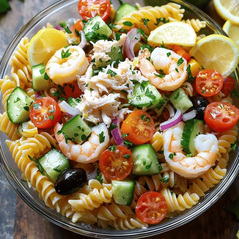 Here’s what you need to make the seafood pasta salad with crab and shrimp. Gather these fresh ingredients for a tasty dish. - 8 ounces rotini pasta - 1 cup cooked crab meat, shredded - 1 cup cooked shrimp, peeled and deveined - 1/2 cup cherry tomatoes, halved - 1/2 cup cucumber, diced - 1/4 cup red onion, finely chopped - 1/4 cup green bell pepper, diced - 1/4 cup black olives, sliced - 1/4 cup fresh parsley, chopped - 1/2 cup mayonnaise - 2 tablespoons freshly squeezed lemon juice - 1 teaspoon Dijon mustard - Salt and freshly ground black pepper to taste Using fresh ingredients makes your salad bright and full of flavor. I love to use juicy cherry tomatoes and crunchy cucumbers. They add a nice touch and balance to the seafood. The crab and shrimp bring that ocean taste, making each bite special. The dressing is simple but packs a punch. Mayonnaise, lemon juice, and Dijon mustard mix to create a creamy, tangy base. It coats the pasta and seafood perfectly. You can find the full recipe details in the Coastal Seafood Pasta Salad section. Remember, quality ingredients lead to a great dish. Enjoy shopping and prepping! To cook rotini pasta, boil a large pot of water. Add salt to the water for flavor. Once the water is boiling, add the pasta. Cook it for 9 to 11 minutes. You want the pasta to be tender but still firm. This is called al dente. To check, taste a piece a minute before the time is up. After cooking, drain the pasta in a colander. Rinse it under cold water to stop the cooking process. This keeps the pasta from getting mushy. In a large bowl, add the chilled rotini pasta. Now, it's time to add the seafood. Gently fold in the shredded crab meat and the cooked shrimp. Next, chop the vegetables. Slice the cherry tomatoes and cucumber. Finely chop the red onion and green bell pepper. Add the black olives and fresh parsley. Mix all these colorful ingredients together so they blend well. For the creamy dressing, grab a small bowl. Combine the mayonnaise, lemon juice, and Dijon mustard. Whisk these together until smooth. Add a pinch of salt and pepper to taste. This dressing adds flavor and ties the salad together. Make sure to taste it. A little extra seasoning can make a big difference! Pour the dressing over the pasta and seafood mixture. With a gentle hand, toss all the ingredients together. Make sure everything gets coated in the dressing. This step is key for flavor. After mixing, cover the bowl with plastic wrap. Place it in the fridge for at least 30 minutes. Chilling lets the flavors meld and develop. Before serving, give the salad a gentle stir. Taste again and adjust the seasoning if needed. To boost flavor in your seafood pasta salad, try adding fresh herbs like basil or dill. These herbs add a bright note and balance the seafood. You can also sprinkle in some red pepper flakes for a little heat. If you want a twist, swap your dressing. A zesty vinaigrette can give a fresh taste. Another option is a creamy avocado dressing for a rich flavor. Serving is key to impressing your guests. Use a big, colorful bowl to showcase your pasta salad. You can layer the ingredients for a stunning effect. For garnish, fresh parsley or lemon slices can add a pop of color. Consider using glass bowls. They let everyone see the pretty colors of your dish. For easy meal prep, make the pasta salad a day ahead. It tastes even better after chilling. Store it in an airtight container to keep it fresh. Pair your salad with crusty bread or a light white wine. These sides complement the seafood well. If you want something lighter, a crisp green salad works great too. {{image_4}} You can easily change this seafood pasta salad. Try adding other seafood like scallops or lobster. They add a rich flavor and great texture. If you want a meatless option, use chickpeas or grilled vegetables. This gives you a fresh, vibrant dish. For a kick, add jalapeños or red pepper flakes. This will spice things up and make it exciting. If you want something sweet, mix in some tropical fruits like mango or pineapple. These fruits complement the seafood well and add a fun twist. Explore these variations to make your seafood pasta salad unique. For more ideas, check the Full Recipe. To keep your seafood pasta salad fresh, use airtight containers. Glass containers work well. They do not hold odors and are easy to clean. You can also use plastic containers, just ensure they seal tightly. Before sealing, let the salad cool completely. This step helps prevent condensation inside the container. Condensation can cause spoilage. In the fridge, your seafood pasta salad lasts about three days. After that, the quality may drop. To know if it’s still good, check for changes in smell or color. If it smells off or looks dull, it’s best to throw it out. Enjoy your salad while it's fresh for the best taste! For more details, check the full recipe. Yes, you can use frozen shrimp. Just thaw them first. Place the shrimp in cold water for about 15 minutes. This helps save time and still gives you great flavor. You need about 15 minutes to prep. Cooking the pasta takes around 10 minutes, and mixing everything takes just a few more. In total, you can have this salad ready in about 45 minutes. Seafood pasta salad pairs well with garlic bread and a fresh green salad. You can also serve it with a light soup for a full meal. Absolutely! You can make this pasta salad a day ahead. Just keep it in the fridge. The flavors will blend even better when it sits for a while. To make more servings, simply double the ingredients. If you want to make a smaller batch, cut the ingredients in half. This way, you can easily serve any number of people. For the full recipe, check out the earlier section. This seafood pasta salad is tasty and easy to make. We mixed rotini with crab, shrimp, and fresh veggies. The creamy dressing ties it all together. Remember to chill for the best flavor. You can switch up ingredients to make it your own. Store it properly to keep it fresh. With these tips, you’re ready to impress. Enjoy your delicious creation. Let your friends and family savor it too!