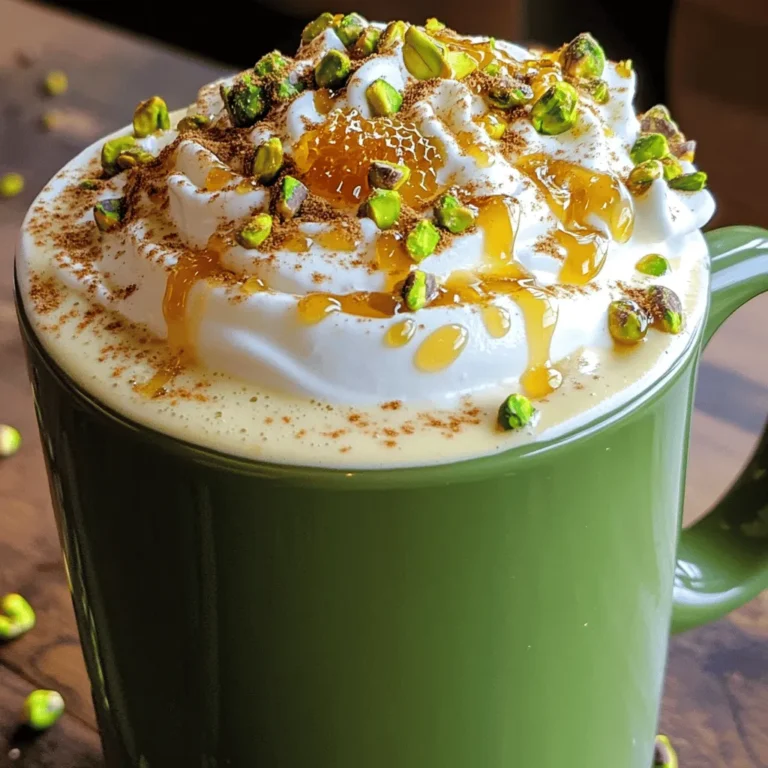 To make a great Pistachio Honeycomb Latte, you will need: - 1 cup milk (your choice of dairy or plant-based) - 2 tablespoons pistachio paste - 1 tablespoon honeycomb (or honey as a substitute) - 1 shot of espresso (or ½ cup strong brewed coffee) - 1 teaspoon vanilla extract - Whipped cream (optional for a delightful topping) - Crushed pistachios (for garnish) - A sprinkle of cinnamon (optional for extra warmth) These ingredients create the rich, nutty flavor that makes this latte special. The pistachio paste gives a creamy texture while the honeycomb adds sweetness. You can boost the flavor of your latte with a few extras: - A pinch of sea salt to enhance sweetness - A splash of almond extract for a nutty twist - A drizzle of chocolate syrup for a sweet touch These ingredients help elevate your drink and make it a real treat. If you have allergies or dietary needs, consider these swaps: - Use oat milk or almond milk instead of dairy milk for lactose issues. - Replace honeycomb with maple syrup for a vegan option. - Opt for sunflower seed butter instead of pistachio paste if you have nut allergies. These substitutions let everyone enjoy the Pistachio Honeycomb Latte without worry. For the full recipe, check out the details above. Start by pouring 1 cup of milk into a small saucepan. I like to use whole milk, but you can choose any type you enjoy. Heat the milk over medium heat. Stir gently as it warms. Watch closely to avoid boiling. Once you see steam, it’s time to add 2 tablespoons of pistachio paste. Stir until the paste blends well with the milk. The mix should be smooth and creamy. If you want a sweeter taste, add more honeycomb or honey. While the milk heats, it's time to brew your coffee. If you have an espresso machine, make one shot of espresso. If not, brew ½ cup of strong coffee. I love using a French press for this. Once brewed, mix in 1 teaspoon of vanilla extract. This gives your coffee a wonderful depth of flavor. Now, grab a large mug for your latte. Pour the espresso at the bottom first. Then, gently pour the pistachio milk over it. This creates a lovely layered look. If you like, add a swirl of whipped cream on top. Drizzle some honeycomb syrup for extra sweetness. Finish by sprinkling crushed pistachios on top for crunch. You can also add a pinch of cinnamon if you want a warm kick. Enjoy your delightful brew! For the full recipe, check above. To get that rich and creamy texture, start with fresh milk. Choose whole milk for the best results, but you can use any plant-based milk. Heat the milk slowly to avoid burning. Stir gently while it warms up. When you add the pistachio paste, mix it well. This helps combine the flavors and makes it smooth. To boost the taste, use high-quality pistachio paste. The better the paste, the richer the flavor. Adding a little more honeycomb can sweeten your latte to your liking. If you want warmth, a sprinkle of cinnamon adds a nice touch. Don't forget the vanilla extract; it deepens the overall flavor. Serving your latte in a clear glass makes it look stunning. You can see the beautiful layers of milk and coffee. For a fancy touch, whip your cream until fluffy and swirl it on top. Drizzle honeycomb syrup over the cream for added sweetness. Finally, sprinkle crushed pistachios on top. This adds color and a nice crunch. For the full recipe, check out the Pistachio Honeycomb Latte details. {{image_4}} To make an iced version, start with cold milk. Use the same pistachio paste and honeycomb. Brew your espresso and let it cool. Pour the cold milk over ice, add the espresso, and stir. For a sweet touch, drizzle honeycomb syrup on top. This drink is perfect for hot days! For a vegan twist, use plant-based milk like almond or oat milk. Keep the pistachio paste and honeycomb. Substitute honeycomb with agave syrup or maple syrup for sweetness. The taste remains rich and creamy without dairy. You won’t miss the milk! Want to spice things up? Add cardamom for a warm touch. Just a pinch will do. If you love chocolate, mix in cocoa powder or chocolate syrup. Both add depth to your latte. Feel free to get creative with flavors! For more details, you can check the Full Recipe to guide you through each variation. If you have any leftover milk or pistachio mix, store them in the fridge. Use an airtight container to keep them fresh. The milk can last up to three days. The pistachio mix should be used within two days for the best flavor. You can make your espresso or strong coffee ahead of time. Brew it and let it cool. Then, place it in the fridge for up to two days. When you're ready, just reheat it on the stove or in the microwave. When reheating the milk and pistachio mix, do it gently. Use low heat to avoid scorching. Stir it often to keep it smooth. If you see bubbles, it's too hot. Aim for a warm feel, not boiling. This way, your latte will remain creamy and delicious. For complete instructions, refer to the Full Recipe. If you can't find pistachio paste, use almond butter or cashew butter. Both give a nutty flavor. You can also blend roasted pistachios with a bit of oil. This makes a quick homemade paste. Yes, you can easily scale up the recipe. Just multiply each ingredient by the number of servings you want. If you want to serve four, use four cups of milk, eight tablespoons of pistachio paste, and so on. Make sure to heat the milk in a larger pot to avoid spills. You can find honeycomb at specialty grocery stores or farmer's markets. Some online shops sell it, too. If you can't find honeycomb, honey works as a great substitute. It still brings that sweet flavor to your drink. Yes, this drink is great for kids! It has a nice sweet taste and creamy texture. Just make sure to reduce the espresso amount or leave it out. You can use decaf coffee or strong brewed coffee instead. This way, kids can enjoy it without too much caffeine. We explored how to make a Pistachio Honeycomb Latte. We covered essential and optional ingredients, along with useful substitutions for allergies. I shared step-by-step instructions and tips for the best taste and look. You can even try variations, like an iced version or a vegan alternative. Lastly, I gave storage tips to help you prep ahead. Enjoy making this delightful drink and impress your friends. Every sip will be worth it!