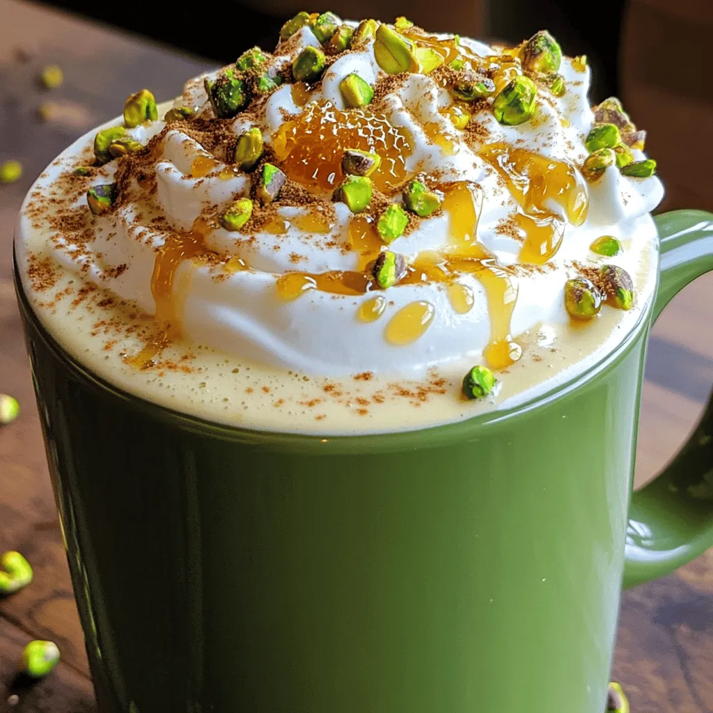To make a great Pistachio Honeycomb Latte, you will need: - 1 cup milk (your choice of dairy or plant-based) - 2 tablespoons pistachio paste - 1 tablespoon honeycomb (or honey as a substitute) - 1 shot of espresso (or ½ cup strong brewed coffee) - 1 teaspoon vanilla extract - Whipped cream (optional for a delightful topping) - Crushed pistachios (for garnish) - A sprinkle of cinnamon (optional for extra warmth) These ingredients create the rich, nutty flavor that makes this latte special. The pistachio paste gives a creamy texture while the honeycomb adds sweetness. You can boost the flavor of your latte with a few extras: - A pinch of sea salt to enhance sweetness - A splash of almond extract for a nutty twist - A drizzle of chocolate syrup for a sweet touch These ingredients help elevate your drink and make it a real treat. If you have allergies or dietary needs, consider these swaps: - Use oat milk or almond milk instead of dairy milk for lactose issues. - Replace honeycomb with maple syrup for a vegan option. - Opt for sunflower seed butter instead of pistachio paste if you have nut allergies. These substitutions let everyone enjoy the Pistachio Honeycomb Latte without worry. For the full recipe, check out the details above. Start by pouring 1 cup of milk into a small saucepan. I like to use whole milk, but you can choose any type you enjoy. Heat the milk over medium heat. Stir gently as it warms. Watch closely to avoid boiling. Once you see steam, it’s time to add 2 tablespoons of pistachio paste. Stir until the paste blends well with the milk. The mix should be smooth and creamy. If you want a sweeter taste, add more honeycomb or honey. While the milk heats, it's time to brew your coffee. If you have an espresso machine, make one shot of espresso. If not, brew ½ cup of strong coffee. I love using a French press for this. Once brewed, mix in 1 teaspoon of vanilla extract. This gives your coffee a wonderful depth of flavor. Now, grab a large mug for your latte. Pour the espresso at the bottom first. Then, gently pour the pistachio milk over it. This creates a lovely layered look. If you like, add a swirl of whipped cream on top. Drizzle some honeycomb syrup for extra sweetness. Finish by sprinkling crushed pistachios on top for crunch. You can also add a pinch of cinnamon if you want a warm kick. Enjoy your delightful brew! For the full recipe, check above. To get that rich and creamy texture, start with fresh milk. Choose whole milk for the best results, but you can use any plant-based milk. Heat the milk slowly to avoid burning. Stir gently while it warms up. When you add the pistachio paste, mix it well. This helps combine the flavors and makes it smooth. To boost the taste, use high-quality pistachio paste. The better the paste, the richer the flavor. Adding a little more honeycomb can sweeten your latte to your liking. If you want warmth, a sprinkle of cinnamon adds a nice touch. Don't forget the vanilla extract; it deepens the overall flavor. Serving your latte in a clear glass makes it look stunning. You can see the beautiful layers of milk and coffee. For a fancy touch, whip your cream until fluffy and swirl it on top. Drizzle honeycomb syrup over the cream for added sweetness. Finally, sprinkle crushed pistachios on top. This adds color and a nice crunch. For the full recipe, check out the Pistachio Honeycomb Latte details. {{image_4}} To make an iced version, start with cold milk. Use the same pistachio paste and honeycomb. Brew your espresso and let it cool. Pour the cold milk over ice, add the espresso, and stir. For a sweet touch, drizzle honeycomb syrup on top. This drink is perfect for hot days! For a vegan twist, use plant-based milk like almond or oat milk. Keep the pistachio paste and honeycomb. Substitute honeycomb with agave syrup or maple syrup for sweetness. The taste remains rich and creamy without dairy. You won’t miss the milk! Want to spice things up? Add cardamom for a warm touch. Just a pinch will do. If you love chocolate, mix in cocoa powder or chocolate syrup. Both add depth to your latte. Feel free to get creative with flavors! For more details, you can check the Full Recipe to guide you through each variation. If you have any leftover milk or pistachio mix, store them in the fridge. Use an airtight container to keep them fresh. The milk can last up to three days. The pistachio mix should be used within two days for the best flavor. You can make your espresso or strong coffee ahead of time. Brew it and let it cool. Then, place it in the fridge for up to two days. When you're ready, just reheat it on the stove or in the microwave. When reheating the milk and pistachio mix, do it gently. Use low heat to avoid scorching. Stir it often to keep it smooth. If you see bubbles, it's too hot. Aim for a warm feel, not boiling. This way, your latte will remain creamy and delicious. For complete instructions, refer to the Full Recipe. If you can't find pistachio paste, use almond butter or cashew butter. Both give a nutty flavor. You can also blend roasted pistachios with a bit of oil. This makes a quick homemade paste. Yes, you can easily scale up the recipe. Just multiply each ingredient by the number of servings you want. If you want to serve four, use four cups of milk, eight tablespoons of pistachio paste, and so on. Make sure to heat the milk in a larger pot to avoid spills. You can find honeycomb at specialty grocery stores or farmer's markets. Some online shops sell it, too. If you can't find honeycomb, honey works as a great substitute. It still brings that sweet flavor to your drink. Yes, this drink is great for kids! It has a nice sweet taste and creamy texture. Just make sure to reduce the espresso amount or leave it out. You can use decaf coffee or strong brewed coffee instead. This way, kids can enjoy it without too much caffeine. We explored how to make a Pistachio Honeycomb Latte. We covered essential and optional ingredients, along with useful substitutions for allergies. I shared step-by-step instructions and tips for the best taste and look. You can even try variations, like an iced version or a vegan alternative. Lastly, I gave storage tips to help you prep ahead. Enjoy making this delightful drink and impress your friends. Every sip will be worth it!