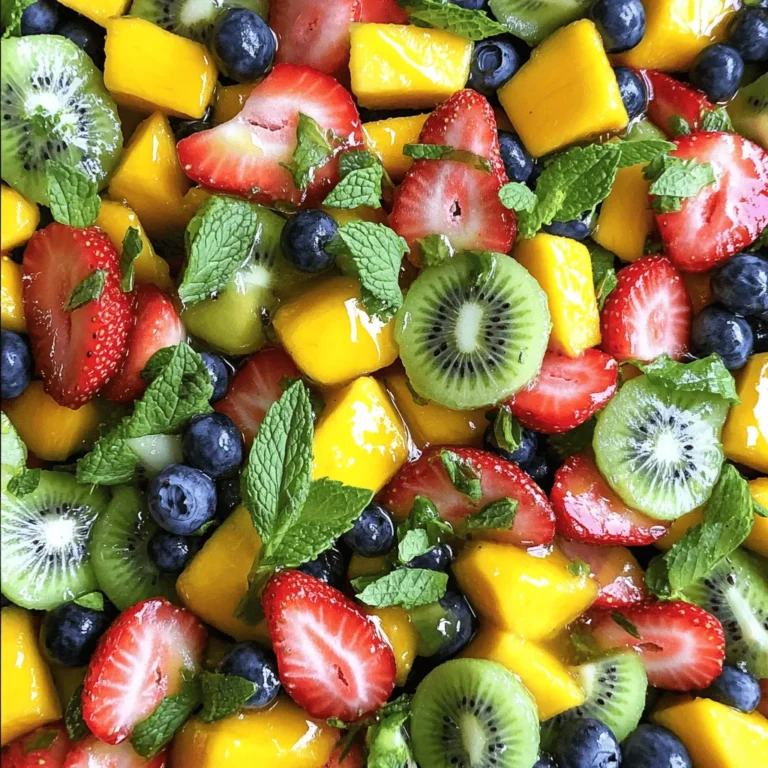- 1 cup fresh strawberries, hulled and halved - 1 cup ripe mango, diced - 1 cup kiwi, peeled and sliced into rounds - 1 cup plump blueberries - 1 large orange, segmented into bite-sized pieces - 1 tablespoon natural honey - 1 teaspoon fresh mint leaves, finely chopped (plus extra for garnish) - ½ teaspoon grated lime zest - 1 tablespoon freshly squeezed lemon juice - A pinch of fine sea salt When making my secret ingredient fruit salad, I focus on fresh, vibrant fruits. The strawberries add a sweet pop, while the mango brings a tropical flair. Kiwi adds tang and a bright color. Blueberries offer a burst of juice. Finally, the orange segments provide a refreshing, zesty note. For the dressing, honey is key. It enhances the fruit's sweetness while balancing their tartness. Mint adds a refreshing touch, making each bite feel light. The lime zest and lemon juice boost the flavors even more. The pinch of sea salt rounds it all out, bringing all the tastes together. This mix of fruits and the unique dressing makes the salad special. You can find the full recipe at the end of this article. Enjoy this blend of flavors and colors in your next meal! - Combine all fruits in a large mixing bowl. - Ensure even distribution of colors and textures. This makes the salad look bright and inviting. You want each fruit to shine in this mix. - Whisk together honey, mint, lime zest, lemon juice, and sea salt. - The honey is our secret ingredient. It enhances the flavors and ties everything together. The fresh mint adds a nice touch, making the salad refreshing and vibrant. - Drizzle the dressing over fruits and gently toss. - Allow the salad to rest for 10 minutes for flavor integration. This time lets the dressing soak into the fruit. It makes every bite delicious. To make your fruit salad shine, pick seasonal fruits. Seasonal fruits taste better and cost less. In spring, look for strawberries and mangoes. In summer, grab peaches and blueberries. For fall, apples and pears are great. In winter, try citrus fruits like oranges and grapefruits. When selecting fruits, look for ripe ones. Ripe fruits are usually fragrant and firm. For strawberries, choose bright red ones with no white tips. For mangoes, gently press; they should yield slightly. Kiwi should feel plump and smooth. The dressing makes this salad extra special. To adjust sweetness, add more honey based on your taste. If you want a lighter option, agave syrup or maple syrup works well too. You can change the dressing to fit dietary needs. For a vegan twist, skip the honey and use maple syrup. If you want it creamier, try adding yogurt. You can also switch mint for basil or cilantro for a unique flavor. {{image_4}} You can add a fun tropical twist to your fruit salad. Try adding pineapple and coconut flakes. Pineapple brings a sweet and tangy flavor. The coconut adds a nice chewiness and a hint of the tropics. Just chop fresh pineapple into bite-sized pieces. Then, sprinkle in some coconut flakes before tossing your salad. This change makes your salad even more refreshing and bright! For a berry medley, mix in raspberries and blackberries. These berries add a tartness that contrasts with the sweetness of other fruits. Raspberries are small and juicy, while blackberries are sweet and slightly firm. Just toss them gently into your salad to keep their shape. This mix gives your salad a lovely depth of flavor that everyone will enjoy. Want to add some crunch? Incorporate chopped nuts, like almonds or walnuts. Nuts give your salad a nice texture and a boost of protein. They also add a rich flavor that complements the fruits. Just chop the nuts into small pieces and sprinkle them over your salad. This simple addition makes your fruit salad more filling and satisfying. Feel free to get creative with these variations! Each twist adds fun flavors and textures to your Secret Ingredient Fruit Salad. Check out the Full Recipe for more details. To keep your secret ingredient fruit salad fresh, store it in the fridge. Use an airtight container. This helps maintain the flavors and textures. The salad stays good for about two days. However, it tastes best within the first day. The longer it sits, the more the fruits release juices. This can make the salad watery. To prevent browning, squeeze some extra lemon juice on fruits like apples or bananas. This works wonders! You can also cover the salad tightly with plastic wrap. This keeps air out and helps fruits stay crisp. For extra freshness, add mint leaves right before serving. This keeps them vibrant and adds a nice touch. If you notice any mushy fruit, remove it. This keeps the rest of your salad looking and tasting great. The secret ingredient in this fruit salad is the combination of honey and mint. Honey adds natural sweetness that enhances the flavor of the fruits. It helps to balance the tartness of fruits like kiwi and oranges. Mint brings a fresh, cool taste that lifts the salad. It contrasts nicely with the juicy fruits. This duo creates a unique flavor profile that makes your fruit salad stand out. The honey-mint mix not only tastes great but also makes the salad look vibrant and appetizing. Yes, you can prepare this salad in advance, but timing is key. I recommend making it no more than a few hours before serving. This keeps the fruits fresh and crisp. If you prepare it too early, the fruits may become soft and mushy. To keep the salad fresh, mix the fruits and dressing separately. Combine them just before serving. This way, you get the best taste and texture. If you need a substitute for honey, several options work well. Maple syrup is a great choice for a similar sweetness. Agave nectar is another option that is vegan-friendly. You can also use stevia or monk fruit sweetener for a low-calorie choice. Adjust the amount based on taste, as some sweeteners are sweeter than honey. These alternatives will still give your salad a sweet and tasty kick! This blog post guides you through making a vibrant fruit salad. You learned about fresh, seasonal fruits and a simple honey-mint dressing. We covered tips for selecting ripe fruits and variations to suit your taste. Remember, you can customize this salad with nuts or different fruits. Store it properly to keep it fresh for longer. Enjoy preparing this delicious dish that is both fun and healthy. The combinations are endless, so get creative and make it your own!