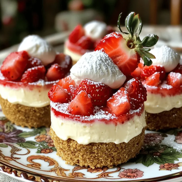 For this no-bake strawberry cheesecake cups, you will need: - 1 cup graham cracker crumbs - 2 tablespoons granulated sugar - 1/2 cup unsalted butter, melted - 1 cup cream cheese, softened - 1/2 cup powdered sugar - 1 teaspoon pure vanilla extract - 1 cup heavy whipping cream - 1 cup fresh strawberries, diced - Additional fresh strawberries, sliced for topping You can swap some ingredients if needed: - Use chocolate cookies instead of graham crackers for a twist. - Swap granulated sugar with brown sugar for a deeper flavor. - Low-fat cream cheese works well if you're watching calories. - Coconut cream can replace heavy cream for a dairy-free option. - If fresh strawberries are not available, try using raspberries or blueberries. When using fresh strawberries, choose ripe ones for the best taste. Look for bright red berries without any green spots. Wash them gently and pat them dry before dicing. If you want to enhance their flavor, sprinkle a little sugar on the diced strawberries and let them sit for about 10 minutes. This draws out the juices and creates a sweet syrup, making your cheesecake cups even more delicious. For the full recipe and step-by-step instructions, check out the [Full Recipe]. To make the crust, start with a mixing bowl. Add 1 cup of graham cracker crumbs and 2 tablespoons of granulated sugar. Pour in 1/2 cup of melted unsalted butter. Mix it well until the crumbs look like wet sand. This will give your crust a great flavor and texture. Next, take about two tablespoons of this crumb mixture and spoon it into each cup. Use your fingers or the back of a spoon to press it down gently. This step helps form a solid base for your cheesecake. For the cream cheese filling, grab another bowl. Beat 1 cup of softened cream cheese with an electric mixer. Keep mixing until it is smooth and creamy. Once it looks good, add 1/2 cup of powdered sugar and 1 teaspoon of pure vanilla extract. Mix until everything is silky and combined. In a separate bowl, whip 1 cup of heavy cream. Use the mixer until stiff peaks form. Be careful not to over-whip it. You want the cream to be light and fluffy. Now, gently fold the whipped cream into the cream cheese mixture. Use a spatula and mix until just combined. This folding keeps the mixture airy. Spoon the cream cheese filling over the crust in each cup. Fill them about three-quarters full. Use the spatula to smooth the tops. Next, top each cup with diced strawberries. Press them gently into the cream cheese layer. This step spreads their flavor throughout the dessert. For the final touch, add a dollop of remaining cream cheese mixture on top. Garnish each cup with a fresh strawberry slice. Now, place the cups in the refrigerator. Chill them for at least 2 hours. This step lets the layers set and enhances the flavors. Enjoy your no-bake strawberry cheesecake cups! For the full recipe, refer to the section above. To get a smooth and creamy filling, make sure your cream cheese is at room temperature. If it’s too cold, it will clump. Use an electric mixer to beat the cream cheese until it is silky. Slowly add in the powdered sugar and vanilla while mixing. This step helps blend everything perfectly. When whipping the heavy cream, stop when you see stiff peaks. Over-whipping makes it grainy. Finally, gently fold the whipped cream into the cream cheese mixture. This keeps it light and fluffy. Serve these cheesecake cups in clear glass dishes. This way, everyone can see the beautiful layers. For a fun twist, try adding a layer of chocolate sauce or a fruit puree. You can also sprinkle crushed graham crackers on top for added crunch. If you want to impress your guests, use fresh mint leaves as a garnish. It adds a nice pop of color and flavor. You’ll need a few basic tools. A mixing bowl is key for combining ingredients. An electric mixer is best for whipping the cream and mixing the filling. Use a spatula to gently fold mixtures together. For serving, small glass cups or jars work wonderfully. They show off the layers and make for a pretty presentation. Lastly, have a measuring cup and spoons on hand for accuracy. Don't forget to check out the Full Recipe to perfect your technique! {{image_4}} You can switch up the flavor of your no-bake cheesecake cups. Try chocolate by adding cocoa powder to the cream cheese mix. For mango, blend fresh mango into the cream cheese before mixing. You can even use lemon zest for a bright, citrusy kick. These simple changes keep your dessert fun and fresh. Want a lighter cheesecake? Use low-fat cream cheese instead of regular cream cheese. You can also swap out heavy cream for Greek yogurt. This keeps the taste rich but lowers the fat. Using honey or agave syrup instead of sugar can add sweetness without the extra calories. Layering is key to a stunning dessert. Start with a crust layer, then add your creamy filling. You can add a layer of fruit between the cream cheese and whipped cream. This adds texture and flavor. For a fun twist, try layering different fillings. You could alternate between plain and flavored mixes. This creates a beautiful, colorful effect in your cups. For the full recipe, check out the [Full Recipe]. To store your no-bake strawberry cheesecake cups, use airtight containers. Place the cups in the fridge right after they set. This keeps them fresh and tasty. If you make them ahead of time, cover each cup with plastic wrap or a lid. This helps avoid any weird smells from other foods in the fridge. These cheesecake cups last in the fridge for about 3 to 5 days. After that, the texture may change. You want to enjoy them when they are at their best. Always check for any signs of spoilage before serving. If you see any mold or the smell seems off, it’s best to throw them away. You can freeze these cheesecake cups if you want to save them for later. First, let them chill in the fridge for at least 2 hours. After that, cover each cup tightly with plastic wrap and foil. This extra layer helps prevent freezer burn. You can freeze them for up to 2 months. When you’re ready to enjoy, take them out and let them thaw in the fridge overnight. Remember, the texture may change a bit after thawing. For the full recipe, check back for more details! No-Bake Strawberry Cheesecake Cups last about three days in the fridge. Store them in an airtight container to keep them fresh. You want to enjoy the creamy texture and berry flavor at their best. After three days, the strawberries may lose their crispness and the filling might not be as fresh. Yes, you can use frozen strawberries. Just make sure to thaw and drain them first. This helps avoid extra moisture in your cups. Frozen strawberries can still taste great and add sweetness. However, fresh strawberries give a better texture and brightness to the dish. If you need a substitute for heavy cream, you can use coconut cream or Greek yogurt. Coconut cream adds a rich flavor, while Greek yogurt keeps it light. You may also mix milk with butter for a quick fix. Use a 3:1 ratio of milk to butter for a creamy texture. Just remember, these swaps may change the overall taste slightly. You learned how to make no-bake strawberry cheesecake cups. We covered ingredients, tips, and storage methods. Remember to choose fresh berries for the best taste. Use my tips for a creamy texture and fun flavor twists. Store them right to enjoy later. With these steps, you can craft a delicious treat easily. Embrace your creativity, and have fun making these cheesecake cups!