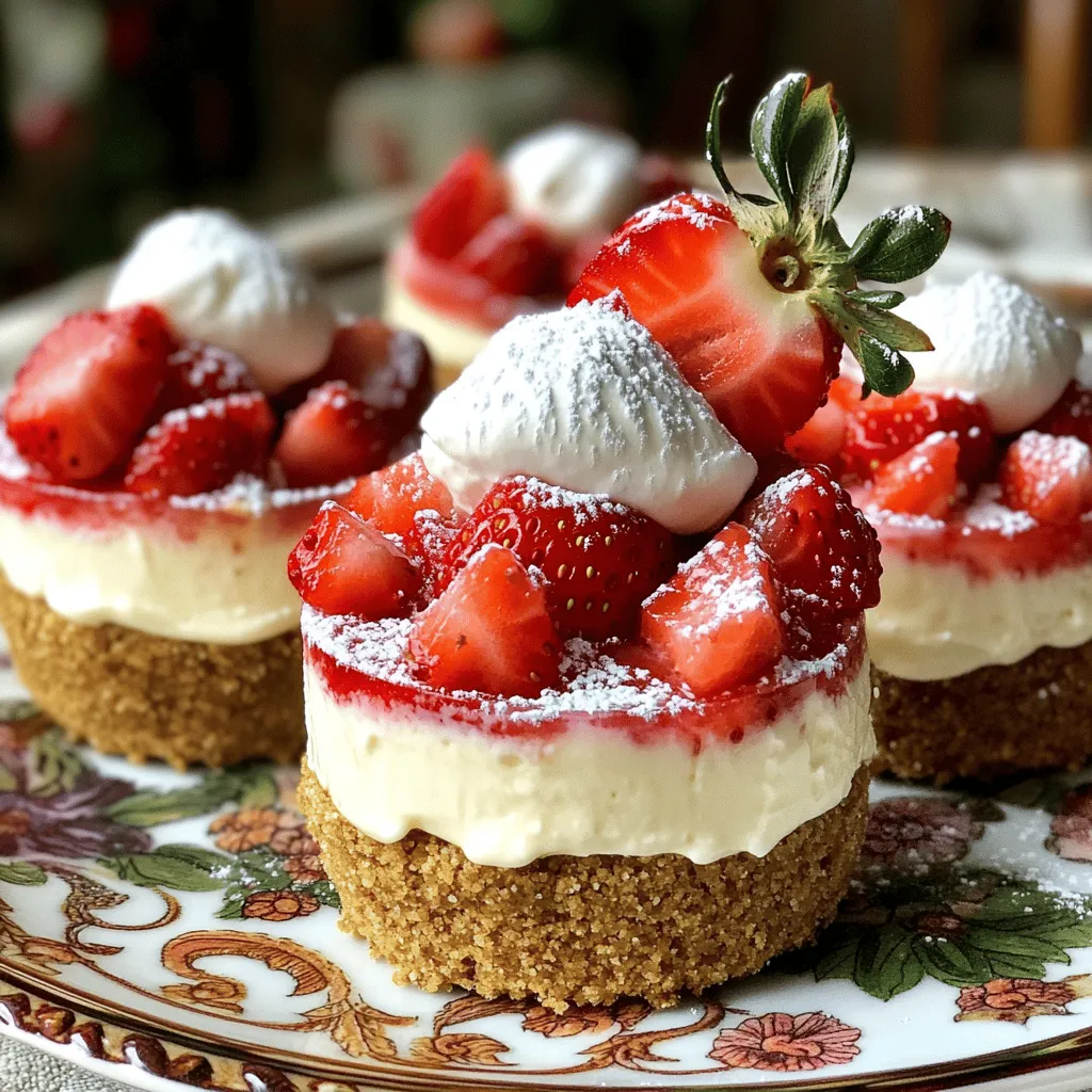 For this no-bake strawberry cheesecake cups, you will need: - 1 cup graham cracker crumbs - 2 tablespoons granulated sugar - 1/2 cup unsalted butter, melted - 1 cup cream cheese, softened - 1/2 cup powdered sugar - 1 teaspoon pure vanilla extract - 1 cup heavy whipping cream - 1 cup fresh strawberries, diced - Additional fresh strawberries, sliced for topping You can swap some ingredients if needed: - Use chocolate cookies instead of graham crackers for a twist. - Swap granulated sugar with brown sugar for a deeper flavor. - Low-fat cream cheese works well if you're watching calories. - Coconut cream can replace heavy cream for a dairy-free option. - If fresh strawberries are not available, try using raspberries or blueberries. When using fresh strawberries, choose ripe ones for the best taste. Look for bright red berries without any green spots. Wash them gently and pat them dry before dicing. If you want to enhance their flavor, sprinkle a little sugar on the diced strawberries and let them sit for about 10 minutes. This draws out the juices and creates a sweet syrup, making your cheesecake cups even more delicious. For the full recipe and step-by-step instructions, check out the [Full Recipe]. To make the crust, start with a mixing bowl. Add 1 cup of graham cracker crumbs and 2 tablespoons of granulated sugar. Pour in 1/2 cup of melted unsalted butter. Mix it well until the crumbs look like wet sand. This will give your crust a great flavor and texture. Next, take about two tablespoons of this crumb mixture and spoon it into each cup. Use your fingers or the back of a spoon to press it down gently. This step helps form a solid base for your cheesecake. For the cream cheese filling, grab another bowl. Beat 1 cup of softened cream cheese with an electric mixer. Keep mixing until it is smooth and creamy. Once it looks good, add 1/2 cup of powdered sugar and 1 teaspoon of pure vanilla extract. Mix until everything is silky and combined. In a separate bowl, whip 1 cup of heavy cream. Use the mixer until stiff peaks form. Be careful not to over-whip it. You want the cream to be light and fluffy. Now, gently fold the whipped cream into the cream cheese mixture. Use a spatula and mix until just combined. This folding keeps the mixture airy. Spoon the cream cheese filling over the crust in each cup. Fill them about three-quarters full. Use the spatula to smooth the tops. Next, top each cup with diced strawberries. Press them gently into the cream cheese layer. This step spreads their flavor throughout the dessert. For the final touch, add a dollop of remaining cream cheese mixture on top. Garnish each cup with a fresh strawberry slice. Now, place the cups in the refrigerator. Chill them for at least 2 hours. This step lets the layers set and enhances the flavors. Enjoy your no-bake strawberry cheesecake cups! For the full recipe, refer to the section above. To get a smooth and creamy filling, make sure your cream cheese is at room temperature. If it’s too cold, it will clump. Use an electric mixer to beat the cream cheese until it is silky. Slowly add in the powdered sugar and vanilla while mixing. This step helps blend everything perfectly. When whipping the heavy cream, stop when you see stiff peaks. Over-whipping makes it grainy. Finally, gently fold the whipped cream into the cream cheese mixture. This keeps it light and fluffy. Serve these cheesecake cups in clear glass dishes. This way, everyone can see the beautiful layers. For a fun twist, try adding a layer of chocolate sauce or a fruit puree. You can also sprinkle crushed graham crackers on top for added crunch. If you want to impress your guests, use fresh mint leaves as a garnish. It adds a nice pop of color and flavor. You’ll need a few basic tools. A mixing bowl is key for combining ingredients. An electric mixer is best for whipping the cream and mixing the filling. Use a spatula to gently fold mixtures together. For serving, small glass cups or jars work wonderfully. They show off the layers and make for a pretty presentation. Lastly, have a measuring cup and spoons on hand for accuracy. Don't forget to check out the Full Recipe to perfect your technique! {{image_4}} You can switch up the flavor of your no-bake cheesecake cups. Try chocolate by adding cocoa powder to the cream cheese mix. For mango, blend fresh mango into the cream cheese before mixing. You can even use lemon zest for a bright, citrusy kick. These simple changes keep your dessert fun and fresh. Want a lighter cheesecake? Use low-fat cream cheese instead of regular cream cheese. You can also swap out heavy cream for Greek yogurt. This keeps the taste rich but lowers the fat. Using honey or agave syrup instead of sugar can add sweetness without the extra calories. Layering is key to a stunning dessert. Start with a crust layer, then add your creamy filling. You can add a layer of fruit between the cream cheese and whipped cream. This adds texture and flavor. For a fun twist, try layering different fillings. You could alternate between plain and flavored mixes. This creates a beautiful, colorful effect in your cups. For the full recipe, check out the [Full Recipe]. To store your no-bake strawberry cheesecake cups, use airtight containers. Place the cups in the fridge right after they set. This keeps them fresh and tasty. If you make them ahead of time, cover each cup with plastic wrap or a lid. This helps avoid any weird smells from other foods in the fridge. These cheesecake cups last in the fridge for about 3 to 5 days. After that, the texture may change. You want to enjoy them when they are at their best. Always check for any signs of spoilage before serving. If you see any mold or the smell seems off, it’s best to throw them away. You can freeze these cheesecake cups if you want to save them for later. First, let them chill in the fridge for at least 2 hours. After that, cover each cup tightly with plastic wrap and foil. This extra layer helps prevent freezer burn. You can freeze them for up to 2 months. When you’re ready to enjoy, take them out and let them thaw in the fridge overnight. Remember, the texture may change a bit after thawing. For the full recipe, check back for more details! No-Bake Strawberry Cheesecake Cups last about three days in the fridge. Store them in an airtight container to keep them fresh. You want to enjoy the creamy texture and berry flavor at their best. After three days, the strawberries may lose their crispness and the filling might not be as fresh. Yes, you can use frozen strawberries. Just make sure to thaw and drain them first. This helps avoid extra moisture in your cups. Frozen strawberries can still taste great and add sweetness. However, fresh strawberries give a better texture and brightness to the dish. If you need a substitute for heavy cream, you can use coconut cream or Greek yogurt. Coconut cream adds a rich flavor, while Greek yogurt keeps it light. You may also mix milk with butter for a quick fix. Use a 3:1 ratio of milk to butter for a creamy texture. Just remember, these swaps may change the overall taste slightly. You learned how to make no-bake strawberry cheesecake cups. We covered ingredients, tips, and storage methods. Remember to choose fresh berries for the best taste. Use my tips for a creamy texture and fun flavor twists. Store them right to enjoy later. With these steps, you can craft a delicious treat easily. Embrace your creativity, and have fun making these cheesecake cups!