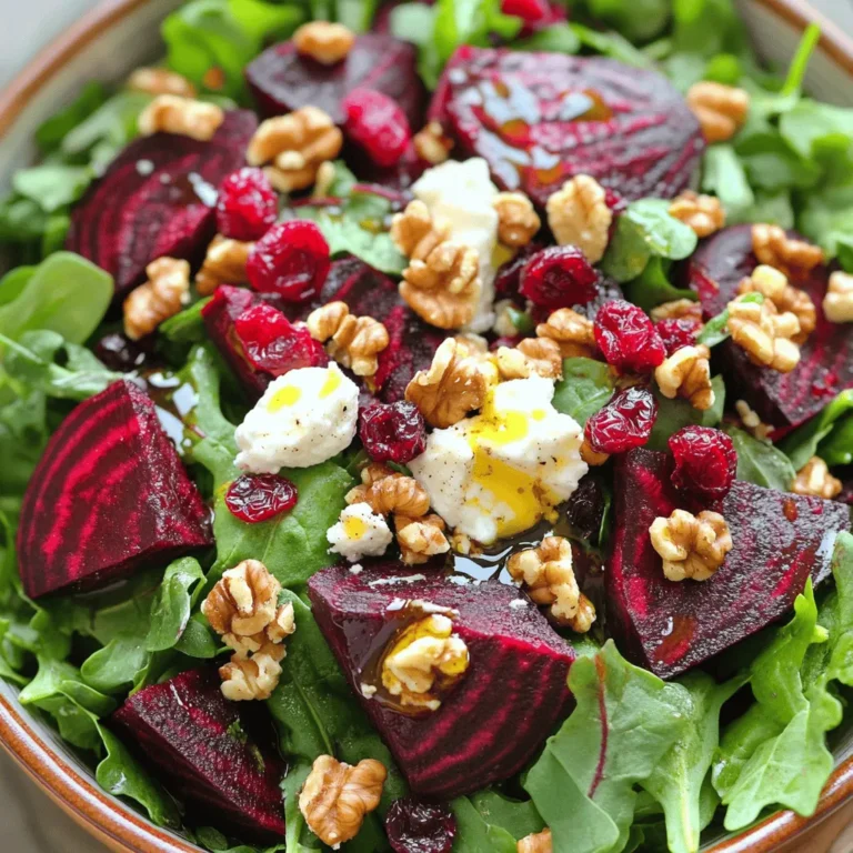 - 3 medium-sized beets, thoroughly scrubbed to remove dirt - 4 cups of mixed salad greens (a blend of arugula, spinach, and romaine for texture) - 1/2 cup goat cheese, crumbled into small pieces - 1/4 cup walnuts, toasted and roughly chopped for a crunchy contrast - 1/4 cup dried cranberries for a sweet burst of flavor - 2 tablespoons extra virgin olive oil - 1 tablespoon aged balsamic vinegar for depth - 1 teaspoon Dijon mustard to add tang - Salt and freshly ground black pepper to taste - Fresh herbs for garnish (such as chopped parsley or finely sliced chives) When measuring, use a dry measuring cup for solid ingredients like walnuts and cranberries. For liquids, a liquid measuring cup works best. Make sure to level off dry ingredients for accuracy. This helps you get the right taste and texture. Choose fresh, firm beets. Look for greens that are vibrant and crisp. For goat cheese, select a soft, creamy variety. Fresh herbs should be fragrant and bright. High-quality olive oil and balsamic vinegar make a big difference in flavor. This salad shines when you use the best ingredients. For the full recipe, check out the details above. To start, preheat your oven to 400°F (200°C). This heat helps the beets cook well. Take 3 medium-sized beets and scrub them clean to remove dirt. Wrap each beet in aluminum foil. This keeps them moist while roasting. Place the wrapped beets on a baking sheet. Roast them for 45 to 60 minutes. They are done when a fork can pierce them easily. After roasting, let them cool for a few minutes. Unwrap, peel off the skin, and cut them into wedges. In a large bowl, mix the roasted beet wedges with 4 cups of mixed salad greens. I love using arugula, spinach, and romaine for varied texture. Next, add 1/2 cup of crumbled goat cheese for creaminess. For crunch, toss in 1/4 cup of toasted walnuts. Finally, sprinkle in 1/4 cup of dried cranberries for a sweet touch. This mixture looks colorful and inviting. In a small bowl, whisk together 2 tablespoons of extra virgin olive oil and 1 tablespoon of aged balsamic vinegar. Add 1 teaspoon of Dijon mustard to give it a nice tang. Season it with salt and freshly ground black pepper to taste. Mix until all ingredients blend well. Drizzle the dressing over the salad. Toss gently so that the beets and cheese stay intact. Taste and adjust the seasoning if needed. Serve on a platter or individual plates, and garnish with fresh herbs for a beautiful finish. Enjoy this delicious and healthy dish! For the complete recipe, refer to the Full Recipe. Roasting beets is easy. Start by preheating your oven to 400°F. Wrap each beet in foil. This helps them cook evenly. Roast for 45 to 60 minutes until they’re soft. A fork should slide in with ease. Let them cool before peeling. The skin comes off easily when they are warm. This salad is great as a meal or a side. Serve it with grilled chicken or fish for protein. You can even add chickpeas for a plant-based option. Pair it with crusty bread for a complete meal. This dish shines at dinner parties or casual lunches. Presentation matters in cooking. Use a shallow bowl or a large platter for a stunning look. Start with greens, then add beet wedges. Sprinkle goat cheese and walnuts on top. Add a few dried cranberries for color. Finish with fresh herbs, like parsley or chives. This creates a bright and inviting dish that everyone will love. Check out the Full Recipe for more details on making this delightful salad! {{image_4}} To make your roasted beet goat cheese salad even more filling, you can add protein. Grilled chicken is an easy choice. It adds flavor and heartiness. You can also use chickpeas for a plant-based option. They add great texture and nutrition. If you like seafood, try adding shrimp or smoked salmon. Each protein brings a new twist to your dish. While the balsamic dressing is delicious, you can mix things up. A honey mustard dressing pairs well with the sweet beets. For a creamier option, try a yogurt-based dressing. You could even use a simple lemon vinaigrette for a fresh taste. Each dressing will change the flavor profile and keep things exciting. This salad is versatile! In spring, you might add fresh peas or asparagus. In summer, ripe tomatoes or cucumbers can brighten the dish. Fall brings apples or pears, adding sweetness and crunch. In winter, consider using roasted squash or pomegranate seeds for color and flavor. These swaps keep your salad fresh and aligned with the season. To keep your roasted beet goat cheese salad fresh, store it in an airtight container. Make sure to separate the dressing from the salad to prevent sogginess. You can keep the salad in the fridge for up to three days. If you want to enjoy it later, store the leftovers without the dressing. This way, the flavors stay bright and fresh. Understanding how long your ingredients last can help prevent waste. Here’s a quick guide: - Roasted Beets: Last about 5 days in the fridge when stored properly. - Mixed Greens: Usually stay fresh for 3 to 5 days if kept cool and dry. - Goat Cheese: Can last up to a week after opening, but check for any signs of spoilage. - Walnuts: Store in an airtight container. They stay fresh for about 1 month. - Dried Cranberries: These can last up to a year if kept in a cool, dry place. Typically, you won’t need to reheat this salad. It tastes best cold. If you do want to warm it slightly, use a microwave. Heat on low for about 10-15 seconds. Be careful not to overdo it, as it may change the texture and flavor. Enjoy your salad fresh for the best experience! For the full recipe, check out the section above. Yes, you can use canned beets. They save time and are easy to find. However, fresh roasted beets give a better taste and texture. Canned beets may be softer and less vibrant. If you choose canned beets, rinse them under cold water to remove excess brine. Slice them into wedges and add them directly to your salad. If you need a substitute for goat cheese, try feta or ricotta cheese. Feta has a similar tangy flavor. Ricotta is creamier and milder. You can also use dairy-free cheese for a different taste. Cream cheese can work too, but it is denser. Choose based on your flavor preference and dietary needs. To make this salad vegan, skip the goat cheese. Replace it with vegan cheese or avocado for creaminess. Use maple syrup or agave in the dressing instead of honey. Check that your balsamic vinegar is vegan, as some brands may add honey. This way, you keep all the flavors while making it plant-based. You can find the full recipe here: [Full Recipe]. In this post, I covered how to create a delicious beet salad. We explored the best ingredients, measuring tips, and quality recommendations. You learned step-by-step instructions for prepping beets, assembling the salad, and making the dressing. I shared tips for perfect roasting, serving, and presentation. We also discussed variations like protein options and seasonal swaps. Lastly, I provided storage info and answered common questions. Enjoy crafting your own unique beet salad, and let your creativity shine!