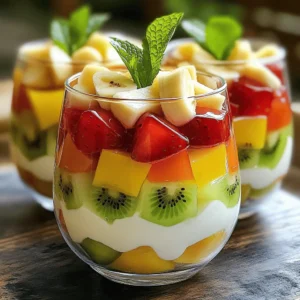 - 2 cups mixed fruits (bananas, apples, strawberries, kiwi) - 2 cups milk (divided) - ½ cup sugar (to taste) - 2 tablespoons custard powder - 1 teaspoon vanilla extract - 1 packet (85g) flavored jelly (strawberry or mango) - 1 ½ cups hot water - Fresh mint leaves (for garnish) - You can mix and match fruits. Try berries, peaches, or mango for fun. - Use honey or agave instead of sugar for a healthier dessert. - Explore different jelly flavors like orange, grape, or even coconut for variety. Fruit custard and jelly can easily change to fit your taste. Get creative with what you have. The goal is to enjoy every colorful layer! To make the jelly, start by dissolving the jelly powder. Pour 1 ½ cups of hot water into a bowl. Add the jelly powder and stir for about two minutes. You want to mix it well until it is fully dissolved. Then, pour the mixture into a shallow dish. Place it in the refrigerator. Let it set for about 1-2 hours. It should be firm when ready. Next, let’s make the custard. In a medium saucepan, combine 1 cup of milk and the sugar. Heat this mixture over medium heat. Stir occasionally until the milk is warm, but not boiling. This takes about 3-5 minutes. In a separate small bowl, whisk together the remaining cup of milk and the custard powder. Mix until you have a smooth paste. When the milk mixture is warm, slowly add the custard mixture while whisking. This helps avoid lumps. Now, continue to cook the custard over low to medium heat. Stir continuously as it cooks. Keep an eye on it until it thickens. It should coat the back of a spoon. Once thickened, remove it from heat and stir in the vanilla extract. Let the custard cool for about 10-15 minutes. Now, let’s assemble our dessert. First, take the set jelly and cut it into small cubes. Grab serving glasses and start by layering a few pieces of diced mixed fruits at the bottom. Next, add a layer of your creamy custard. Then, add a layer of the jelly cubes. Repeat these layers until the glasses are filled. Ensure you have a final layer of jelly on top. This gives a nice look. To make it even better, place the layered desserts back in the fridge for 30 minutes. This helps them firm up. Before serving, add a few fresh mint leaves on top for a pop of color. For the complete recipe, check out the Full Recipe. How do you avoid lumps in custard? Start with cold milk. Whisk the custard powder into the cold milk first. This creates a smooth paste. Then, add this mixture to your warm milk and sugar. Stir constantly. This will help you avoid lumps. What cooking temperature should you use to prevent scorching? Cook the custard over medium to low heat. Stir it often. If you notice it thickening too quickly, lower the heat. Keep an eye on it. This way, you prevent burning and achieve a silky texture. How can you ensure the jelly sets properly? Use the right amount of hot water. Follow the instructions on the package closely. Stir the jelly powder until it fully dissolves. Pour it into a shallow dish for quicker setting. This helps it set evenly. What tips can you use to incorporate different flavors into jelly? Experiment with fruit juices instead of water. You can also add fresh fruit pieces. This adds both taste and texture. Try different flavored jelly powders for variety. Mixing flavors keeps your dessert fun! What are some creative ways to present the dessert? Use clear glasses to show off the layers. You can also use mason jars for a rustic look. Layer the fruits, custard, and jelly artfully. This makes it visually appealing and fun to eat. What are some recommended garnishes and accompaniments? Fresh mint leaves add color and flavor. You could also add a sprinkle of nuts for crunch. Serve with whipped cream on the side for extra creaminess. These touches elevate your dessert to the next level. For the full recipe and more tips, check out the Fruity Delight Custard & Jelly. {{image_4}} For a fun twist, mix different seasonal fruits. You can use: - Bananas - Apples - Strawberries - Kiwi Each fruit adds unique flavors and colors. You can also combine crunchy fruits like apples or pears with soft ones like bananas or berries. This mix gives your dessert varied textures. It makes each spoonful exciting! Try different flavored gels to switch things up. You can use store-bought jelly in flavors like: - Strawberry - Mango If you want a fun project, try making your own jelly. Use fruit juices and gelatin to create unique flavors. You can also layer different flavors for a beautiful effect. Each layer can surprise your taste buds! For those with dietary needs, you can make this dessert work for you. To create a gluten-free version, ensure your custard powder is gluten-free. For vegans, you can use plant-based milk and vegan gelatin. If you want to cut sugar, try using natural sweeteners like honey or agave syrup. You can also look for sugar-free jelly options. These changes make the dessert healthier without losing flavor. For the Full Recipe, refer to the earlier sections. Enjoy experimenting with these variations! To keep your fruit custard and jelly fresh, store leftovers properly. Place any extra custard and jelly layers in airtight containers. This helps preserve their taste and prevent odors from mixing. Use glass or plastic containers with tight-fitting lids. They protect your dessert and allow easy visibility of your colorful layers. Each component has a different shelf life. The custard can last up to three days in the fridge. The jelly stays fresh for about five days. Look for signs that they have gone bad. If the custard smells sour or has an off texture, it’s best to toss it. For jelly, check for unusual colors or an odd smell. You can freeze the assembled dessert, but keep in mind that the texture may change. If you choose to freeze it, wrap each serving in plastic wrap, then place it in a freezer-safe container. This helps prevent freezer burn. When ready to eat, thaw in the fridge overnight for the best results. Enjoy the fruity layers fresh! You can use many fruits in fruit custard. I love using bananas, strawberries, apples, and kiwi. Their flavors mix well. You can also try mangoes, peaches, or berries for a twist. Make sure the fruits are ripe and sweet. This adds freshness to your dessert. The mix of textures makes it more fun to eat! Yes, you can! For a dairy-free custard, use almond milk, oat milk, or coconut milk. These options work great instead of regular milk. For custard powder, look for plant-based versions or cornstarch. This will help thicken your custard. You can also find flavored jelly that is dairy-free. Always check the labels to be sure. Jelly usually takes 1 to 2 hours to set in the fridge. The time can change based on your fridge's temperature. For best results, use the instructions on the packet. If your jelly is thick, it may take a bit longer to set. Always remember to check if it is firm before using it in your dessert. Absolutely! Homemade custard and jelly can add even more flavor. Making your own gives you control over ingredients. You can adjust sweetness and flavor to your liking. Follow your favorite recipes for custard and jelly. Just let them cool before layering them in your dessert. Using homemade versions can make your fruit custard and jelly even more special. For the full recipe, check here. This article covered how to make a delightful fruit custard dessert. You learned about required ingredients, from mixed fruits to flavored jelly. I shared step-by-step instructions for preparing both jelly and custard. We explored tips for perfect layers, serving ideas, and variations suited for different diets. Finally, I gave storage options to keep your dessert fresh. Now, you have all the tools. Enjoy creating your own tasty fruit custard. Experiment with flavors and have fun sharing your creations!