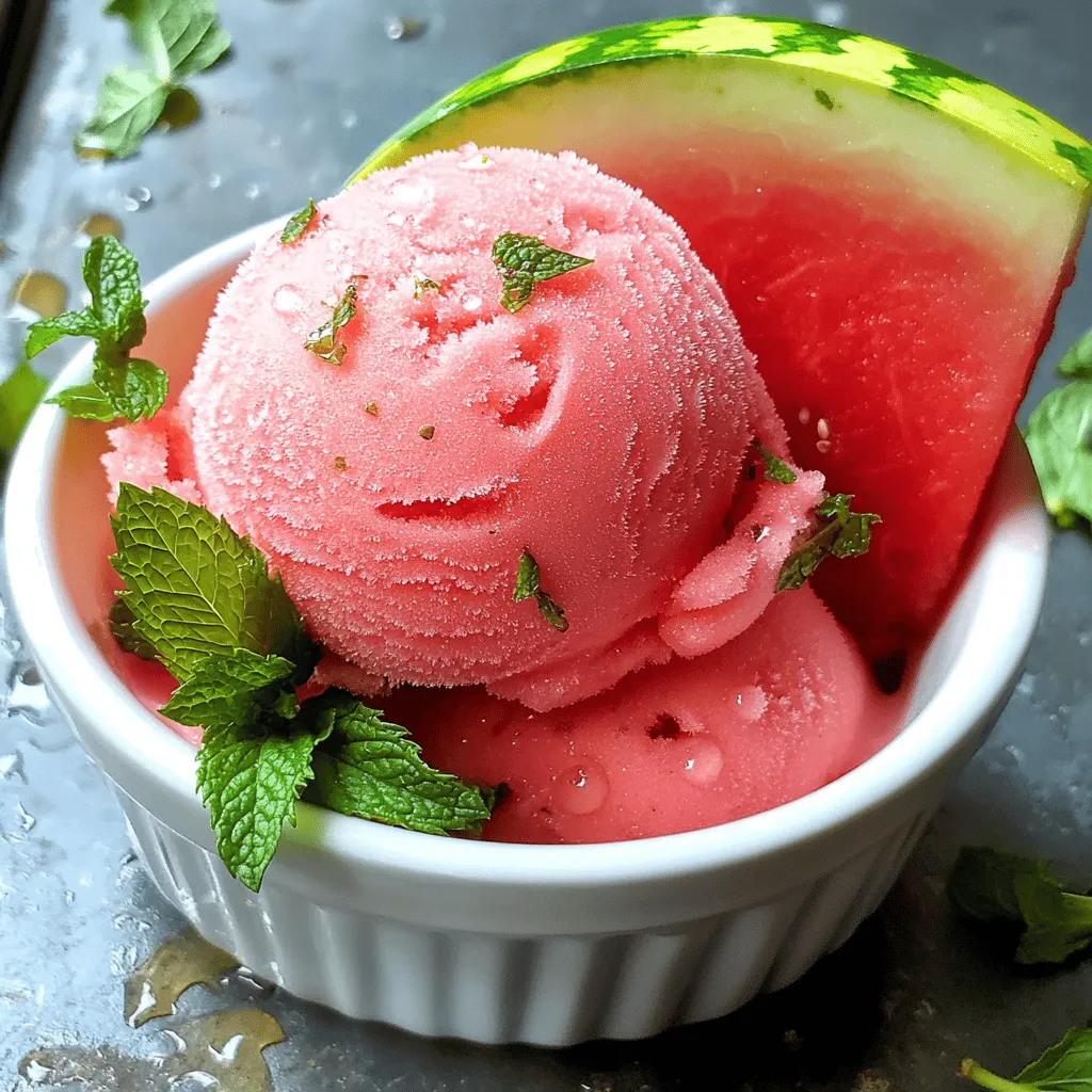 - 4 cups seedless watermelon, cut into cubes and frozen - 1/4 cup honey or agave syrup - 1 tablespoon freshly squeezed lime juice - A pinch of sea salt The main ingredient is watermelon. Choose a ripe one for the best flavor. Cut it into small cubes and freeze them. This gives the sorbet its cold and refreshing texture. Next, add honey or agave syrup. This sweetens the sorbet. You can adjust the amount based on your taste. Lime juice adds a zesty kick. It brightens up the flavor. Finally, a pinch of sea salt enhances the sweetness. It makes all the flavors pop! - Fresh mint for garnish - Additional fruits for blending Fresh mint adds a nice touch. It gives the sorbet a cool flavor and looks great on top. You can also mix in other fruits. Berries or tropical fruits like mango work well. They create fun new flavors. For the full recipe, check out the details above. Enjoy making this refreshing treat! First, I pick a ripe, seedless watermelon. Look for one that feels heavy for its size. It should have a deep color and a dull spot where it rested on the ground. Next, I cut the watermelon into bite-sized cubes. I make sure to remove any seeds. Then, I spread the cubes on a baking sheet in a single layer. This step is key. I freeze the cubes for at least 4 hours until they are solid. Now, it’s time to blend. I take the frozen watermelon cubes and put them in a high-speed blender. I add 1/4 cup of honey or agave syrup, 1 tablespoon of fresh lime juice, and a pinch of sea salt. I blend on high speed until the mixture is smooth and creamy. I often pause to scrape down the sides with a spatula. This ensures everything blends well. After blending, I taste the sorbet. If I want it sweeter, I add more honey or agave syrup. Then, I blend it again briefly. Next, I spoon the mixture into a shallow dish. I smooth the surface and cover it. I freeze it for 1 to 2 hours to make it firmer. Once ready, I scoop out servings and serve them in chilled bowls or cones. I love to garnish each serving with fresh mint or a slice of watermelon. For the full recipe, check the earlier section. Start with frozen watermelon. This step is key. Fully frozen cubes blend well. If the watermelon is soft, the sorbet won't be smooth. Use a high-speed blender. This helps create a silky texture. You may need to scrape the sides while blending. This ensures all ingredients mix well. Sweetness is important in your sorbet. The natural sugar in watermelon varies. Taste your sorbet after blending. If it needs more sweetness, add more honey or agave syrup. Just blend again to mix it in. You can also try maple syrup or stevia. Each sweetener adds a unique flavor. Serve your watermelon sorbet in chilled bowls. This keeps it cold longer. For a fun twist, use ice cream cones. Garnish with fresh mint leaves for color. You can also add a slice of lime or watermelon on the side. These details make your dish pop! Explore different ways to serve and enjoy! {{image_4}} You can boost your sorbet with other fruits. Try adding berries like strawberries or blueberries. Citrus is another great choice. A splash of lemon or orange juice brightens the flavor. You can also infuse fresh herbs into the mix. Basil or mint adds a cool twist to the sweet sorbet. Just chop the herbs finely and blend them with the watermelon. This little change can bring a new life to your dessert. For a vegan twist, use alternative sweeteners. Maple syrup or agave nectar works well. You can even skip the sweeteners for a natural taste. If you want a different tang, swap lime juice for lemon or orange juice. This keeps your sorbet light and fresh. Both options are tasty and healthy, perfect for any diet. Get creative with how you serve your sorbet. You can make popsicles by pouring the mixture into molds. This is fun for kids and adults alike. Another idea is to create sorbet floats. Pour sparkling water or lemon-lime soda over a scoop of sorbet. This fizzy treat is a real crowd-pleaser. It adds a fun twist to your summer dessert. For the Full Recipe, check back on the main article. To store your watermelon sorbet, use airtight containers. A good option is a glass or plastic container with a tight lid. This keeps air out and preserves flavor. To avoid ice crystals, freeze it in a flat layer. This helps it freeze faster and more evenly. Your watermelon sorbet stays fresh for about two weeks. After that, it may lose some flavor and texture. Signs of freezer burn include ice crystals on the surface and a dry texture. If you see these signs, it's best to toss it out. When you're ready to serve, take the sorbet out of the freezer. Let it sit at room temperature for about 5 to 10 minutes. This softens it for easier scooping. Avoid letting it melt and then refreeze. Doing this can change the texture and make it grainy. Yes, you can make watermelon sorbet without a blender. You can use a fork to mash frozen watermelon cubes. This takes more time and effort. It also requires a lot of patience to achieve a smooth texture. If you want a creamier sorbet, a blender or food processor works best. You can use agave syrup, maple syrup, or even sugar. Adjust the amount based on your taste. Each sweetener adds a slightly different flavor. Experiment to find what you like best! Store leftover sorbet in an airtight container. Make sure to press down the sorbet to remove air pockets. This helps prevent ice crystals from forming. You can keep it in the freezer for about two weeks. If you want a sweeter sorbet, add more honey or agave syrup. Blend the mixture again to mix it well. Taste it after blending to check the sweetness. Adjust until it is just right for you. Absolutely! You can mix in berries, mango, or even citrus fruits. Just blend them with the watermelon. This adds new flavors and fun colors to your sorbet. The sorbet needs about 1-2 hours in the freezer after blending. This helps it firm up nicely. You can freeze it longer if you prefer a firmer texture. Yes, using frozen watermelon is a great idea! It makes the sorbet cold and refreshing right away. Just make sure the watermelon is seedless and cut into cubes. Serve the sorbet in chilled bowls or cones. You can garnish it with fresh mint or a slice of watermelon. This adds a nice touch and makes it look fancy! Yes, watermelon sorbet can be a healthy treat! It is low in calories and full of water. Just be careful with the sweeteners added. Enjoy it in moderation for a refreshing summer snack! You can create a delicious watermelon sorbet with just a few simple steps. We covered the key ingredients, including frozen watermelon, honey, and lime juice. I shared tips on texture and sweetness to help you customize your mix. You also learned about fun variations and storage tips to keep your sorbet fresh. In the end, this treat is easy to make and fun to enjoy. Try your own flavors and share it with friends. You'll love how refreshing it is!