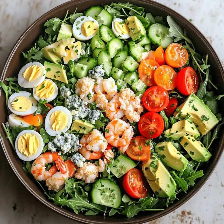 When making a Seafood Cobb Salad, you want the freshest ingredients. Here’s what you need: - 1 cup mixed salad greens (arugula, spinach, and romaine) - 1 cup cooked shrimp, peeled and deveined - 1 cup crab meat (fresh or canned) - 2 hard-boiled eggs, chopped - ½ cup cherry tomatoes, halved - ½ avocado, diced - ¼ cup blue cheese, crumbled - ¼ cup cucumber, diced - 3 tablespoons extra virgin olive oil - 1 tablespoon fresh lemon juice - Salt and freshly ground black pepper, to taste - Fresh herbs (chives and parsley), chopped, for garnish This salad is not just tasty; it offers many health benefits. Seafood provides lean protein, which helps build muscles. Shrimp and crab are low in calories but high in nutrients. They contain omega-3 fatty acids, which are good for your heart. The mixed greens add vitamins A and C, which boost your immune system. They also give fiber, aiding digestion. Avocado brings healthy fats, helping you feel full. Using fresh ingredients enhances the flavors and gives you the best taste. So, try to use what’s in season. You'll enjoy a seafood salad that’s fresh, flavorful, and good for you. For the full recipe, check out the vibrant Seafood Cobb Salad! - First, rinse and dry your mixed salad greens. This keeps them crisp and fresh. - Next, arrange the cooked shrimp and crab meat nicely on the greens. Space them out for a great look. - Now, prepare the vinaigrette. In a small bowl, mix olive oil, lemon juice, salt, and pepper. Whisk well until it's combined. - You can layer the salad or toss it gently. Layering shows off the colors well. Tossing mixes the flavors for every bite. - For serving, consider using individual bowls. This adds a nice touch and makes it easy for guests. - To ensure the seafood is cooked perfectly, use fresh shrimp and crab. Cook shrimp just until they turn pink. - For the best flavor, mix the dressing just before serving. This keeps the ingredients bright and fresh. These steps will help you create a Seafood Cobb Salad that is a vibrant and tasty delight. For the full recipe, check the earlier section. When making a Seafood Cobb Salad, choosing your seafood matters. Fresh seafood tastes best, but canned options can work in a pinch. Look for shrimp that smells like the ocean and crab meat that is sweet and light. When you want to switch things up, try using lobster or scallops for added richness. Both options bring unique flavors to your salad. How you plate your salad can make a big difference. Start by using a large, shallow bowl. This helps display the colors. Layer your seafood and veggies in sections for a stunning look. You can also use individual bowls for each guest. Add a sprinkle of fresh herbs on top to brighten the dish. Chives and parsley not only taste great but also add a pop of green. One common mistake is overdressing the salad. Too much dressing can drown the fresh flavors. Use just enough to coat the ingredients lightly. Another mistake is not balancing flavors. Make sure to mix a variety of textures and tastes. The creaminess of the avocado should balance the tang of the blue cheese. With these tips, your Seafood Cobb Salad will shine! {{image_4}} You can mix seafood in many ways. For a tasty twist, try shrimp and crab. This combo offers great flavors and textures. Shrimp brings a sweet taste, while crab adds a rich, savory note. You can also choose a lobster and salmon option. Lobster gives luxury, while salmon adds heartiness. Both pair well with fresh greens and dressing. Not everyone eats the same way. You can make this salad gluten-free. Just check that your dressing and blue cheese are gluten-free. For a vegetarian alternative, use tofu instead of seafood. Marinate the tofu in lemon juice and spices to add flavor. It holds up well in salads and gives protein. Freshness makes a big difference. Use seasonal vegetables for the best taste. Spring brings peas and radishes, while summer offers tomatoes and cucumbers. In fall, consider roasted squash or Brussels sprouts. Adding fruits can brighten the dish, too. Try apples in the fall or berries in the summer for a sweet twist. This will keep your Seafood Cobb Salad fresh and exciting every season. Check out the Full Recipe to explore all the delightful ways to make this salad shine! To keep your Seafood Cobb Salad fresh, refrigerate leftovers right away. Store them in an airtight container. This helps maintain flavor and texture. Use glass or BPA-free plastic containers for the best results. Avoid stacking heavy items on top. They can crush your salad and ruin the look. You can freeze some salad components but not the entire salad. Seafood like shrimp and crab can be frozen. Place them in a freezer-safe bag. Squeeze out the air to prevent freezer burn. For thawing, move them to the fridge overnight. Reheat seafood gently to maintain its flavor and texture. In the fridge, your Seafood Cobb Salad lasts about 2-3 days. The greens may wilt or get soggy after a day. Check for any off smells or discoloration. If you see these signs, it’s best to toss it out. Fresh ingredients are key for a vibrant salad experience. If you want to change the blue cheese, try feta or goat cheese. Both offer a nice flavor. For a non-dairy option, use cashew cheese or nutritional yeast. These will add a creamy texture without dairy. To make your Seafood Cobb Salad more filling, add grains like quinoa or farro. These grains add fiber and protein. You can also enhance protein by adding more seafood or beans. Chickpeas work well too. Yes, you can make the salad ahead of time. To keep it fresh, prep the ingredients but store them separately. Keep the dressing in a small jar. This way, it stays crisp and tasty until you serve it. This Seafood Cobb Salad offers fresh ingredients, rich flavors, and great nutrition. You learned about each component, from the mix of shrimp and crab to the benefits of greens and seafood. Expert tips helped prevent common mistakes and enhance your presentation. Consider trying different seafood or seasonal veggies for fun twists. With proper storage, you can enjoy this salad multiple times. Embrace these ideas, and enjoy your tasty and healthy Seafood Cobb Salad!