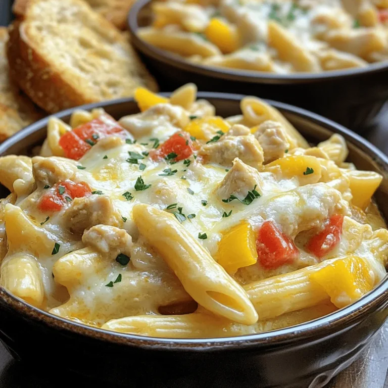 Here’s what you need to make cheesy chicken pasta. This recipe is simple and fun. Each ingredient adds to the flavor and creaminess of the dish. - 2 cups of your favorite pasta (penne or fusilli recommended) - 1 pound (450g) boneless, skinless chicken breast, diced into bite-sized pieces - 1 tablespoon extra virgin olive oil - 1 cup fresh bell peppers, diced (red and yellow for color) - 1 small onion, finely diced - 2 cloves of garlic, minced - 1 teaspoon Italian seasoning - 1 teaspoon smoked paprika for a subtle kick - 1 cup heavy cream for richness - 1 ½ cups shredded mozzarella cheese, plus extra for garnish - ½ cup grated Parmesan cheese for depth of flavor - Salt and freshly cracked pepper to taste - Fresh parsley, chopped for a burst of color and freshness Each ingredient plays a key role. The chicken gives protein. The cheeses create that gooey texture we all love. The spices and vegetables add freshness and color. Make sure to gather these before you start cooking! For the full recipe, check out Cheesy Chicken Pasta Delight. To start, I boil a large pot of salted water. I add 2 cups of my favorite pasta, usually penne or fusilli. I cook it until al dente, which takes about 8-10 minutes. After it's done, I reserve a cup of pasta water and then drain the rest. Next, I heat 1 tablespoon of olive oil in a skillet over medium heat. I add 1 pound of diced chicken breast to the skillet. I season it with salt, pepper, and a teaspoon of smoked paprika. I cook the chicken until it turns golden brown, about 5-7 minutes. Once the chicken is cooked, I add 1 small diced onion and 2 minced garlic cloves. I stir and cook until the onion is soft and clear, which takes about 3 minutes. Then, I add 1 cup of diced bell peppers and let them cook for another 2-3 minutes. I pour in 1 cup of heavy cream and stir well. Next, I gradually add 1 ½ cups of shredded mozzarella and ½ cup of grated Parmesan cheese. I keep stirring until the cheese melts and forms a creamy sauce. If it looks too thick, I add some reserved pasta water until it’s just right. Finally, I toss in the cooked pasta, mixing it all together until every piece is coated. To make the best cheesy chicken pasta, cook your pasta until it is al dente. Al dente pasta has a slight bite, which gives the dish a nice texture. Follow the package instructions carefully. Usually, this takes about 8 to 10 minutes. Don't forget to save some pasta water. This water can help you adjust the sauce later. When it comes to seasoning, don't hold back! Salt and pepper help bring out the flavors. Use fresh herbs when you can. Italian seasoning adds great depth. A little smoked paprika gives it a nice kick. Taste as you go. Adjust the seasoning until it’s just right. Cheese is the star of cheesy chicken pasta. You can use many types of cheese for different flavors. Mozzarella is classic for its meltiness. Parmesan adds a nice salty bite. If you want a sharper taste, try cheddar or gouda. For a twist, add crumbled feta or blue cheese. If you have leftover cheese, store it safely. Wrap it in plastic wrap or place it in an airtight container. Keep it in the fridge for up to a week. Use any leftover cheese in salads, sandwiches, or other pasta dishes. To make your cheesy chicken pasta even better, think about sides. A simple green salad pairs well. You could also serve it with garlic bread for a tasty combo. The crunch of the bread balances the creaminess of the pasta. For presentation, serve the dish in deep bowls. Top each plate with more grated Parmesan cheese. A sprinkle of fresh parsley adds a nice touch of color. This makes your meal look as good as it tastes! {{image_4}} You can switch up the main protein in this dish. Try using shrimp or tofu instead of chicken. Shrimp cooks fast and adds a sweet taste. Tofu is a great option for a plant-based meal. You can also add more veggies for color and nutrition. Try spinach, broccoli, or zucchini for a healthy boost. Toss them in during the last few minutes of cooking. This way, they stay crisp and vibrant. Want to jazz up your cheesy chicken pasta? Add fresh herbs like basil or thyme. These herbs bring bright flavors that pop. You can also sprinkle in some spices like red pepper flakes for heat. Looking for a sauce twist? Try Alfredo for a richer taste or pesto for a fresh vibe. Both add unique flavors that change the dish completely. If you're looking for gluten-free options, use gluten-free pasta. Many brands offer great choices that taste just as good. For a dairy-free version, swap heavy cream with coconut milk or a nut-based cream. Nutritional yeast can replace cheese for a cheesy flavor without dairy. You can also adjust the calorie count by using lean chicken and less cheese. This keeps the dish lighter but still tasty. To keep your cheesy chicken pasta fresh, store it in an airtight container. Make sure it cools down before sealing the lid. This dish stays good in the fridge for up to three days. After that, the flavor may fade, and the texture can change. If you want to save some cheesy chicken pasta for later, freezing is a great option. First, let it cool completely. Then, portion it into freezer-safe bags or containers. Press out any extra air before sealing. You can freeze it for up to three months. When you’re ready to eat, thaw it in the fridge overnight. To reheat, put it in a skillet over medium heat. Add a splash of milk or cream to keep it creamy. Stir until hot, and enjoy your meal! How to prevent the cheese from clumping? To keep the cheese smooth, always add it slowly. Stir continuously while adding. Use fresh cheese and avoid pre-shredded options. Pre-shredded cheese has anti-caking agents that can lead to clumping. Can I use whole wheat pasta instead of regular? Yes, you can use whole wheat pasta. It adds a nutty flavor and more fiber. Cooking times may vary, so check the package for guidance. How to scale the recipe for larger crowds? To serve more people, simply double or triple the ingredients. Cook pasta in batches if needed. Ensure you have a large enough skillet to mix everything well. Can I prepare it ahead of time? You can make it ahead of time. Cook the pasta and sauce separately. Combine them right before serving for the best texture and taste. Is this dish suitable for meal prep? Yes, cheesy chicken pasta is great for meal prep. Portion it into containers and store in the fridge. Reheat in the microwave for a quick meal. What goes well with cheesy chicken pasta? Pair it with garlic bread or a fresh salad. A light vegetable side can balance the rich flavors of the pasta. Enjoy with a sprinkle of extra Parmesan! In this blog post, we explored a delicious cheesy chicken pasta recipe. You learned the key ingredients, step-by-step instructions, and helpful tips for perfecting the dish. We also discussed fun variations, storage methods, and frequently asked questions. This meal is easy to make and perfect for any occasion. With some creativity, you can adjust it to fit any taste. Enjoy making this comforting dish and share it with friends and family. Happy cooking!