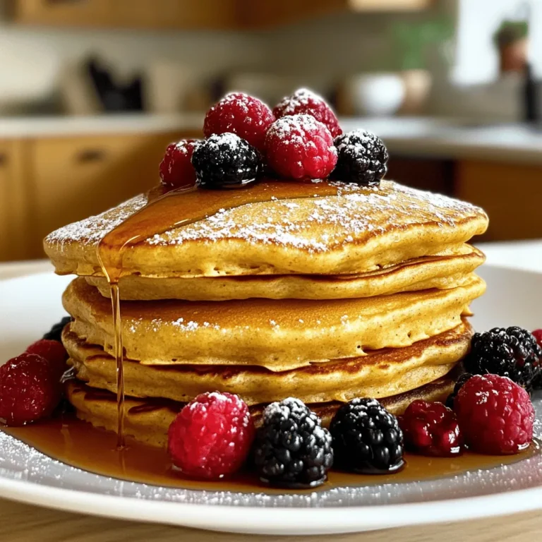 To make my fluffy eggless pancakes, gather these key ingredients: - 1 cup all-purpose flour - 1 tablespoon granulated sugar - 1 tablespoon baking powder - 1/8 teaspoon fine sea salt - 1 cup milk (you can use plant-based milk) - 2 tablespoons vegetable oil (or melted coconut oil) - 1 teaspoon pure vanilla extract - Optional toppings: fresh seasonal fruits, maple syrup, whipped cream, or chocolate chips These ingredients work together to create a fluffy and tasty pancake that everyone will love. If you lack any of the ingredients, don't worry! Here are some easy swaps: - All-purpose flour: Use whole wheat flour for added fiber. - Granulated sugar: Try maple syrup or honey for a natural sweetener. - Milk: Almond, soy, or oat milk work just as well. - Vegetable oil: Applesauce can replace oil for a lower-fat option. These substitutes keep your pancakes delicious while catering to various diets. Toppings can take your pancakes to the next level. Here are some ideas you might enjoy: - Fresh seasonal fruits like berries or bananas - A drizzle of maple syrup for natural sweetness - A dollop of whipped cream for richness - A sprinkle of chocolate chips for a sweet twist Feel free to mix and match these toppings. They add flavor and fun to your eggless pancakes. Enjoy your creation with your favorite additions! 1. First, sift together: - 1 cup all-purpose flour - 1 tablespoon granulated sugar - 1 tablespoon baking powder - 1/8 teaspoon fine sea salt This helps mix the dry ingredients well. Sifting also adds air, making your pancakes lighter. 2. In another bowl, whisk together: - 1 cup milk (you can use plant-based milk) - 2 tablespoons vegetable oil (or melted coconut oil) - 1 teaspoon pure vanilla extract Mix until smooth. This step adds flavor and moisture to your batter. 3. Pour the wet mixture into the dry ingredients. Gently fold the batter using a spatula or whisk. 4. It’s okay if there are lumps. This keeps your pancakes fluffy! - Preheat your non-stick skillet or griddle over medium heat. - Lightly grease with a small amount of oil or cooking spray to prevent sticking. - For each pancake, pour about 1/4 cup of the batter onto the hot skillet. - Watch for bubbles on the surface. This shows they are ready to flip. It takes about 2-3 minutes. - Carefully flip each pancake using a spatula. Cook for 1-2 more minutes until golden brown. - If they cook too fast, lower the heat. You want them cooked through but fluffy! - Look for a light golden color on both sides. - The pancakes should feel soft and spring back when touched. - If they are thick and fluffy, that means you nailed it! Serve warm with your favorite toppings. Enjoy your fluffy eggless pancakes and check out the Full Recipe for more tips! To make eggless pancakes fluffy, you need the right mix. The key is using baking powder. It acts as a leavening agent, helping your pancakes rise. Mixing dry and wet ingredients separately is crucial. Always combine them gently. This keeps air bubbles intact, which makes for fluffy pancakes. Avoid over-mixing the batter; a few lumps are okay. They add to the texture. You can make your pancakes taste even better. Add vanilla extract for a sweet aroma. For a twist, try almond or coconut extract. You can also mix in spices like cinnamon or nutmeg. This gives depth to the flavor. If you want something fruity, mash in some ripe bananas or mix in blueberries. These additions elevate your pancakes from simple to special. Many people make errors when cooking pancakes. One mistake is cooking on too high heat. This can burn the outside while leaving the inside raw. Keep the heat on medium for even cooking. Another error is using old baking powder. Check the expiration date before you start. Lastly, don’t skip the resting time after mixing. Letting the batter sit for a few minutes helps improve the texture. For more details, check out the Full Recipe. {{image_4}} You can easily make your pancakes vegan. Just use plant-based milk instead of cow's milk. Almond, soy, or oat milk all work well. You can also swap vegetable oil for melted coconut oil. This adds a nice flavor. The rest of the steps stay the same. You will still get fluffy and tasty pancakes. If you need gluten-free pancakes, choose a gluten-free flour mix. Many stores sell these blends. You can also use almond flour or coconut flour. Just remember, these flours may need more liquid. Start with the same recipe, but adjust the milk as needed. Your pancakes will still be fluffy and delicious. Get creative with your pancakes! You can add different flavors to the batter. Try mixing in mashed bananas or applesauce for sweetness. You could also fold in chocolate chips or nuts for crunch. Fresh berries add a lovely pop of color and flavor. Experiment with spices like cinnamon or nutmeg for a warm twist. Each new flavor makes breakfast exciting! If you want more ideas, check the Full Recipe for inspiration. To store leftover pancakes, let them cool first. Then, stack them with parchment paper in between. This prevents sticking. Place the stack in an airtight container. They stay fresh for up to three days in the fridge. If you plan to eat them later, freezing is a great option. When reheating pancakes, use the microwave or a skillet. For the microwave, place one pancake on a plate. Heat for about 20-30 seconds. For the skillet, warm it on medium heat and add a little oil. Cook the pancake for about a minute on each side. This keeps them soft and warm. To freeze pancakes, allow them to cool completely. Then, place them in a single layer on a baking sheet. Freeze for about an hour. Once frozen, transfer them to a freezer bag. Remove as much air as possible. They can last for up to two months. When you want to eat them, just follow the reheating tips! Yes, you can use other types of flour. Whole wheat flour gives a nutty taste. Oat flour is a great gluten-free option. Just remember, different flours may change the texture. If you use whole wheat, add a bit more liquid to the batter. This helps keep your pancakes light and fluffy. To make your pancakes fluffier, you can try a few tricks. First, sift your dry ingredients before mixing. This adds air and makes them lighter. Second, don’t overmix the batter; a few lumps are okay. Lastly, let the batter rest for about 5-10 minutes. This allows the baking powder to work better, giving you fluffier pancakes. Eggless pancakes can be healthy, depending on your ingredients. Using whole grain flour adds fiber. Adding fruits like bananas or blueberries boosts vitamins. You can also reduce sugar for a healthier option. Remember, the toppings you choose can affect health too. Fresh fruit or yogurt are great choices over syrup or cream. For the full recipe, check out the [Full Recipe]. This blog post covered how to make delicious eggless pancakes. We explored the key ingredients and tasty toppings. I shared simple steps and cooking tips for fluffy results. I highlighted ways to enhance flavor and avoid common mistakes. We also discussed variations like vegan and gluten-free pancakes. Finally, I provided storage and reheating tips to enjoy leftovers. Now you can make perfect eggless pancakes that everyone will love!