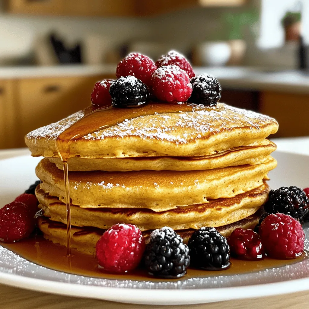 To make my fluffy eggless pancakes, gather these key ingredients: - 1 cup all-purpose flour - 1 tablespoon granulated sugar - 1 tablespoon baking powder - 1/8 teaspoon fine sea salt - 1 cup milk (you can use plant-based milk) - 2 tablespoons vegetable oil (or melted coconut oil) - 1 teaspoon pure vanilla extract - Optional toppings: fresh seasonal fruits, maple syrup, whipped cream, or chocolate chips These ingredients work together to create a fluffy and tasty pancake that everyone will love. If you lack any of the ingredients, don't worry! Here are some easy swaps: - All-purpose flour: Use whole wheat flour for added fiber. - Granulated sugar: Try maple syrup or honey for a natural sweetener. - Milk: Almond, soy, or oat milk work just as well. - Vegetable oil: Applesauce can replace oil for a lower-fat option. These substitutes keep your pancakes delicious while catering to various diets. Toppings can take your pancakes to the next level. Here are some ideas you might enjoy: - Fresh seasonal fruits like berries or bananas - A drizzle of maple syrup for natural sweetness - A dollop of whipped cream for richness - A sprinkle of chocolate chips for a sweet twist Feel free to mix and match these toppings. They add flavor and fun to your eggless pancakes. Enjoy your creation with your favorite additions! 1. First, sift together: - 1 cup all-purpose flour - 1 tablespoon granulated sugar - 1 tablespoon baking powder - 1/8 teaspoon fine sea salt This helps mix the dry ingredients well. Sifting also adds air, making your pancakes lighter. 2. In another bowl, whisk together: - 1 cup milk (you can use plant-based milk) - 2 tablespoons vegetable oil (or melted coconut oil) - 1 teaspoon pure vanilla extract Mix until smooth. This step adds flavor and moisture to your batter. 3. Pour the wet mixture into the dry ingredients. Gently fold the batter using a spatula or whisk. 4. It’s okay if there are lumps. This keeps your pancakes fluffy! - Preheat your non-stick skillet or griddle over medium heat. - Lightly grease with a small amount of oil or cooking spray to prevent sticking. - For each pancake, pour about 1/4 cup of the batter onto the hot skillet. - Watch for bubbles on the surface. This shows they are ready to flip. It takes about 2-3 minutes. - Carefully flip each pancake using a spatula. Cook for 1-2 more minutes until golden brown. - If they cook too fast, lower the heat. You want them cooked through but fluffy! - Look for a light golden color on both sides. - The pancakes should feel soft and spring back when touched. - If they are thick and fluffy, that means you nailed it! Serve warm with your favorite toppings. Enjoy your fluffy eggless pancakes and check out the Full Recipe for more tips! To make eggless pancakes fluffy, you need the right mix. The key is using baking powder. It acts as a leavening agent, helping your pancakes rise. Mixing dry and wet ingredients separately is crucial. Always combine them gently. This keeps air bubbles intact, which makes for fluffy pancakes. Avoid over-mixing the batter; a few lumps are okay. They add to the texture. You can make your pancakes taste even better. Add vanilla extract for a sweet aroma. For a twist, try almond or coconut extract. You can also mix in spices like cinnamon or nutmeg. This gives depth to the flavor. If you want something fruity, mash in some ripe bananas or mix in blueberries. These additions elevate your pancakes from simple to special. Many people make errors when cooking pancakes. One mistake is cooking on too high heat. This can burn the outside while leaving the inside raw. Keep the heat on medium for even cooking. Another error is using old baking powder. Check the expiration date before you start. Lastly, don’t skip the resting time after mixing. Letting the batter sit for a few minutes helps improve the texture. For more details, check out the Full Recipe. {{image_4}} You can easily make your pancakes vegan. Just use plant-based milk instead of cow's milk. Almond, soy, or oat milk all work well. You can also swap vegetable oil for melted coconut oil. This adds a nice flavor. The rest of the steps stay the same. You will still get fluffy and tasty pancakes. If you need gluten-free pancakes, choose a gluten-free flour mix. Many stores sell these blends. You can also use almond flour or coconut flour. Just remember, these flours may need more liquid. Start with the same recipe, but adjust the milk as needed. Your pancakes will still be fluffy and delicious. Get creative with your pancakes! You can add different flavors to the batter. Try mixing in mashed bananas or applesauce for sweetness. You could also fold in chocolate chips or nuts for crunch. Fresh berries add a lovely pop of color and flavor. Experiment with spices like cinnamon or nutmeg for a warm twist. Each new flavor makes breakfast exciting! If you want more ideas, check the Full Recipe for inspiration. To store leftover pancakes, let them cool first. Then, stack them with parchment paper in between. This prevents sticking. Place the stack in an airtight container. They stay fresh for up to three days in the fridge. If you plan to eat them later, freezing is a great option. When reheating pancakes, use the microwave or a skillet. For the microwave, place one pancake on a plate. Heat for about 20-30 seconds. For the skillet, warm it on medium heat and add a little oil. Cook the pancake for about a minute on each side. This keeps them soft and warm. To freeze pancakes, allow them to cool completely. Then, place them in a single layer on a baking sheet. Freeze for about an hour. Once frozen, transfer them to a freezer bag. Remove as much air as possible. They can last for up to two months. When you want to eat them, just follow the reheating tips! Yes, you can use other types of flour. Whole wheat flour gives a nutty taste. Oat flour is a great gluten-free option. Just remember, different flours may change the texture. If you use whole wheat, add a bit more liquid to the batter. This helps keep your pancakes light and fluffy. To make your pancakes fluffier, you can try a few tricks. First, sift your dry ingredients before mixing. This adds air and makes them lighter. Second, don’t overmix the batter; a few lumps are okay. Lastly, let the batter rest for about 5-10 minutes. This allows the baking powder to work better, giving you fluffier pancakes. Eggless pancakes can be healthy, depending on your ingredients. Using whole grain flour adds fiber. Adding fruits like bananas or blueberries boosts vitamins. You can also reduce sugar for a healthier option. Remember, the toppings you choose can affect health too. Fresh fruit or yogurt are great choices over syrup or cream. For the full recipe, check out the [Full Recipe]. This blog post covered how to make delicious eggless pancakes. We explored the key ingredients and tasty toppings. I shared simple steps and cooking tips for fluffy results. I highlighted ways to enhance flavor and avoid common mistakes. We also discussed variations like vegan and gluten-free pancakes. Finally, I provided storage and reheating tips to enjoy leftovers. Now you can make perfect eggless pancakes that everyone will love!