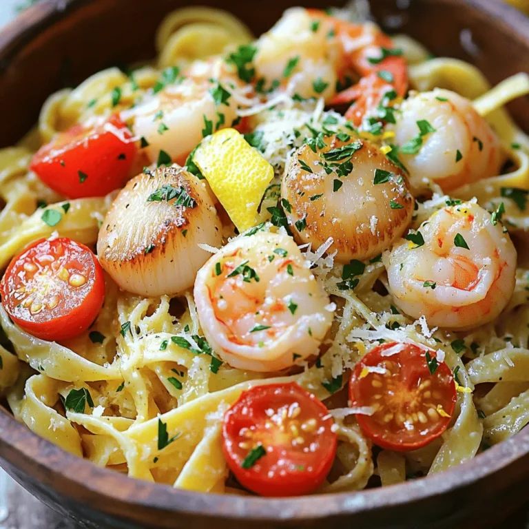 Here is everything you need for this tasty dish: - 8 oz spaghetti or fettuccine pasta - 1 lb fresh scallops, cleaned and patted dry - 1 lb shrimp, peeled and deveined - 6 tablespoons unsalted butter - 4 cloves garlic, finely minced - 1 teaspoon red pepper flakes (optional for heat) - 1 cup cherry tomatoes, halved - 1 medium lemon, zested and juiced - 1/4 cup fresh parsley, chopped - Salt and freshly ground black pepper to taste - Grated Parmesan cheese, for serving Fresh, quality ingredients make a big difference. The pasta forms the base and gives the dish its heart. Scallops and shrimp add a rich flavor that makes each bite special. Garlic brings out the best in seafood, while the lemon brightens everything. Don't forget the fresh parsley for a pop of color and taste. For those who like a little kick, red pepper flakes can be a nice touch. Using these ingredients, you can create a beautiful meal that impresses friends and family. Check the [Full Recipe] for detailed steps to follow. Enjoy cooking! To make perfect pasta, start with a big pot of salted water. Bring it to a rolling boil. Add 8 oz of spaghetti or fettuccine and cook it until al dente. This usually means cooking it for about 1-2 minutes less than the package says. Before you drain the pasta, save 1 cup of the starchy pasta water. This water helps the sauce stick later. After reserving the water, drain the pasta and set it aside. For great seared scallops, use a hot skillet. Melt 3 tablespoons of unsalted butter over medium-high heat. Season 1 lb of cleaned scallops with salt and pepper. When the butter is sizzling, gently add the scallops. Sear them for 2-3 minutes on each side. They should be golden brown and opaque. Once done, take them out and place them on a plate. In the same skillet, lower the heat to medium and add the rest of the butter. Wait until it melts, then add 4 cloves of finely minced garlic and 1 teaspoon of red pepper flakes if you like heat. Sauté for about 30 seconds until the garlic smells great. Now, toss in 1 lb of peeled and deveined shrimp. Cook for 2-3 minutes, stirring often, until the shrimp turn pink. Next, add 1 cup of halved cherry tomatoes to the skillet. Cook for another minute until the tomatoes soften. Return the seared scallops to the pan. Squeeze the juice from 1 medium lemon over everything, and add the lemon zest. Stir gently to mix the flavors well. Now for the fun part! Add the cooked pasta to the skillet. Toss everything together so the pasta gets coated in the garlic butter sauce. If the sauce feels too thick, add some of the reserved pasta water slowly until you like the consistency. Make sure the pasta is evenly coated. Fold in 1/4 cup of chopped fresh parsley. Taste your dish and adjust the salt and pepper if needed. Serve the pasta hot. For an elegant touch, sprinkle grated Parmesan cheese on top. You can also add a sprig of parsley and a lemon wedge for a nice look. Enjoy this meal that combines so many amazing flavors! Check out the Full Recipe for detailed steps. - Recommended cooking times: For scallops, cook 2-3 minutes per side. Shrimp need about 2-3 minutes until pink. Pasta should be al dente, usually around 8-10 minutes. - Adjusting spice levels: If you like heat, add more red pepper flakes. For milder flavor, leave them out or reduce the amount. - Best pans for searing: Use a large skillet with a heavy bottom or cast iron. These help get a good sear on scallops and shrimp. - Essential tools for pasta preparation: A large pot for boiling pasta and a colander for draining are key. Tongs work great for tossing pasta with sauce. - Suggested wines to pair: A crisp white wine, like Sauvignon Blanc, complements the seafood well. You can also try a light Pinot Grigio. - Additional herbs and spices to try: Fresh basil or thyme can add a nice twist. A touch of smoked paprika gives a unique flavor boost. For the full recipe, check out the details above. {{image_4}} You can easily swap the seafood in this dish. Try using fish like cod or halibut. These options give a nice, flaky texture. You can also use lobster or crab for a more luxurious feel. If you prefer a lighter dish, switch to shrimp and scallops only. For a vegan or vegetarian twist, use mushrooms instead of seafood. Portobello or oyster mushrooms can add a meaty texture. You can also use firm tofu. This change keeps the dish flavorful while being plant-based. Cheese can change the flavor of this pasta. Adding feta cheese gives a tangy taste. Creamy goat cheese adds richness, while a sharp blue cheese brings boldness. Each cheese will create a unique twist. Incorporating seasonal vegetables can also enhance the dish. Fresh asparagus or zucchini adds crunch and color. You can toss in spinach or arugula for a touch of green. These veggies make the pasta healthier and more vibrant. If gluten is a concern, try gluten-free pasta. Options like brown rice or quinoa pasta work well. They will absorb the garlic butter sauce nicely without losing flavor. You can also switch up the noodles. Instead of spaghetti or fettuccine, use penne or linguine. Each type of noodle will give a different eating experience. Just make sure to adjust cooking times as needed. For the full recipe, check the section above! To keep your garlic butter scallop and shrimp pasta fresh, follow these steps: - Refrigeration: Place leftovers in an airtight container. Store them in the fridge for up to 3 days. This keeps the flavors intact and prevents spoilage. - Freezing: If you want to freeze, use a freezer-safe container. This dish can stay frozen for up to 2 months. However, scallops and shrimp may lose some texture when thawed. To enjoy your pasta again, use these reheating methods: - Best Method: Heat the pasta in a skillet over low heat. Add a splash of water or broth to prevent sticking. Stir gently until warmed through. - Refreshing Flavors: To boost the taste, add a little fresh garlic or a squeeze of lemon juice while reheating. This brings back the vibrant flavors of the dish. For the full recipe and more cooking tips, refer to the Full Recipe provided above. Garlic butter scallop and shrimp pasta can last up to three days in the fridge. Store it in an airtight container to keep it fresh. Always check for any off smells or changes in texture before eating. Yes, you can make garlic butter scallop and shrimp pasta ahead of time. Cook the pasta and seafood, then store them separately. Mix them together right before serving for the best taste and texture. You can serve garlic butter scallop and shrimp pasta with: - A simple green salad - Garlic bread - Roasted vegetables - A light white wine, like Sauvignon Blanc These sides balance the rich flavors of the pasta. To reheat the pasta, use a skillet over low heat. Add a splash of water or broth to keep it moist. Stir gently until heated through. This method helps maintain the dish's creamy texture. You can enhance garlic butter scallop and shrimp pasta with these spices: - Fresh basil for a sweet touch - Thyme for earthiness - Oregano for a hint of warmth - Black pepper for a little kick - A pinch of paprika for color and depth These spices can boost flavor and create a unique twist. For the full recipe, check the section above. This dish of garlic butter scallop and shrimp pasta combines fresh seafood with rich flavors. We covered the key ingredients, tips for cooking pasta, and how to perfect your dish. Remember to adjust spice levels to suit your taste. You can try different seafood or pasta types for fun twists. This recipe is easy to follow and great for impressing guests. Enjoy every bite and share it with family and friends for a delightful meal experience. Happy cooking!