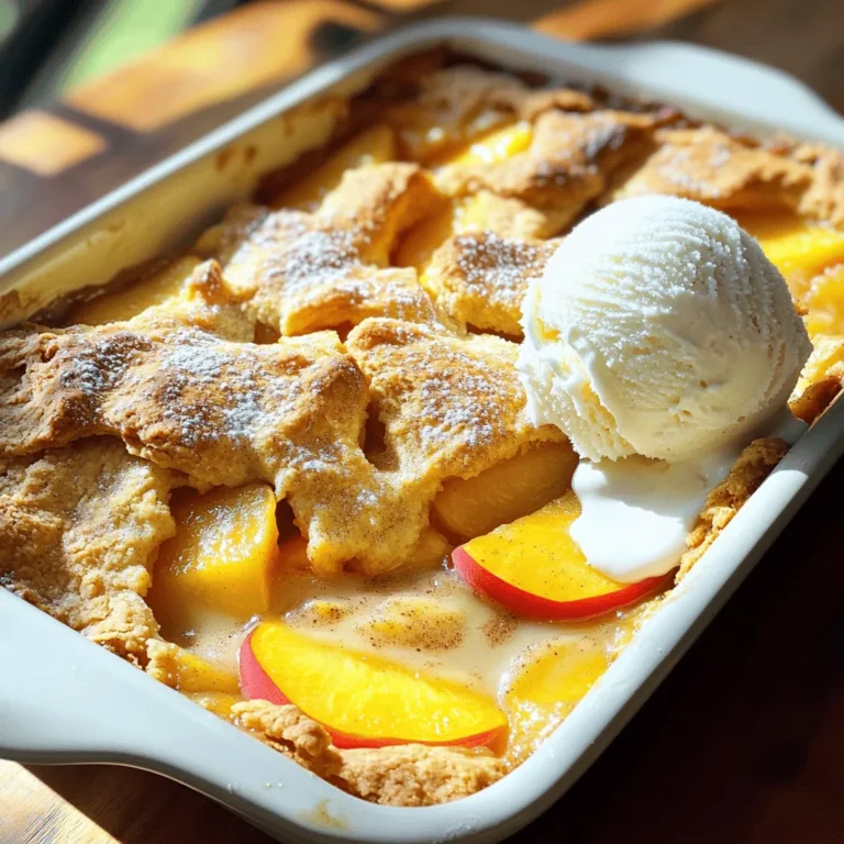 For this cobbler, use ripe, fresh peaches. You need about 4 cups, peeled and sliced. Look for peaches that are slightly soft to the touch. The flavor shines when they are in season. If you want a sweeter taste, choose peaches that have a vibrant color. You will need 1 cup of granulated sugar, split into two parts. Use 1/2 cup for the peaches and 1/2 cup for the dry mix. The sugar brings out the peach flavors. You can adjust the sweetness based on your taste. For a hint of depth, I like to add a spoonful of brown sugar sometimes. For the dry mix, gather these items: - 1 cup all-purpose flour - 1 teaspoon baking powder - 1/2 teaspoon baking soda - 1/4 teaspoon salt - 1 tablespoon cornstarch These ingredients help create a soft and fluffy texture. The cornstarch helps thicken the peach juice as it cooks. Make sure to mix them well. This is key for a nice rise in your cobbler. If you want to explore, try adding a touch of cinnamon for flavor. You can find the Full Recipe for detailed steps. Start by preheating your oven to 350°F (175°C). This step is key for even baking. A hot oven helps make the cobbler golden and tasty. Next, take 4 cups of fresh peaches. Peel and slice them. In a large bowl, mix the sliced peaches with 1/2 cup of sugar, 2 teaspoons of lemon juice, 1 teaspoon of cinnamon, and 1 tablespoon of cornstarch. Toss gently until the peaches are coated. Let this sit for about 10 minutes. This resting time allows the flavors to blend well. In another bowl, combine 1 cup of flour, 1 teaspoon of baking powder, 1/2 teaspoon of baking soda, 1/4 teaspoon of salt, and the remaining 1/2 cup of sugar. Whisk these dry ingredients together. Then, pour in 6 tablespoons of melted butter, 1 cup of milk, and 1 teaspoon of vanilla extract. Stir until just mixed. The batter should look a bit lumpy, which is fine for a rustic style. Now, pour the batter into a greased 9x13-inch baking dish. Spread it evenly. Carefully spoon the peach mixture over the batter. Let the juices flow but keep the layers separate. This helps create a lovely contrast while baking. Place the dish in the oven and bake for 40-45 minutes. You'll know it's done when the top is golden brown and bubbling. Once it’s ready, take it out and let it cool for at least 10 minutes. Enjoy your warm cobbler with vanilla ice cream for a perfect treat. For the full recipe, check the details above! To get a great texture, don’t overmix your batter. Mix just until the dry and wet ingredients combine, leaving some lumps. This helps create a nice, rustic feel. Also, spoon the peach filling over the batter gently. This allows the juice to flow down but keeps the layers separate. The result is a cobbler with a golden top and juicy fruit below. You can boost the flavor in many ways. Consider adding a pinch of nutmeg along with cinnamon for depth. A splash of almond extract can also give a nice twist. If you want more tartness, mix in a bit of diced fresh ginger. For a fun twist, try adding a tablespoon of bourbon to the peach filling. It adds warmth and richness. One common mistake is using too much sugar. While you want sweetness, the peaches bring their own natural sugars. Use the recipe's sugar amounts as a guide. Avoid baking at a temperature that’s too high. This can lead to burnt edges and raw centers. Finally, let the cobbler cool for at least ten minutes after baking. This helps the filling set, making it easier to serve. For more detailed instructions, check out the Full Recipe. {{image_4}} You can swap some ingredients for a twist. Use brown sugar instead of white for a deeper flavor. Try almond milk instead of regular milk for a nutty taste. If you’re out of cornstarch, try flour to thicken the peach filling. Boost the flavor with spices. Adding nutmeg can give a warm touch. A dash of ginger can add a spark of heat. For a hint of citrus, mix in some orange zest. These small changes can make a big difference. Peaches are great, but you can mix it up. Fresh berries like blueberries or raspberries work well. Apples provide a nice crunch and sweetness. Cherries offer a tart flavor that contrasts nicely with the sweetness. Get creative and enjoy the process! For the full recipe, check out the Rustic Peach Delight Cobbler. To keep your cobbler fresh, let it cool first. Then, cover it tightly with plastic wrap or foil. You can store it in the fridge for up to three days. This way, the flavors stay great, and the texture remains nice. If you want to enjoy it later, always remember to keep it sealed well. If you want to save your cobbler for longer, freezing is a good option. Cut the cobbler into pieces and place them in airtight containers. You can also wrap individual slices in plastic wrap and then put them in a freezer bag. This method helps keep the flavor and texture for about three months. Just remember to label the bags, so you know what’s inside! To reheat your cobbler, the oven works best. Preheat it to 350°F (175°C). Place the cobbler in a baking dish and cover it with foil. Heat it for about 20 minutes, or until it’s warm. If you want a crispy top, remove the foil for the last five minutes. You can also use the microwave for quick reheating, but the texture may not be as good. Enjoy your warm cobbler again, just like when you first baked it! For more tips, check out the Full Recipe. To make Old Fashioned Peach Cobbler gluten-free, swap all-purpose flour for a gluten-free blend. Look for one that works well in baking. You can also use almond flour or coconut flour. Adjust the amount of liquid if needed. The cobbler will still taste great and have a nice texture. Yes, you can use canned peaches in your cobbler. Make sure to drain them well to avoid extra juice. Canned peaches are softer, so the cobbler may have a different texture. If you like a firmer bite, fresh peaches are the best choice. The best way to serve Old Fashioned Peach Cobbler is warm. A scoop of vanilla ice cream on top adds a delicious contrast. You can also sprinkle extra cinnamon for a nice touch. If you want, serve it with whipped cream or a drizzle of caramel sauce. For the full recipe, check out the details above! You learned about making Old Fashioned Peach Cobbler. We explored the key ingredients, step-by-step methods, and helpful tips. Don’t forget to try variations for your own twist. Proper storage keeps it tasty longer. Remember to ask questions about gluten-free options or using canned peaches. This cobbler is more than just a dessert; it’s a warm memory. Enjoy creating and sharing this classic treat with loved ones. Understanding each step will help you make the best peach cobbler ever. Get cooking and savor every bite!