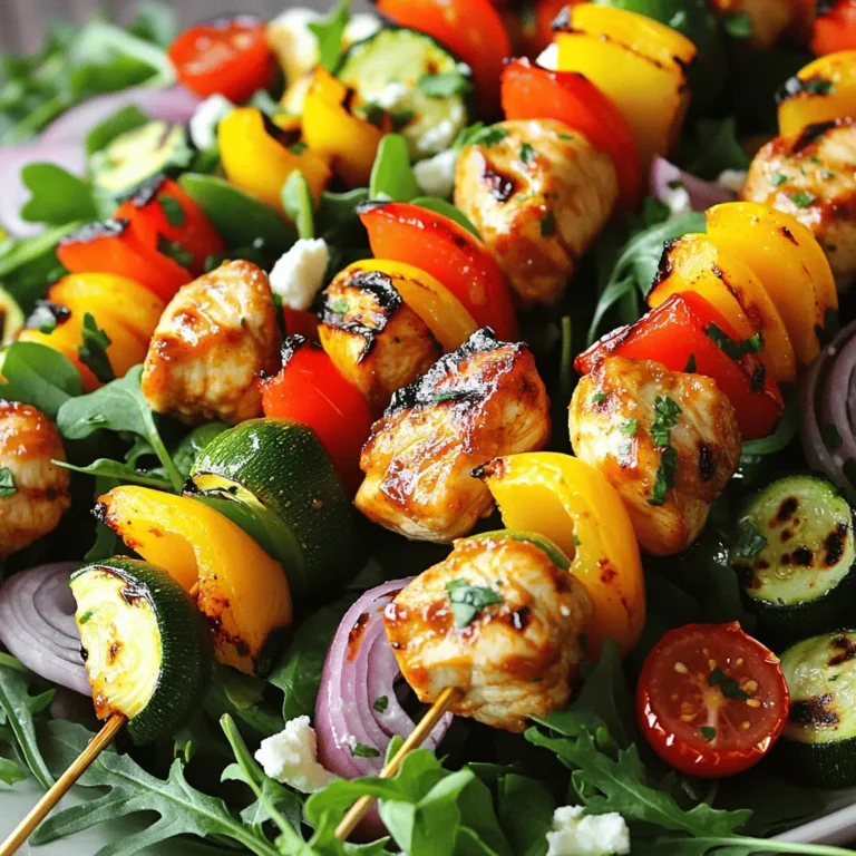 - 2 large chicken breasts, cut into 1-inch cubes - 1 cup assorted bell peppers (red, yellow, green), chopped into 1-inch pieces - 1 medium red onion, cut into wedges - 1 medium zucchini, sliced into rounds - 1 tablespoon extra-virgin olive oil - 2 tablespoons of your favorite BBQ sauce - 1 tablespoon honey for a touch of sweetness - Sea salt and freshly cracked pepper to taste - 4 cups mixed salad greens (a blend of arugula, spinach, and romaine) - 1/2 cup cherry tomatoes, halved for a pop of color - 1/4 cup crumbled feta cheese, optional for a tangy kick - Fresh parsley, roughly chopped for a vibrant garnish - Cheese and Garnishes - Feta cheese adds a nice salty bite. - Chopped nuts can add a crunch. - Alternative Proteins - You can use shrimp or tofu instead of chicken. - Beef or pork works well too. - Additional Vegetables - Try adding cucumbers for extra freshness. - Avocado can give a creamy texture. Using fresh and colorful ingredients makes this BBQ chicken skewer salad a true feast for the eyes and the taste buds. The combination of marinated chicken and vibrant veggies creates a healthy and satisfying meal. For the full recipe, check out the detailed preparation steps. - Marinating the Chicken Start by cutting the chicken breasts into 1-inch cubes. In a mixing bowl, add the chicken, extra-virgin olive oil, BBQ sauce, honey, sea salt, and cracked pepper. Mix everything well, so each piece gets coated. Cover the bowl with plastic wrap. Place it in the fridge for at least 30 minutes. This time allows the flavors to blend well. - Assembling Skewers After marinating, it’s time to get skewering! Take your marinated chicken and thread it onto skewers. Alternate the chicken cubes with colorful bell peppers, red onion wedges, and zucchini rounds. This not only adds flavor but also makes the skewers look great. - Preheating the Grill While you prepare the skewers, preheat your grill or grill pan to medium-high heat. A hot grill will help achieve nice grill marks and a great char on the chicken. - Cooking the Skewers Place the skewers on the grill. Cook them for about 10-12 minutes. Turn them occasionally to ensure even cooking. The chicken should reach an internal temperature of 165°F. For added flavor, brush some BBQ sauce on the skewers in the last few minutes of cooking. - Combining Salad Ingredients In a large bowl, toss together the mixed salad greens, halved cherry tomatoes, and crumbled feta cheese if you want that tangy kick. The bright colors will make the salad look fresh and inviting. - Plating and Presentation Once the skewers are grilled, let them rest for a minute. Arrange the skewers on top of the salad. Garnish with chopped parsley for a burst of color. If you like, drizzle some extra BBQ sauce over the top for added flavor. This BBQ Chicken Skewer Salad is not just tasty; it looks amazing too! For the complete recipe, check [Full Recipe]. Achieving Perfect Grill Marks To get those perfect grill marks, heat your grill well. Use medium-high heat for the best results. Make sure your grill grates are clean and oiled. Place the skewers at an angle on the grill. After a few minutes, rotate them for those classic crosshatch marks. This not only looks great but adds flavor from the char. Avoiding Dry Chicken To keep your chicken juicy, don’t overcook it. Aim for a cooking time of 10 to 12 minutes. Always check the internal temperature. It should reach 165°F for safety. Marinating the chicken helps lock in moisture. The honey in the marinade adds sweetness and keeps it tender. Pairing with Side Dishes This BBQ chicken skewer salad pairs well with many sides. Try cornbread for a sweet touch or baked beans for heartiness. A light coleslaw adds crunch and balances the meal. You can also serve it with grilled corn on the cob. These sides enhance the flavors of your dish. Creative Ways to Serve For a fun twist, serve the salad in a large bowl. Let guests build their own plates with skewers on top. You could also use small plates for individual servings. Arrange skewers and salad artfully. This makes your meal feel special and inviting. Using Different BBQ Sauces Experiment with various BBQ sauces to find your favorite. A tangy vinegar-based sauce adds zest. A sweet and smoky sauce brings comfort. You can even try spicy sauces for a kick. Each sauce changes the skewer's flavor profile, making it unique. Adding Herbs and Spices Fresh herbs and spices can elevate your salad. Try adding chopped cilantro or basil for brightness. A sprinkle of smoked paprika or cumin gives depth. You can mix in garlic powder or onion powder in the marinade too. This simple addition makes a big difference in taste. For more detailed instructions, check out the Full Recipe. {{image_4}} Gluten-Free Options You can easily make this salad gluten-free. Use gluten-free BBQ sauce to ensure no gluten sneaks in. Check labels on sauces and dressings to be safe. Vegetarian Alternatives For a tasty vegetarian twist, swap chicken for firm tofu or tempeh. Marinate the tofu in the same BBQ sauce for great flavor. Add extra veggies like mushrooms or eggplant for more texture. Spicy BBQ Chicken Skewers Want a kick? Mix in some cayenne pepper or chili powder in your BBQ sauce. You can also serve with a spicy dipping sauce. This will spice up your salad and give it a fun twist. Asian-Inspired Salad Version Try an Asian spin! Replace BBQ sauce with teriyaki sauce for a new flavor. Add sesame oil and some sliced green onions for extra zing. Serve with a sprinkle of sesame seeds on top for crunch. Summer Veggie Additions Summer is perfect for fresh veggies. Add corn, cherry tomatoes, or cucumbers to your salad. These bright flavors make your dish feel light and refreshing. Fall-inspired Ingredients As the weather cools, swap in autumn veggies like roasted butternut squash or Brussels sprouts. Toss in some dried cranberries or walnuts for a seasonal touch. These changes will warm up your meal perfectly. For the full recipe, check out BBQ Chicken Skewer Salad with a Twist. - Best Practices for Refrigeration After making your BBQ chicken skewer salad, let it cool to room temperature. Place any leftovers in an airtight container. Store it in the fridge. This keeps your meal fresh and safe to eat for later. Enjoy your salad within three days for the best taste. - Freezing Chicken Skewers If you have leftover chicken skewers, you can freeze them. Wrap each skewer tightly in plastic wrap. Then, place them in a freezer bag. Be sure to remove as much air as possible before sealing. This helps prevent freezer burn. You can freeze them for up to three months. - Best Methods for Reheating To reheat your chicken skewers, the oven works best. Preheat your oven to 350°F. Place the skewers on a baking sheet and cover them with foil. Heat for about 10-15 minutes. You can also use a microwave. Heat on a microwave-safe plate for 1-2 minutes, checking often. - Tips to Maintain Flavor If you want to keep the flavor strong, brush the skewers with a bit of BBQ sauce before reheating. This adds moisture and taste. Avoid reheating the salad, as fresh greens lose their crunch. - Recommended Storage Timeframes Your BBQ chicken skewer salad lasts about three days in the fridge. Chicken skewers can stay fresh in the freezer for up to three months. Always check for freshness before eating. - Signs of Spoilage Look for changes in color or smell. If the chicken looks dull or has an off odor, discard it. Wilting greens or slimy texture are also signs your salad is no longer good. Always trust your senses when it comes to food safety. - Alternative Proteins: You can use shrimp, beef, or pork. These meats add unique flavors and textures. Cut them into similar-sized pieces to ensure even cooking. - Plant-Based Options: Try tofu or tempeh for a vegan twist. Firm tofu holds up well on skewers. Marinate it just like chicken to soak up all the flavors. - Prepping Ingredients in Advance: Yes! You can chop the veggies and marinate the chicken a day before. Just keep them in the fridge until you’re ready to grill. - Storing Marinated Chicken: Store the marinated chicken in an airtight container. This keeps it fresh and ready for grilling later. - Popular BBQ Sauce Brands: Look for brands like Sweet Baby Ray’s or Stubbs. They offer bold flavors that work well for grilling. - Homemade BBQ Sauce Recommendations: Making your own is easy! Combine ketchup, brown sugar, and vinegar for a tangy taste. Add spices like paprika and garlic for extra flavor. This blog post covered key steps for making delicious chicken skewers and salad. We explored main and optional ingredients, ensuring you have choices for every taste. The grilling process was detailed, alongside tips for perfecting flavors. Variations and storage tips help you adapt and maintain your dish. Cooking can be fun and easy. With practice, you can master this recipe and impress others. Enjoy your tasty creations and share them with friends!